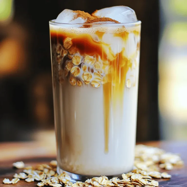 - Freshly brewed espresso or strong coffee - Creamy oat milk - Pure vanilla extract - Maple syrup - Ground cinnamon (optional) - Ice cubes - Oat flakes (optional garnish) To make a great Iced Vanilla Oat Latte, gather these fresh ingredients. Start with freshly brewed espresso or strong coffee. This gives your drink a rich base. Make sure the coffee cools down before mixing. Next, use creamy oat milk. It adds a smooth texture and a slight sweetness. Then, add pure vanilla extract. This gives your latte its signature flavor. For sweetness, include maple syrup. You can adjust the amount based on your taste. If you want an extra touch, sprinkle in ground cinnamon. It adds warmth and depth to the drink. Don’t forget the ice cubes; they keep your latte refreshing. Lastly, you can use oat flakes for a fun garnish. They add crunch and look nice on top. Now that you have all your ingredients, you’re ready to create this delightful drink. For the Full Recipe, check the instructions section. To start, you need to brew your coffee. Use fresh espresso or strong coffee. Here are some tips for brewing it perfectly: - Choose quality coffee beans. Fresh beans give the best taste. - Use the right grind size. For espresso, it should be fine. - Brew it at the right temperature. About 200°F works well. Once you brew the coffee, let it cool. You can leave it at room temperature. Or, place it in the fridge for faster cooling. This step is key. It ensures your latte stays cold and refreshing. Now, it's time to mix the coffee with oat milk and vanilla. Here’s how to combine them: - Pour the cooled coffee into a large glass or bowl. - Add one cup of creamy oat milk. This gives a nice, smooth texture. - Add one tablespoon of pure vanilla extract for flavor. - Sweeten it up with one to two tablespoons of maple syrup. Adjust based on your taste. Stir everything well. Make sure the syrup is fully dissolved. This mix is what makes your iced vanilla oat latte special! Next, prepare your glass for serving. Here’s what to do: - Take a tall glass and fill it with ice cubes. Leave some space at the top. - Gently pour your oat latte mixture over the ice. Fill it to the brim. For a nice touch, sprinkle some oat flakes on top. This adds a great look and a bit of crunch. Before drinking, give it a light stir to mix the flavors. Now you're ready to enjoy your iced vanilla oat latte! To get the best flavor, balance is key. Start with quality espresso or strong coffee. The oat milk should be creamy and smooth. Vanilla extract adds warmth and depth. You can adjust the maple syrup to fit your taste. If you love sweet drinks, add more syrup. If you prefer less sweetness, start with one tablespoon. Feel free to play with flavors. A sprinkle of ground cinnamon adds a nice touch. Experiment with other spices too, like nutmeg or cocoa powder. Each choice gives your drink a new twist. For making lattes at home, a good blender or mixer is helpful. A high-speed blender can blend your ingredients quickly and evenly. You can also use a hand frother for that creamy texture. When serving, choose tall glasses to show off your drink. Clear glasses let you see the layers of coffee and oat milk. Plus, they make your drink look fancy. Using fun straws can add to the experience too. {{image_4}} You can make your iced vanilla oat latte even more tasty. Try adding flavored syrups. Hazelnut or caramel work great. Just stir in a tablespoon or two. This adds a fun twist to the drink. You can also switch up the milk. While oat milk is creamy, other alternatives can shine too. Almond milk adds a nutty flavor. Coconut milk brings a tropical touch. Each choice changes the taste, so experiment until you find your favorite. Seasonal flavors can make your latte special. In fall, add pumpkin spice. Just a sprinkle makes a warm, cozy drink. It’s like autumn in a cup. During summer, cold brew is a refreshing choice. Brew your coffee cold for a smoother taste. Mix it with oat milk and vanilla for a cool drink on hot days. Each season offers a new way to enjoy your iced vanilla oat latte! To keep your oat milk fresh, store it in the fridge. Make sure to check the expiration date. If you open it, use it within 7 to 10 days. Keep the lid tightly closed to avoid spoilage. For brewed coffee, let it cool before storing. Pour the coffee into a sealed container. It will stay good in the fridge for up to a week. Avoid leaving it out at room temperature. This can lead to a sour taste. If you have leftover iced vanilla oat latte, store it in the fridge. Use a sealed container to keep it fresh. Drink it within two days for the best taste. Reheating is not ideal for iced lattes. Instead, consider making a coffee smoothie. Blend the latte with some ice and fruit for a tasty treat! To make an Iced Vanilla Oat Latte, start by brewing coffee. Use 1 cup of espresso or strong coffee. Let it cool to room temperature. In a bowl, mix the cooled coffee with 1 cup of creamy oat milk. Add 1 tablespoon of pure vanilla extract and 1-2 tablespoons of maple syrup. Stir well to combine all the flavors. You can add a pinch of ground cinnamon for extra taste. Next, fill a tall glass with ice cubes. Pour the latte mixture over the ice, filling the glass. If you want, sprinkle oat flakes on top for a nice finish. Stir gently and enjoy! Yes, you can use various milk alternatives. While the recipe calls for creamy oat milk, you can try almond milk, soy milk, or coconut milk. Each type will change the taste slightly. If you like a richer flavor, go for full-fat milk or dairy cream. The key is to choose a milk that you enjoy. An Iced Vanilla Oat Latte has about 200-300 calories per serving. This depends on the milk used and how much syrup you add. Oat milk is a good source of fiber and vitamins. It is also lower in calories compared to whole milk. If you use maple syrup, it adds natural sweetness and minerals. Overall, this drink can be a tasty treat without too much guilt. You can find the Full Recipe for the Iced Vanilla Oat Latte here. Enjoy making your own refreshing drink! Making an Iced Vanilla Oat Latte at home is easy and fun. We covered the key ingredients, brewing tips, and step-by-step instructions. You can mix oat milk, espresso, and sweeteners to match your taste. Remember to experiment with flavors and enjoy your custom drink. With proper storage, you can keep your ingredients fresh for future lattes. This drink should fit into your everyday routine, offering a tasty treat anytime. Enjoy your delicious creation, and don't hesitate to share your new skills with friends!