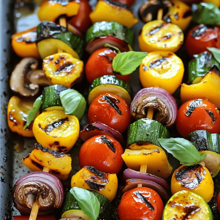 - 1 medium zucchini, sliced into thick rounds - 1 bell pepper (choose your favorite color), cut into 1-inch chunks - 1 medium red onion, cut into wedges - 1 cup cherry tomatoes (preferably mixed colors for visual appeal) - 1 medium yellow squash, sliced into thick rounds - 8 oz cremini mushrooms, halved - 4 tablespoons extra virgin olive oil - 2 tablespoons balsamic vinegar - 2 cloves garlic, finely minced - 1 teaspoon dried oregano - 1 teaspoon smoked paprika - Salt and freshly cracked pepper to taste - Fresh basil leaves for garnish When you gather these ingredients, think about how each one adds flavor. The zucchini and squash give a nice crunch. Colorful bell peppers and sweet cherry tomatoes make it bright. The red onion adds a mild sweetness, while the mushrooms bring an earthy taste. The marinade is key. Olive oil keeps the veggies juicy. Balsamic vinegar adds a tangy sweetness. Garlic gives a punch of flavor. Dried oregano and smoked paprika bring depth. Don’t forget salt and pepper to make everything pop! Once you have all these ingredients, you are ready to start making your tasty grilled vegetable skewers. Check out the Full Recipe for more details! Start with a big mixing bowl. Add four tablespoons of extra virgin olive oil. Then, pour in two tablespoons of balsamic vinegar. Next, add two cloves of finely minced garlic. Toss in one teaspoon of dried oregano and one teaspoon of smoked paprika. Finish with salt and freshly cracked pepper. Whisk until it smells amazing. Now, it’s time to add the vegetables. Place the zucchini rounds, bell pepper chunks, onion wedges, cherry tomatoes, yellow squash rounds, and halved mushrooms into the bowl. Gently mix everything. Make sure each piece is coated in that tasty marinade. Let the veggies sit for about 10 minutes. This helps the flavors soak in. Preheat your grill to medium-high heat. If you use wooden skewers, soak them in water for at least 30 minutes. This stops them from burning. Carefully thread the marinated veggies onto the skewers. Mix up the colors for a fun look. Aim for 4-5 pieces of veggies per skewer. When the grill is hot, place the skewers on it. Cook for 10-15 minutes. Turn them often to cook evenly. You want them to be tender with nice grill marks. Once done, take them off the grill and let them rest for 2-3 minutes. Sprinkle torn basil leaves on top before serving. For the full recipe, check the details above. Enjoy your grilled vegetable skewers! To grill your skewers well, start with a clean grill. Heat it to medium-high. This helps the veggies cook evenly. Place the skewers at an angle to the grill grates. This method helps cook the vegetables without sticking. To get those pretty grill marks, don't flip the skewers too soon. Let them sit for about three to four minutes. Check for good sear marks before turning. If you want more marks, rotate them 90 degrees halfway through cooking. Soak wooden skewers for at least 30 minutes before using them. This step is key to preventing burning. Use a bowl of water, and add some weight to keep them submerged. You can also add flavor by soaking them in broth or wine. This little trick makes your skewers taste better while grilling. {{image_4}} You can use many kinds of vegetables for your skewers. Try mixing and matching based on what you like. Here are some great ideas: - Eggplant - Asparagus - Cauliflower florets - Sweet corn - Pineapple chunks Each of these adds a unique taste. For example, eggplant gives a rich flavor, while corn adds sweetness. Just cut them into pieces that will fit on your skewers easily. Marinades can change the whole taste of your grilled veggies. Here are some tasty options: - Lemon juice and thyme - Soy sauce and ginger - Yogurt and mint These marinades not only add flavor but also tenderize the vegetables. Let them soak for about 15 minutes. This will help the veggies absorb the flavors well. You can serve grilled vegetable skewers with many sides and dips. Here are some favorites: - Hummus - Tzatziki sauce - Quinoa salad These pair well with the skewers. Hummus adds creaminess, while tzatziki gives a refreshing taste. Quinoa salad can be a hearty side. You can find the full recipe [here](Full Recipe). Enjoy mixing and matching these ideas! To store leftover grilled vegetable skewers, let them cool first. Place them in an airtight container. You can keep them in the fridge for up to three days. If you want to keep them longer, freezing is a better choice. When you're ready to eat leftovers, you have a few options for reheating. You can use the microwave for quick heat. Place the skewers on a plate and cover them with a damp paper towel. Heat for 30 seconds to 1 minute. You can also reheat them on the grill. This method helps keep the smoky flavor. Just grill them for about 5 minutes over low heat, turning occasionally. If you want to freeze grilled vegetable skewers, first remove the veggies from the skewers. Place the veggies in a single layer on a baking sheet. Freeze them for an hour, then transfer them to a freezer-safe bag. This way, they won't stick together. You can store them in the freezer for up to three months. When you're ready to use them, just thaw them overnight in the fridge. You can then reheat as mentioned above. Enjoy your flavorful grilled veggies anytime! For a full recipe, check out the vibrant grilled vegetable skewers. Yes, you can use frozen vegetables for skewers. However, fresh vegetables are better. Frozen veggies have more water. This can make them mushy when grilled. If you use frozen, thaw them first. Pat them dry to remove excess moisture. This helps keep them firm and tasty. You can tell the vegetables are done by looking at them. They should be tender and have nice grill marks. When a fork goes in easily, they are ready. Each vegetable cooks a bit differently. Zucchini and bell peppers may take less time than mushrooms. Keep an eye on them while grilling. Many dips go well with grilled vegetable skewers. Here are a few great options: - Hummus - Tzatziki - Garlic aioli - Ranch dip - Pesto Each dip adds a new flavor. You can mix and match to find what you love best. Enjoy exploring these tasty options! Grilling vegetable skewers is fun and easy. We covered tasty ingredients, from fresh veggies to zesty marinades. You learned step-by-step methods for marinating and grilling. I shared tips for the best grilling and how to achieve those perfect marks. Explore variations to suit your taste and consider storage tips for leftovers. Remember, this dish is adaptable. You can create a healthy meal that fits your style. Now, it’s your turn to fire up the grill and enjoy delicious skewers!