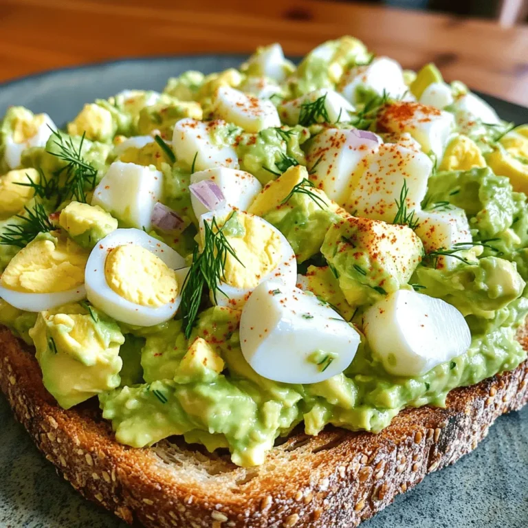 - 4 large eggs - 1 ripe avocado - 2 tablespoons plain Greek yogurt - 1 tablespoon Dijon mustard - 1 tablespoon fresh lemon juice - 1/4 small red onion, finely chopped - 1/4 cup celery, finely diced - Salt and pepper to taste - Fresh dill or chives for garnish Gathering the right ingredients is key to making this creamy delight. Start with fresh, large eggs. They provide a rich base. The ripe avocado adds creaminess and flavor. I love using plain Greek yogurt for a tangy twist. Dijon mustard gives it a nice kick, while the lemon juice brightens every bite. The red onion and celery add crunch and taste. Don't skip the seasoning! Salt and pepper balance the flavors. Garnish with fresh dill or chives for a pop of color and freshness. Each ingredient plays a role in creating a delicious avocado egg salad. You can find the full recipe mentioned above for more detailed steps on how to prepare each ingredient. To start making the avocado egg salad, we need to cook the eggs. First, take a medium pot and fill it with cold water. Place the eggs in the pot, making sure the water covers them by about an inch. Bring the water to a strong boil on medium-high heat. Once it starts boiling, turn the heat down to low. Let the eggs simmer. For soft-boiled eggs, simmer for about 9 minutes. For hard-boiled, go for about 12 minutes. Adjust the time based on how you like your yolks. While the eggs cook, grab a ripe avocado. Slice it in half lengthwise and carefully remove the pit. To scoop out the creamy flesh, use a spoon. Place the flesh in a mixing bowl. Now comes the fun part! Use a fork to mash the avocado. You want it to be smooth but still have some texture. If you like it creamier, mash it a little more. This is key for that velvety feel in your salad. Once the eggs are cooked, take them out and put them in a bowl of ice water. Let them cool for about 5 minutes. This helps in peeling the eggs easily. After they've cooled, carefully peel off the shells. Chop the eggs into small, bite-sized pieces. Now it’s time to mix everything together. Add the chopped eggs to the mashed avocado. Stir in the Greek yogurt, Dijon mustard, and fresh lemon juice. Mix well until everything is combined and creamy. Next, add the finely chopped red onion and diced celery. These will add a nice crunch. Season with salt and freshly ground pepper to taste. Finally, taste your salad. If you want more flavor, feel free to add fresh dill or chives. These herbs will add a lovely touch to your dish. For the full recipe, check out the link! Enjoy your creamy avocado egg salad! To make your avocado egg salad smooth, mash the avocado well. Use a fork to break it down into a creamy paste. If you like a chunkier texture, mash it less. It adds a fun bite to your salad. For seasoning, start small. Add salt and pepper little by little. Taste as you go. This helps balance the flavors. You can also add a touch of more lemon juice for brightness. Present your salad in style! Serve it on whole grain toast for a hearty meal. You can also scoop it into crisp lettuce leaves for a fresh touch. For extra flair, garnish with dill or chives. They add color and flavor. A sprinkle of paprika also looks great on top. This salad is packed with nutrients. Eggs provide protein, while avocados offer healthy fats. Greek yogurt adds probiotics, promoting gut health. This dish is naturally gluten-free. It fits many diets. You can enjoy it as a light lunch or snack. {{image_4}} You can easily change this avocado egg salad by adding more veggies. Bell pepper adds a nice crunch and color. You can also try carrots, cucumbers, or even diced pickles for a tangy twist. If you have dietary restrictions, substitute the Greek yogurt with mashed tofu or a vegan mayo. This keeps it creamy while making it dairy-free. You can also swap the eggs for chickpeas if you want a plant-based option. Spice it up by adding hot sauce or a sprinkle of smoked paprika. These spices bring warmth and depth to the dish. If you like fresh herbs, try basil or cilantro. Each herb gives the salad a unique taste. Mixing in garlic powder or onion powder can also enhance the flavor. Just a little can make a big difference! To keep your avocado egg salad fresh, store it in an airtight container. This helps keep moisture in and air out. Place a piece of plastic wrap directly on the salad before sealing the lid. This keeps the salad from browning. It tastes best when eaten within 2-3 days. After that, it may lose its creamy texture and flavor. You can freeze avocado egg salad, but it may change the texture. The avocado can become watery when thawed. If you want to freeze it, use a freezer-safe container. Leave some space at the top for expansion. When you're ready to eat it, thaw it in the fridge overnight. After thawing, mix it well before enjoying. The taste may not be the same as fresh, but it’s still a quick meal option. To make creamy avocado egg salad, focus on the texture. Start with a ripe avocado. Mash it well until smooth. This gives the salad a rich and creamy feel. Add in Greek yogurt for extra creaminess. Mix gently to keep some small chunks of egg. This adds bite and keeps it from being too mushy. Yes, you can make this salad ahead of time. Store it in an airtight container in the fridge. It stays fresh for up to two days. To serve, just give it a good stir. If it seems dry, add a splash of lemon juice or a little yogurt. A ripe avocado feels soft but not mushy. Gently press the skin with your fingers. If it yields slightly, it’s ready. The color should be dark green or almost black. Avoid avocados that are too hard or have dark spots. Absolutely! This avocado egg salad is great for meal prep. You can batch cook the eggs and mix everything together. Divide it into single servings. Store each portion in the fridge. This makes it easy to grab for lunch or a snack. You learned how to make a creamy avocado egg salad. We covered all needed steps, from cooking eggs to mixing flavors. Remember to check ripeness and adjust seasonings for your taste. Don’t hesitate to try different herbs or add-ins for more fun. This dish is healthy, tasty, and easy to store. Enjoy making it your own!