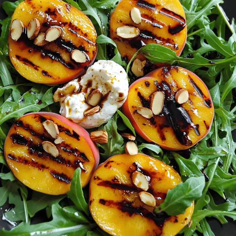 - 2 ripe peaches, halved and pitted - 1 tablespoon extra virgin olive oil - Kosher salt and freshly cracked black pepper, to taste - 4 cups fresh arugula or a mix of leafy greens - 8 oz creamy burrata cheese - ¼ cup toasted almonds, roughly chopped - ¼ cup balsamic glaze - Fresh basil leaves, for garnish When you make this Grilled Peach Burrata Salad, you need just a few key ingredients. Each one plays a big role in the flavor and texture. The peaches bring sweetness, while the burrata adds creaminess. The arugula gives a nice peppery bite. The toasted almonds add crunch, and the balsamic glaze ties everything together with a sweet tang. You can even add fresh basil leaves for a pop of color and taste. I love how simple ingredients can create such a beautiful dish. - Calories: Approximately 300 per serving - Fats: 22g - Protein: 8g - Carbohydrates: 20g This salad is not just tasty; it also offers health benefits. Peaches are low in calories and high in vitamins A and C. They support eye health and boost your immune system. Arugula is rich in vitamins and minerals. It helps with digestion and adds fiber. Burrata is creamy and delicious, providing protein and healthy fats. Almonds are good for your heart and give you energy. Overall, this dish is a great choice for a healthy meal or snack. You can enjoy this salad while knowing it’s good for you! For the complete recipe, check out the [Full Recipe]. - Preheat grill or grill pan to medium-high heat. - Brush peach halves with olive oil, salt, and pepper. To start, I heat my grill or grill pan to medium-high heat. This helps the peaches caramelize nicely. While my grill heats up, I prepare the peaches. I cut them in half and remove the pit. Then, I brush the cut sides with olive oil. A sprinkle of salt and pepper adds a touch of flavor and enhances the natural sweetness of the peaches. - Grill peaches cut side down for 4-5 minutes. - Remove and set aside to cool. Next, I place the peaches cut side down on the grill. I let them cook for 4 to 5 minutes. I look for those beautiful grill marks, which mean they are ready. Once grilled, I carefully remove them and set them aside to cool. The grilling process brings out the peaches' natural sugars, making them even sweeter. - Create a base of arugula in the serving bowl. - Tear and place burrata on greens. - Slice and arrange peaches around burrata. - Add almonds and drizzle with balsamic glaze. - Garnish with basil leaves. Now for the fun part—assembly! I take a large serving bowl and create a bright base of arugula. The fresh greens add a peppery bite. I then gently tear the burrata cheese into pieces, placing them on top of the greens. The creamy texture of burrata pairs perfectly with the grilled peaches. Next, I slice the peaches into wedges and artfully arrange them around the burrata. I love the contrast of the warm peaches and the cool cheese. I then scatter toasted almonds over the salad. They add a nice crunch to each bite. Finally, I drizzle balsamic glaze all over the salad. This adds a sweet and tangy touch that ties all the flavors together. I finish with fresh basil leaves for color and aroma. This salad is a true delight, and you can find the Full Recipe for all the details above! To achieve perfect grill marks on your peaches, start with a clean grill. Preheat it to medium-high heat. Brush your peach halves with olive oil. This helps them avoid sticking and gives them a nice sear. Place the peaches cut side down. Let them cook for about 4-5 minutes without moving them. This ensures nice grill lines and caramelization. If you don’t have a grill, you can use a griddle or stovetop pan. Heat it well and follow the same oiling and cooking steps. You can still get great flavor without a grill! To boost the flavor of your grilled peaches, try adding some spices. A pinch of cinnamon can add warmth. Fresh thyme or rosemary adds a nice herbal touch. You can sprinkle these on before grilling. If you need an alternative to balsamic glaze, try honey or maple syrup. Drizzle these over the salad for a sweet touch. A splash of lemon juice can also add brightness to the dish. For a beautiful display, serve the salad on a large, shallow platter. This lets the colors pop. You can also use individual bowls for a personal touch. Drizzle extra balsamic glaze on the plate for added flair. Garnishing is key! Use fresh basil leaves to add color and aroma. Consider adding edible flowers for an extra visual boost. These small touches make your salad stand out and look professional. {{image_4}} You can change the salad by adding protein. Grilled chicken adds a nice, savory touch. Shrimp also works well, bringing a sweet flavor. If you want a plant-based option, try tofu. For cheese, you can swap burrata for feta. Feta gives a nice salty kick. Goat cheese is another great choice. It brings creaminess and a tangy flavor. You can also switch up the dressing. A honey vinaigrette adds sweetness and pairs well with peaches. A citrus dressing, made with lemon or lime, brightens the dish and adds zest. If you want to make this salad vegan, skip the cheese. You can use a vegan cheese option or leave it out. A simple olive oil and vinegar mix works well too. In the summer, use fresh peaches. But when peaches are out of season, try nectarines. They have a similar taste and texture. Plums are another great choice, adding a sweet and juicy bite. As the seasons change, adapt your salad to use what’s fresh. In fall, add roasted squash for warmth. In winter, try pomegranate seeds for a burst of color and flavor. Each season offers new ways to enjoy this salad. To keep your grilled peach burrata salad fresh, store leftovers in a sealed container. This helps prevent drying and keeps flavors strong. You can store it in the fridge for up to three days. The peaches will soften, but they still taste great. The burrata may lose some creaminess but remains delicious. I do not recommend freezing the salad. The texture of peaches and burrata changes when frozen. If you must freeze, store only the grilled peaches. Wrap them in plastic and place in an airtight bag. When ready to use, thaw them in the fridge overnight. To refresh your salad, take it out of the fridge and let it sit for a few minutes. This helps bring back the flavors. If the greens look wilted, consider adding fresh arugula. You can also drizzle a bit more balsamic glaze for added flavor. Gently mix the salad to combine the ingredients, then serve. This will make it look and taste great again. You can prep the salad in parts. Grill the peaches and store them in the fridge. You can also wash and dry the greens. Keep the burrata cheese wrapped until you're ready to serve. Assemble everything just before you eat. This keeps the salad fresh and tasty. If you do not have burrata, try using fresh mozzarella. It has a similar creamy texture. Goat cheese is another good choice. It adds a tangy flavor that pairs well with peaches. Yes, this salad is naturally gluten-free. All the ingredients listed are free from gluten. Just make sure any balsamic glaze you use is gluten-free. Some brands may add gluten, so check the label. Fresh basil is a great choice for this salad. It adds a sweet and aromatic touch. Mint is another option that gives a refreshing flavor. You can also try arugula for a spicy kick. Use these herbs to boost the taste of your dish. This blog post detailed a delicious grilled peach and burrata salad. We covered the ingredients, from juicy peaches to creamy burrata and flavorful arugula. You learned how to prepare, grill, and assemble this fresh dish easily. We also shared tips for grilling and creative variations. Remember, you can adapt this salad for every season, and it stores well for later use. Enjoy experimenting with flavors and presentations to make it your own. This salad is sure to impress at any meal!