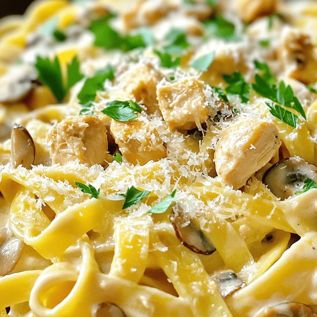 - 8 ounces fettuccine or spaghetti - 1 pound boneless, skinless chicken breast - 2 cups cremini or button mushrooms - 3 cloves garlic - 1 medium onion - 1 cup heavy cream - 1 tablespoon extra virgin olive oil - 1 teaspoon dried thyme - 1/2 cup freshly grated Parmesan cheese When you gather these ingredients, you're on your way to a delicious meal. The fettuccine or spaghetti forms the base of the dish. I love using fresh chicken breast; it cooks quickly and stays juicy. The mushrooms add a rich flavor that pairs perfectly with the cream sauce. For the additional ingredients, garlic and onion bring depth. They form the aromatic base of your sauce. The heavy cream is key for that creamy finish that makes this dish so comforting. Don't forget the seasonings! Extra virgin olive oil helps cook the chicken and gives a lovely flavor. Dried thyme adds a nice herbal note, while the Parmesan cheese makes everything taste even better. This dish is not just tasty; it’s simple and quick. You can find the full recipe to guide you step by step. Enjoy the process of cooking and savor your savory chicken and mushroom pasta! To start, bring a large pot of salted water to a rolling boil. Add 8 ounces of fettuccine or spaghetti. Cook the pasta according to the package directions until it is al dente. This usually takes about 8-10 minutes. When the pasta is ready, drain it but save about 1 cup of the pasta water. This water is important for later. It helps make the sauce creamy and smooth. While the pasta cooks, heat 1 tablespoon of extra virgin olive oil in a large skillet over medium heat. Add 1 pound of diced boneless, skinless chicken breast to the skillet. Cook the chicken for about 6-8 minutes, stirring occasionally. You want it golden brown and fully cooked. Season the chicken with salt and freshly ground black pepper. This will boost the flavor. Once done, take the chicken out and set it aside on a plate. In the same skillet, add 1 medium onion, finely chopped, and 3 cloves of minced garlic. Sauté these for about 3 minutes. You want the onion to turn translucent and fragrant. Next, add 2 cups of sliced cremini or button mushrooms to the skillet. Cook the mushrooms for about 5 minutes, stirring now and then. They should soften and release their moisture. Now, sprinkle 1 teaspoon of dried thyme and 1 teaspoon of Italian seasoning blend over the mushrooms. Stir to mix it well. Pour in 1 cup of heavy cream and bring the mixture to a gentle simmer. Let it thicken for about 3-5 minutes, stirring often. Finally, return the cooked chicken to the skillet. Mix it well with the sauce. If the sauce is too thick, gradually add some reserved pasta water until you reach your desired consistency. Now, add the drained pasta to the skillet. Toss everything together until the pasta is well coated with the sauce. Stir in 1/2 cup of freshly grated Parmesan cheese until it melts and creates a rich, creamy texture. Taste and adjust the seasoning with more salt or pepper if needed. For more detail, check the [Full Recipe]. Enjoy creating this delightful dish! To make your chicken and mushroom pasta really shine, consider adding a dash of lemon juice or zest. It brightens up the dish. Fresh herbs like basil or oregano also add great flavor. You can use a splash of white wine while cooking the chicken. This adds depth and richness. For cooking techniques, try searing the chicken on high heat. This gives it a nice golden crust. When cooking mushrooms, don't crowd the pan. This helps them brown nicely. To thicken your sauce, let it simmer longer. Stir it often to avoid burning. You can also add a bit of grated cheese. This helps create a creamy texture. If your sauce is too thick, use reserved pasta water. Slowly add it in, mixing well. This water has starch that helps the sauce stick to the pasta. For plating, use a large bowl or individual plates. Twirl the pasta with a fork for a neat look. Top each serving with a sprinkle of fresh parsley. This adds color and a fresh taste. To elevate your dish, add more grated Parmesan on top. A light sprinkle of cracked black pepper adds a nice touch. Enjoy your beautiful and tasty meal! {{image_4}} You can change the protein in this dish to fit your taste. If you want to try other meats, consider using shrimp or turkey. Both blend well with the creamy sauce and mushrooms. If you're looking for vegetarian options, tofu or chickpeas work great. They add protein and soak up the flavors. If you have dietary restrictions, you can swap the chicken for plant-based alternatives. Many brands offer delicious meatless chicken that mimics the texture and taste. This makes it easy for everyone to enjoy this dish. Switching up the type of pasta can give your meal a fresh twist. You can use penne, rigatoni, or even whole wheat pasta. Each choice brings its own flavor and texture. If you need gluten-free options, look for pasta made from rice, corn, or lentils. These options are tasty and keep the dish light. If you're looking for dairy-free options, substitute heavy cream with coconut milk or cashew cream. Both will provide a rich and creamy texture. You can also add veggies to boost flavor. Spinach, broccoli, or bell peppers can enhance the dish. Just sauté them with the onions and garlic for added taste. For the full recipe, check out Heavenly Chicken & Mushroom Fettuccine. To keep chicken and mushroom pasta fresh, store it in an airtight container. Always let it cool first before sealing. Place the container in the fridge. It should last for 3 to 4 days. Use glass or BPA-free plastic containers for the best results. To freeze chicken and mushroom pasta, follow these steps: 1. Allow the dish to cool completely. 2. Place it in a freezer-safe container or heavy-duty freezer bag. 3. Remove as much air as possible before sealing. 4. Label the container with the date. It can stay frozen for up to 2 months. When ready to eat, thaw it in the fridge overnight. To reheat your pasta, use these methods: - Stovetop: Heat in a skillet over medium heat. Add a splash of water or broth to prevent sticking. - Microwave: Place in a microwave-safe bowl. Cover with a damp paper towel and heat in 1-minute intervals. Avoid overcooking by checking often. Stir to ensure even heating. Enjoy your meal! For the full recipe, check out Heavenly Chicken & Mushroom Fettuccine. Chicken and mushroom pasta lasts about 3 to 4 days in the fridge. Store it in an airtight container. This keeps the pasta fresh and safe to eat. Make sure to cool it to room temperature before putting it in the fridge. This helps prevent bacteria growth. Yes, you can make chicken and mushroom pasta ahead of time. Cook the dish and let it cool completely. Then, store it in the fridge. When you are ready to eat, reheat it on low heat. Add a splash of cream or pasta water to keep it creamy. Side dishes that pair well include: - Garlic bread - A fresh green salad - Steamed vegetables - Roasted asparagus These options add variety and color to your meal. Yes, chicken and mushroom pasta is great for meal prep. You can store individual portions in containers. This makes it easy to grab a meal on busy days. Just remember to keep the pasta sauce separate if you want to avoid soggy noodles. You can use dried mushrooms if fresh ones are not available. Just soak them in warm water for about 20 to 30 minutes. Drain and chop them before adding to the dish. This way, you still get rich mushroom flavor in your pasta. For the best results, use a mix of dried and fresh mushrooms if you can. In this post, we covered how to make a tasty Chicken and Mushroom Pasta. You learned about key ingredients like chicken, mushrooms, and pasta. We walked through each step, from cooking the pasta to making a creamy sauce. You now have tips to boost flavor and present your dish well. Remember, you can adapt this recipe with different proteins or sauces. Keep it fresh by following our storage tips. Enjoy cooking and sharing this delicious meal!