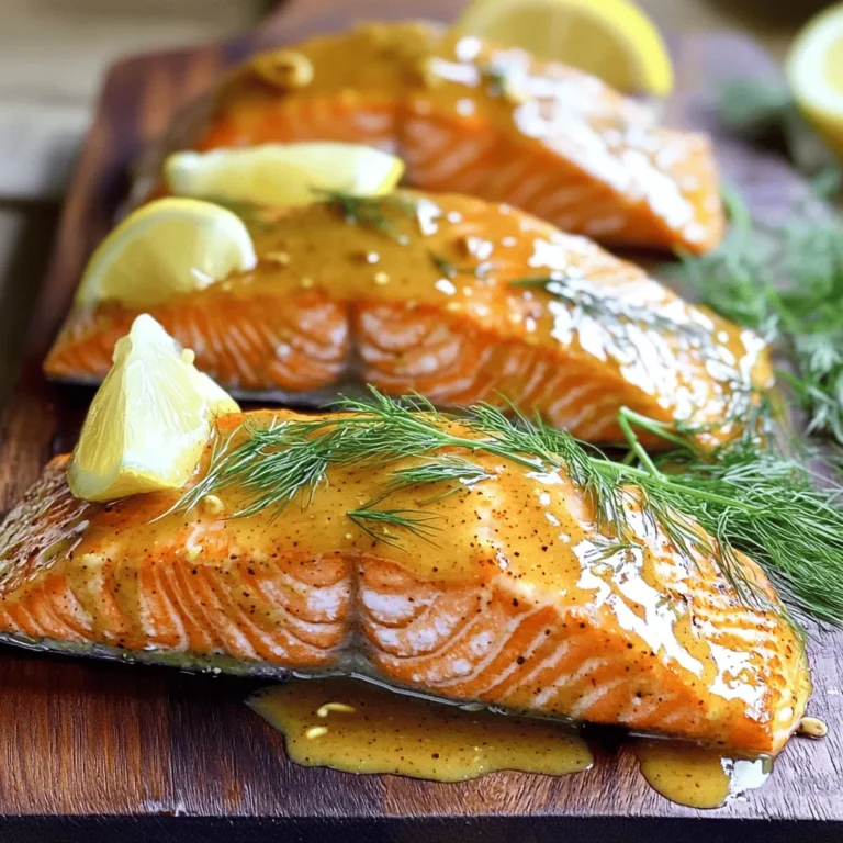 - 6 salmon fillets (approximately 150-200g each) - 1/4 cup of honey - 1/4 cup of Dijon mustard - 2 tablespoons of extra virgin olive oil - 2 tablespoons of freshly squeezed lemon juice - 1 teaspoon of garlic powder - 1 teaspoon of smoked paprika - Salt and freshly ground black pepper to taste - Fresh dill or parsley, finely chopped, for garnish - Lemon wedges, for serving When I make honey mustard glazed salmon, I love how simple and tasty it is. The main ingredients bring a sweet and tangy flavor that pairs well with salmon. You’ll need six salmon fillets, each about 150 to 200 grams. This size ensures that they cook evenly. Next, I mix one-fourth cup of honey with one-fourth cup of Dijon mustard. This glaze is the star of the dish. It gives the salmon a beautiful shine and a burst of flavor. I also add a few additional ingredients to enhance the taste. Two tablespoons of extra virgin olive oil help the glaze stick and add richness. Freshly squeezed lemon juice brightens up the dish. I like to sprinkle in one teaspoon of garlic powder and smoked paprika for extra depth. For serving, I recommend using salt and black pepper to taste. Finally, fresh dill or parsley adds a pop of color and flavor. Lemon wedges are great for squeezing over the salmon right before eating. If you want to see how to put all these ingredients together, check out the Full Recipe. - Preheat the oven to 200°C (400°F). - Line a baking tray with parchment paper or grease it with cooking spray. Start by warming your oven. Preheating helps the salmon cook evenly. Lining your tray with parchment makes cleanup easier. Greasing it also works to stop the fish from sticking. - Combine honey, Dijon mustard, olive oil, lemon juice, garlic powder, smoked paprika, and seasoning. - Whisk until the mixture is smooth. Next, let’s prepare the glaze. In a bowl, mix honey and Dijon mustard. Add olive oil and lemon juice. Sprinkle in garlic powder and smoked paprika. This blend gives the salmon a sweet and tangy taste. Whisk until it looks nice and smooth. - Lay salmon fillets on the baking tray, skin-side down. - Brush the glaze generously over each fillet. - Bake for 12-15 minutes, basting halfway. Now, place the salmon fillets on the tray, skin-side down. Use a brush to cover each fillet with the glaze. Make sure every part gets some sauce. Bake the salmon for about 12-15 minutes. Halfway through, baste the salmon with the reserved glaze for extra flavor. - Switch to broil for 2-3 minutes for caramelization. - Garnish and serve. For a crispy top, turn on the broiler. Broil the salmon for 2-3 minutes. Watch it closely to prevent burning. Once done, take out the salmon and let it rest. Garnish with fresh dill or parsley. Serve with lemon wedges for a fresh kick. For the full recipe, check out the details provided. To cook salmon well, timing matters. For fillets around 1 inch thick, bake for 12 to 15 minutes. Thicker fillets need more time, about 15 to 18 minutes. Always check for doneness by looking for color change. Perfect salmon looks opaque and flakes easily with a fork. Want more flavor? Try adding herbs like thyme or rosemary. You can also include spices like cumin or chili powder for a kick. Marinate the salmon for a few hours to deepen flavors. A longer marinating time lets the salmon soak up the glaze well. For a beautiful plate, use a rustic wooden platter or bright dinner plates. Place the salmon in the center, and add colorful sides like steamed veggies or fluffy quinoa. Garnish with fresh herbs and lemon wedges for a pop of color. This makes the dish not just tasty but also a feast for the eyes. For an easy way to prepare this dish, refer to the Full Recipe. {{image_4}} If you want to cut sugar, use a sugar-free honey substitute. You can try agave nectar or a low-calorie sweetener. These options keep the glaze sweet without all the sugar. For gluten-free choices, replace Dijon mustard with a gluten-free version. Many brands offer gluten-free mustards that taste great. You can grill or bake honey mustard salmon. Grilling gives it a smoky flavor and nice grill marks. Baking is easier and keeps the fish moist. If you want to try other appliances, use an Instant Pot or air fryer. In the Instant Pot, cook on high for about 3-5 minutes. For the air fryer, set it to 180°C (350°F) and cook for 10-12 minutes. Both methods yield tasty results. Adding fruits can make your glaze exciting. Try mixing in diced apricots or peaches for a sweet twist. You can also add spicy elements like chili flakes or sriracha for a kick. These additions bring new life to your honey mustard salmon and keep dinner interesting. For the full recipe, check out the Honey Mustard Glazed Salmon Delight. To keep your honey mustard glazed salmon fresh, refrigerate it within two hours. Place the salmon in an airtight container. This will help keep the moisture in. Use a shallow container for faster cooling. If you have extra glaze, store it separately. Cooked salmon lasts about three days in the fridge. When it’s time to enjoy leftovers, avoid drying out the salmon. The best way to reheat is in the oven. Preheat your oven to 175°C (350°F). Place the salmon on a baking sheet and cover it with foil. This keeps the moisture in. Heat for about 10-15 minutes, until warm. You can also use a microwave, but be careful. Heat it in short bursts of 30 seconds. Check often to prevent drying. Freezing your honey mustard glazed salmon is a great option for longer storage. Wrap each fillet tightly in plastic wrap. Then, place them in a freezer bag. Remove as much air as possible before sealing. This helps prevent freezer burn. The salmon can stay good for up to three months. When ready to eat, thaw it in the fridge overnight. This keeps the flavor and texture intact, ensuring a tasty meal. Honey mustard glazed salmon lasts about three days in the fridge. Make sure to store it in an airtight container. This keeps the salmon fresh and tasty for your next meal. Yes, you can make this recipe ahead of time. Prepare the glaze and coat the salmon. Then, cover it and store it in the fridge for a few hours or overnight. Just remember to bake it fresh before serving. The best way to reheat salmon is in the oven. Preheat it to 150°C (300°F). Place the salmon on a baking tray and cover it with foil. Heat for about 10-15 minutes until warm. This keeps the salmon moist and tasty. You know salmon is cooked through when it flakes easily with a fork. The color should change from bright pink to a light, opaque color. The internal temperature should reach 63°C (145°F) for safe eating. Yes, you can use other types of fish for this recipe. Options like trout or tilapia work well. Just adjust the cooking time based on the thickness and type of fish you choose. Enjoy experimenting with flavors! This recipe for honey mustard glazed salmon is simple and tasty. We covered key ingredients, clear steps, and helpful tips to ensure success. You can try variations for health needs or preferred flavors. Finally, proper storage will keep your leftovers fresh. Enjoy experimenting with this dish! It’s a delightful way to bring exciting flavors to your table.