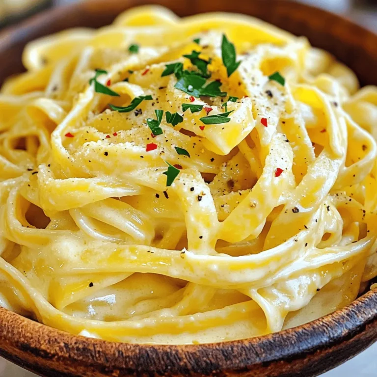 To make creamy garlic pasta, you need these key ingredients: - 300g fettuccine pasta - 4 tablespoons extra virgin olive oil - 6 cloves of garlic, finely minced - 1 cup heavy cream - 1/2 cup freshly grated Parmesan cheese - 1/2 teaspoon red pepper flakes (optional, for spice) - Salt and freshly cracked black pepper, to taste - Fresh parsley, finely chopped (for garnish) Each ingredient adds its own magic to the dish. The fettuccine provides a hearty base. Garlic gives it a rich and sharp flavor. The heavy cream brings creaminess, while the Parmesan adds a savory depth. You can spice things up with optional ingredients. Adding red pepper flakes gives the dish a nice kick. If you like more heat, you can adjust the amount to your taste. You might also consider adding a squeeze of lemon. It brightens the flavors and adds a fresh twist. Sometimes, you may need to swap ingredients. If you have gluten allergies, use gluten-free pasta. You can also replace heavy cream with coconut cream for a dairy-free version. For a lighter option, try using half-and-half instead of heavy cream. This keeps the dish creamy but cuts some calories. To cook the fettuccine, start with a large pot. Fill it with water and bring it to a boil. Add a good amount of salt to the water. This helps flavor the pasta. Once boiling, add 300g of fettuccine. Cook it according to the package instructions until it is al dente. This means it should be tender but still firm to the bite. Remember to save about 1/2 cup of the pasta water before draining the pasta in a colander. This water will help thicken your sauce later. For the sauce, grab a large skillet and heat 4 tablespoons of extra virgin olive oil over medium heat. Once the oil is hot, add 6 finely minced garlic cloves. Sauté the garlic for 1-2 minutes. You want it fragrant and light golden, so stir it constantly. Be careful not to burn the garlic. Then, reduce the heat to medium-low. Carefully pour in 1 cup of heavy cream. Stir well to mix it with the oil and garlic. Let the sauce simmer for about 2-3 minutes to thicken slightly. Next, gradually add 1/2 cup of freshly grated Parmesan cheese. Keep stirring until it melts and the sauce is creamy. If it feels too thick, add a bit of the reserved pasta water. Once your sauce is ready, add the drained fettuccine into the skillet. Toss the pasta with the creamy garlic sauce. Make sure every strand is well-coated. This step is key for flavor. Heat the pasta through, then it is ready to serve. For a finishing touch, sprinkle freshly chopped parsley on top. You can also add more Parmesan cheese if you love that cheesy goodness. Enjoy your beautiful dish! For the full recipe, check the section above. To make creamy garlic pasta, avoid overcooking the fettuccine. Cook it al dente, so it stays firm. If you skip saving pasta water, your sauce might turn thick. This water helps adjust the sauce's texture. Keep an eye on the garlic while cooking. It can burn quickly and turn bitter. Lastly, do not rush when mixing the pasta with the sauce. Toss it gently to coat every strand. To boost the flavor, think about adding fresh herbs. Basil or thyme can make a big difference. A sprinkle of lemon zest brightens up the dish, too. You might also try a pinch of nutmeg for warmth. If you like heat, extra red pepper flakes work wonders. These small changes elevate your creamy garlic pasta to new heights. Pair this dish with a simple green salad for freshness. A side of garlic bread complements the flavors well. For wine, choose a crisp white, like Pinot Grigio. This wine balances the creaminess of the pasta. If you want to impress, serve your pasta in big, shallow bowls. Add a touch of parsley on top for color. Enjoy your creamy garlic pasta with these delightful sides! {{image_4}} You can boost your creamy garlic pasta with protein. Chicken, shrimp, or tofu work great. For chicken, use grilled or sautéed pieces. Cook them separately and mix them in at the end. For shrimp, sauté them in the garlic oil before adding the cream. They cook fast and add a nice flavor. Tofu is a great plant-based option. Cube it and sauté until crispy. Then, add it to the sauce for a satisfying meal. Adding vegetables can make your dish even better. Spinach is a great choice. It wilts quickly and adds color. Just toss it in when you mix the pasta and sauce. Mushrooms add a nice earthy flavor. Sauté sliced mushrooms in the oil before the garlic. Zucchini or broccoli can also work well. Just ensure they are cooked to your liking before mixing them in. You can easily make this dish vegan or dairy-free. For a vegan version, swap heavy cream for coconut milk or cashew cream. Nutritional yeast can replace Parmesan cheese for that cheesy flavor. If you want to keep it dairy-free but still creamy, use almond milk mixed with a thickener like cornstarch. These changes keep the dish rich and delicious while meeting your dietary needs. For the full recipe, check out the Creamy Garlic Fettuccine Delight. To keep your creamy garlic pasta fresh, store it in an airtight container. Let it cool to room temperature first. Then, place it in the fridge. It should last for about three days. Avoid adding extra sauce when storing. This helps keep the pasta from getting too soggy. When you’re ready to enjoy your leftovers, reheat them gently. You can use a skillet on low heat. Add a splash of water or extra cream to help it warm up. Stir often to keep the pasta from sticking. This way, you maintain the creamy texture and flavor. If you want to freeze portions, it’s easy. First, let the pasta cool completely. Then, divide it into smaller portions in freezer-safe bags or containers. Remember to remove as much air as possible. This prevents freezer burn. To thaw, place it in the fridge overnight. When ready, reheat it in a skillet with a bit of liquid to bring it back to life. You can easily prepare creamy garlic pasta in advance. Cook the pasta and make the sauce separately. Store each in airtight containers in the fridge. When ready to serve, just reheat them. Heat the sauce gently in a pan and add the pasta. If it seems dry, add a bit of reserved pasta water to get the right texture. This method keeps your dish fresh and tasty. Yes, you can use many types of pasta. While fettuccine is classic, you can try penne, spaghetti, or even gluten-free options. Each type offers a unique bite. Just make sure to adjust the cooking time according to the pasta you choose. This recipe adapts well, so feel free to experiment with your favorite shapes. Creamy garlic pasta pairs well with various sides. A fresh green salad adds a nice crunch. Garlic bread is also a great choice, soaking up the creamy sauce. For a heartier meal, roasted vegetables or grilled chicken can complement the dish. You can mix and match based on your taste and mood. This blog post covered everything you need for creamy garlic pasta. We looked at key ingredients like fettuccine and garlic. You learned how to cook pasta, make the sauce, and combine them. We shared tips to avoid common mistakes and enhance flavors. Variations let you add protein or veggies. Finally, we discussed food storage and reheating methods. With all this info, you can cook a delicious creamy garlic pasta dish. Enjoy your meal and impress your friends!