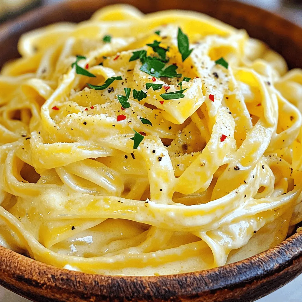 To make creamy garlic pasta, you need these key ingredients: - 300g fettuccine pasta - 4 tablespoons extra virgin olive oil - 6 cloves of garlic, finely minced - 1 cup heavy cream - 1/2 cup freshly grated Parmesan cheese - 1/2 teaspoon red pepper flakes (optional, for spice) - Salt and freshly cracked black pepper, to taste - Fresh parsley, finely chopped (for garnish) Each ingredient adds its own magic to the dish. The fettuccine provides a hearty base. Garlic gives it a rich and sharp flavor. The heavy cream brings creaminess, while the Parmesan adds a savory depth. You can spice things up with optional ingredients. Adding red pepper flakes gives the dish a nice kick. If you like more heat, you can adjust the amount to your taste. You might also consider adding a squeeze of lemon. It brightens the flavors and adds a fresh twist. Sometimes, you may need to swap ingredients. If you have gluten allergies, use gluten-free pasta. You can also replace heavy cream with coconut cream for a dairy-free version. For a lighter option, try using half-and-half instead of heavy cream. This keeps the dish creamy but cuts some calories. To cook the fettuccine, start with a large pot. Fill it with water and bring it to a boil. Add a good amount of salt to the water. This helps flavor the pasta. Once boiling, add 300g of fettuccine. Cook it according to the package instructions until it is al dente. This means it should be tender but still firm to the bite. Remember to save about 1/2 cup of the pasta water before draining the pasta in a colander. This water will help thicken your sauce later. For the sauce, grab a large skillet and heat 4 tablespoons of extra virgin olive oil over medium heat. Once the oil is hot, add 6 finely minced garlic cloves. Sauté the garlic for 1-2 minutes. You want it fragrant and light golden, so stir it constantly. Be careful not to burn the garlic. Then, reduce the heat to medium-low. Carefully pour in 1 cup of heavy cream. Stir well to mix it with the oil and garlic. Let the sauce simmer for about 2-3 minutes to thicken slightly. Next, gradually add 1/2 cup of freshly grated Parmesan cheese. Keep stirring until it melts and the sauce is creamy. If it feels too thick, add a bit of the reserved pasta water. Once your sauce is ready, add the drained fettuccine into the skillet. Toss the pasta with the creamy garlic sauce. Make sure every strand is well-coated. This step is key for flavor. Heat the pasta through, then it is ready to serve. For a finishing touch, sprinkle freshly chopped parsley on top. You can also add more Parmesan cheese if you love that cheesy goodness. Enjoy your beautiful dish! For the full recipe, check the section above. To make creamy garlic pasta, avoid overcooking the fettuccine. Cook it al dente, so it stays firm. If you skip saving pasta water, your sauce might turn thick. This water helps adjust the sauce's texture. Keep an eye on the garlic while cooking. It can burn quickly and turn bitter. Lastly, do not rush when mixing the pasta with the sauce. Toss it gently to coat every strand. To boost the flavor, think about adding fresh herbs. Basil or thyme can make a big difference. A sprinkle of lemon zest brightens up the dish, too. You might also try a pinch of nutmeg for warmth. If you like heat, extra red pepper flakes work wonders. These small changes elevate your creamy garlic pasta to new heights. Pair this dish with a simple green salad for freshness. A side of garlic bread complements the flavors well. For wine, choose a crisp white, like Pinot Grigio. This wine balances the creaminess of the pasta. If you want to impress, serve your pasta in big, shallow bowls. Add a touch of parsley on top for color. Enjoy your creamy garlic pasta with these delightful sides! {{image_4}} You can boost your creamy garlic pasta with protein. Chicken, shrimp, or tofu work great. For chicken, use grilled or sautéed pieces. Cook them separately and mix them in at the end. For shrimp, sauté them in the garlic oil before adding the cream. They cook fast and add a nice flavor. Tofu is a great plant-based option. Cube it and sauté until crispy. Then, add it to the sauce for a satisfying meal. Adding vegetables can make your dish even better. Spinach is a great choice. It wilts quickly and adds color. Just toss it in when you mix the pasta and sauce. Mushrooms add a nice earthy flavor. Sauté sliced mushrooms in the oil before the garlic. Zucchini or broccoli can also work well. Just ensure they are cooked to your liking before mixing them in. You can easily make this dish vegan or dairy-free. For a vegan version, swap heavy cream for coconut milk or cashew cream. Nutritional yeast can replace Parmesan cheese for that cheesy flavor. If you want to keep it dairy-free but still creamy, use almond milk mixed with a thickener like cornstarch. These changes keep the dish rich and delicious while meeting your dietary needs. For the full recipe, check out the Creamy Garlic Fettuccine Delight. To keep your creamy garlic pasta fresh, store it in an airtight container. Let it cool to room temperature first. Then, place it in the fridge. It should last for about three days. Avoid adding extra sauce when storing. This helps keep the pasta from getting too soggy. When you’re ready to enjoy your leftovers, reheat them gently. You can use a skillet on low heat. Add a splash of water or extra cream to help it warm up. Stir often to keep the pasta from sticking. This way, you maintain the creamy texture and flavor. If you want to freeze portions, it’s easy. First, let the pasta cool completely. Then, divide it into smaller portions in freezer-safe bags or containers. Remember to remove as much air as possible. This prevents freezer burn. To thaw, place it in the fridge overnight. When ready, reheat it in a skillet with a bit of liquid to bring it back to life. You can easily prepare creamy garlic pasta in advance. Cook the pasta and make the sauce separately. Store each in airtight containers in the fridge. When ready to serve, just reheat them. Heat the sauce gently in a pan and add the pasta. If it seems dry, add a bit of reserved pasta water to get the right texture. This method keeps your dish fresh and tasty. Yes, you can use many types of pasta. While fettuccine is classic, you can try penne, spaghetti, or even gluten-free options. Each type offers a unique bite. Just make sure to adjust the cooking time according to the pasta you choose. This recipe adapts well, so feel free to experiment with your favorite shapes. Creamy garlic pasta pairs well with various sides. A fresh green salad adds a nice crunch. Garlic bread is also a great choice, soaking up the creamy sauce. For a heartier meal, roasted vegetables or grilled chicken can complement the dish. You can mix and match based on your taste and mood. This blog post covered everything you need for creamy garlic pasta. We looked at key ingredients like fettuccine and garlic. You learned how to cook pasta, make the sauce, and combine them. We shared tips to avoid common mistakes and enhance flavors. Variations let you add protein or veggies. Finally, we discussed food storage and reheating methods. With all this info, you can cook a delicious creamy garlic pasta dish. Enjoy your meal and impress your friends!