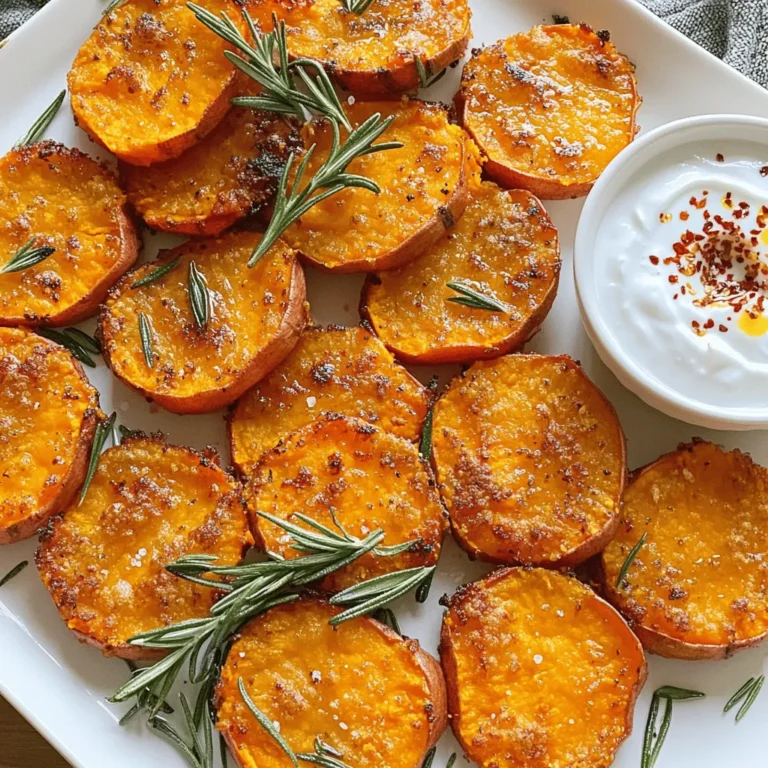 To make crispy sweet potato rounds, you need some simple ingredients. Here’s what you’ll gather: - 2 large sweet potatoes, sliced into 1/4 inch rounds - 3 tablespoons olive oil - 1 teaspoon garlic powder - 1 teaspoon smoked paprika - 1/2 teaspoon ground cumin - 1/2 teaspoon salt - 1/4 teaspoon black pepper - 1 tablespoon fresh rosemary, finely chopped (or 1 teaspoon dried) - Optional: A sprinkle of chili flakes for a kick These ingredients work together to create a delightful snack. The sweet potatoes give natural sweetness and a creamy texture. Olive oil adds a rich flavor and helps with crispiness. The seasonings bring warmth and depth, making each bite exciting. I love using fresh rosemary because it adds a fragrant touch. If you like some heat, the chili flakes will bring a nice zing. This recipe is perfect for sharing or enjoying on your own. For the complete details, check the Full Recipe. You’ll find everything you need to whip up this tasty treat! 1. Preheat your oven to 425°F (220°C). This helps the sweet potatoes cook evenly. 2. Line a baking sheet with parchment paper. This keeps the rounds from sticking. 3. In a bowl, mix olive oil, garlic powder, smoked paprika, ground cumin, salt, black pepper, and fresh rosemary. This will be your tasty marinade. 4. Add the sweet potato rounds to the bowl. Toss them until each round is coated well with the marinade. 1. Place the sweet potato rounds on the baking sheet in a single layer. Make sure they are not touching. This helps them get crispy. 2. Bake them for 25-30 minutes. Halfway through, flip each round. This ensures they cook evenly. 3. Check for doneness. They should be golden brown and tender. If you want spice, add chili flakes in the last 5 minutes of baking. 4. After baking, let them cool for a few minutes. This will make them crunchier. For the full recipe, check out the details to make your cooking easy! To get your sweet potato rounds super crispy, spacing is key. When you lay them out on the baking sheet, make sure they don’t touch. This helps the hot air circulate around each round, creating a nice crunch. If they overlap, they’ll steam instead of bake, leading to a softer texture. Flipping the rounds halfway through baking is another important step. This ensures both sides get equal heat and crispness. Use a spatula to carefully turn each round. It’s a simple move that makes a big difference in texture. For a beautiful presentation, serve your crispy sweet potato rounds on a large, colorful platter. This makes them stand out even more. Add some fresh rosemary on top for a pop of color. Don’t forget about dipping sauces! A creamy yogurt or zesty avocado dip pairs well with the sweet flavors. You can also try a spicy sauce for an added kick. Having a dip next to your rounds invites everyone to enjoy them even more. For the full recipe, check the earlier section. {{image_4}} You can switch up the flavors of crispy sweet potato rounds easily. Try using different herbs and spices to make them unique. For a classic taste, use rosemary and garlic. For something spicy, add chili powder or cayenne pepper. You can even sprinkle some cinnamon for a sweet twist. You can also choose between cooking methods. Baking gives a nice crisp, while frying can add a crunchy texture. If you fry them, watch the time closely. You want them golden, not burnt. Each method has its perks, so feel free to try both! If you want a gluten-free option, you’re in luck! Sweet potatoes are naturally gluten-free. You can also make these rounds vegan by simply omitting any dairy-based dips. Want to try different potatoes? You can use regular potatoes, but they might cook a bit differently. Yukon Golds or red potatoes can work well too. Just keep an eye on the baking time, as they may take longer to crisp up. Enjoy experimenting with these swaps! To store your crispy sweet potato rounds, let them cool completely. Place them in an airtight container. You can keep them in the fridge for up to 3 days. If you want to keep them longer, consider freezing. Use freezer-safe bags or containers. Just remember to label them with the date. To reheat and keep them crispy, use the oven. Preheat it to 350°F (175°C). Spread the sweet potato rounds on a baking sheet. Bake for about 10 minutes. This helps restore their crunch. You can also use an air fryer. Set it to 350°F (175°C) and cook for 5-7 minutes. Enjoy your delicious snack again! For the full recipe, check out the details above. Yes, you can! Other potatoes like russet or red potatoes work well. They will taste different, but they can still be crispy and delicious. Just make sure to slice them to the same thickness as the sweet potatoes. This helps them cook evenly. Baking sweet potato rounds usually takes 25 to 30 minutes. If you cut them thicker, they may need more time. Flip them halfway through to get that nice crisp on both sides. Look for a golden brown color to know they are done. These rounds pair well with many things! Try serving them with yogurt dip, guacamole, or even salsa. You can also enjoy them alongside grilled chicken, fish, or salads. Their sweet flavor and crispy texture make them a great side for any meal. You can find the Full Recipe for crispy sweet potato rounds [here](#). This link has all the details you need to make this tasty snack. We covered all the steps to make crispy sweet potato rounds. You learned the key ingredients, preparation, and baking tips. Remember to space the slices for crispiness and try different seasonings for variety. Store leftovers properly for the best flavor. If you have questions, refer to the FAQs for more help. Enjoy creating a delicious snack or side dish that impresses everyone!
