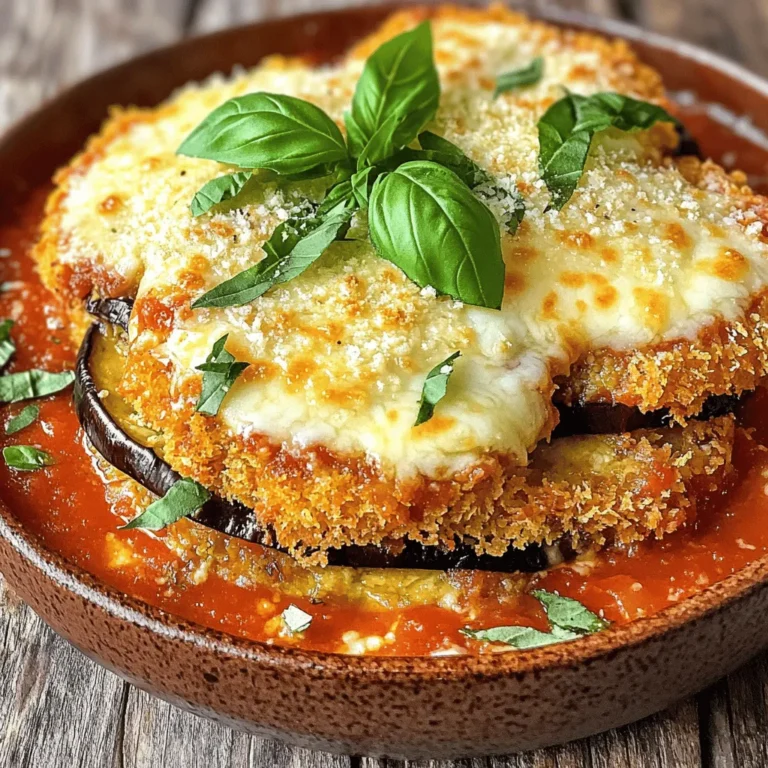 To make the best Baked Eggplant Parmesan, you need fresh and simple ingredients. Here’s what you will need: - 2 large eggplants, sliced into ½-inch rounds - 1 teaspoon salt - 1 cup all-purpose flour - 2 large eggs, beaten - 1 ½ cups breadcrumbs (Italian seasoned preferred) - 2 cups marinara sauce (homemade or store-bought) - 2 cups shredded mozzarella cheese - 1 cup grated Parmesan cheese - 1 tablespoon dried oregano - 1 tablespoon fresh basil, chopped (or 1 teaspoon dried basil) - Olive oil spray or ¼ cup olive oil for drizzling - Fresh basil leaves for garnish (optional) These ingredients work together to create a rich and tasty dish. Using quality ingredients makes a big difference. Choose firm, fresh eggplants. Look for those with smooth skin and no blemishes. For cheese, fresh mozzarella gives a great melt. If you use store-bought marinara sauce, pick one with no added sugar. This ensures a clean flavor in every bite. You can make this dish fit your needs. If you want a gluten-free version, swap all-purpose flour and breadcrumbs for gluten-free options. For a vegan twist, use egg replacements like flax eggs and substitute cheese with vegan cheese. This makes it easy to enjoy Baked Eggplant Parmesan no matter your diet. For the full recipe, follow the steps outlined earlier. Start by slicing the eggplants. Use two large eggplants and cut them into ½-inch rounds. Next, sprinkle salt on the slices. This step is key; it draws out moisture and bitterness. Let the eggplant sit for about 30 minutes. After that, rinse the slices under cold water. Pat them dry using paper towels. This helps ensure a crispy texture when baked. Now, let’s create a breading station. You will need three shallow dishes. In the first dish, add one cup of all-purpose flour. In the second dish, beat two large eggs. For the third dish, pour in 1 ½ cups of breadcrumbs. I recommend using Italian seasoned breadcrumbs for extra flavor. Take each eggplant slice and dip it into the flour first. Shake off any excess flour. Then, dip it into the beaten eggs, coating it well. Finally, press it into the breadcrumbs until it is fully covered. Set the breaded slices aside on a plate. This process gives the eggplant a crunchy, golden crust. Preheat your oven to 375°F (190°C). In a large baking dish, spread a thin layer of marinara sauce on the bottom. Add half of the fried eggplant slices over the sauce. Then, sprinkle half of the shredded mozzarella and grated Parmesan cheese on top. Add half of the oregano and basil as well. Repeat the layers with the remaining eggplant, sauce, and cheeses. Cover the baking dish tightly with aluminum foil. Bake for 25 minutes. After that, remove the foil and bake for another 15 minutes. The goal is for the cheese to bubble and turn golden brown. Once done, let it sit for about 10 minutes. This resting time helps the layers set, making it easier to slice. If you want, garnish your dish with fresh basil leaves before serving. This adds a nice touch and boosts flavor. For the full recipe, refer to the recipe section above. To get the best results when baking eggplant, follow these steps: - Salting the Eggplant: Always salt the sliced eggplant. This draws out moisture and bitterness. Let it sit for 30 minutes, then rinse and dry. - Uniform Slices: Cut the eggplant into even ½-inch rounds. This ensures even cooking. - Oil the Pan: Use olive oil spray or drizzle olive oil in the baking dish. This helps prevent sticking and adds flavor. To boost the flavor of your baked eggplant parmesan, try these tips: - Season the Breadcrumbs: Add garlic powder, onion powder, or Italian herbs to the breadcrumbs. This adds depth and aroma. - Layer with Marinara Sauce: Use a rich marinara sauce. It adds moisture and tanginess. - Fresh Herbs: Sprinkle fresh basil or oregano between layers. This brings freshness and brightens the dish. Sometimes, things don’t go as planned. Here are solutions for common problems: - Eggplant is Soggy: If the eggplant is soggy, ensure you salted it well and dried it after rinsing. - Cheese is Not Melting: If your cheese doesn’t melt, cover the dish with foil initially. This traps heat and helps the cheese melt evenly. - Burnt Top: If the top gets too dark, cover it with foil for the last few minutes of baking. By using these tips, you can create a delicious baked eggplant parmesan that impresses everyone. Don't forget to check out the Full Recipe for all the details! {{image_4}} If you want a lighter dish, you can try baking instead of frying the eggplant. This cuts down on oil and calories. You can also use whole wheat breadcrumbs for extra fiber. Consider using low-fat cheese to reduce fat while still enjoying that cheesy goodness. For a gluten-free option, swap regular flour and breadcrumbs for almond flour and gluten-free breadcrumbs. If you are vegan, you can replace cheese with cashew cheese or nutritional yeast. You can also use plant-based eggs made from flaxseed or chia seeds. These swaps keep the dish tasty while meeting your dietary needs. Baked eggplant parmesan shines as a main dish, but you can also serve it in fun ways. Try it on a bed of fresh spinach or with a side of zoodles (zucchini noodles). You can also make a sandwich with layers of eggplant parmesan between crusty bread. It adds a new twist to this classic dish. For more ideas, check the Full Recipe for inspiration! To keep your baked eggplant parmesan fresh, store it in an airtight container. Make sure to let it cool to room temperature first. Layer parchment paper between slices if you want to stack them. This helps prevent sticking. If you plan to eat it within three days, you can keep it in the fridge. When you're ready to enjoy leftovers, preheat your oven to 350°F (175°C). Place the eggplant parmesan in an oven-safe dish. Cover it with foil to keep it moist, and heat for about 20 minutes. You can also reheat individual slices in the microwave for about 1-2 minutes. This method is quick but may not keep the crust crispy. If you want to store baked eggplant parmesan for a longer time, freezing is a great option. Cut it into portions and wrap each slice tightly in plastic wrap. Then, place the wrapped slices in a freezer-safe bag. Make sure to label the bag with the date. It can last up to three months in the freezer. To reheat, thaw overnight in the fridge and then follow the reheating instructions. For the full recipe, check out the recipe section above! Yes, you can make Baked Eggplant Parmesan ahead of time. You can assemble the layers, then cover it and refrigerate. This lets the flavors blend. Bake it when you're ready to eat, following the same baking instructions. This method saves time on busy days. If you need a substitute for breadcrumbs, consider these options: - Crushed crackers - Panko crumbs - Ground nuts (like almonds or walnuts) - Cornmeal These options add a tasty crunch. Choose what you like best for your dish. Baked Eggplant Parmesan lasts about 3 to 5 days in the refrigerator. Make sure to store it in an airtight container. This keeps it fresh. Reheat portions in the oven or microwave when you want to enjoy it again. For the best taste, eat it within a few days. For the full recipe and more details, check out the Full Recipe. We explored the key ingredients, step-by-step instructions, and helpful tips for baked eggplant Parmesan. You learned about dietary swaps and how to store your dish properly. Remember, choosing quality ingredients and practicing good baking techniques lead to a great meal. Don’t hesitate to experiment with flavors and variations. With these insights, you can enjoy a delicious and versatile dish today!