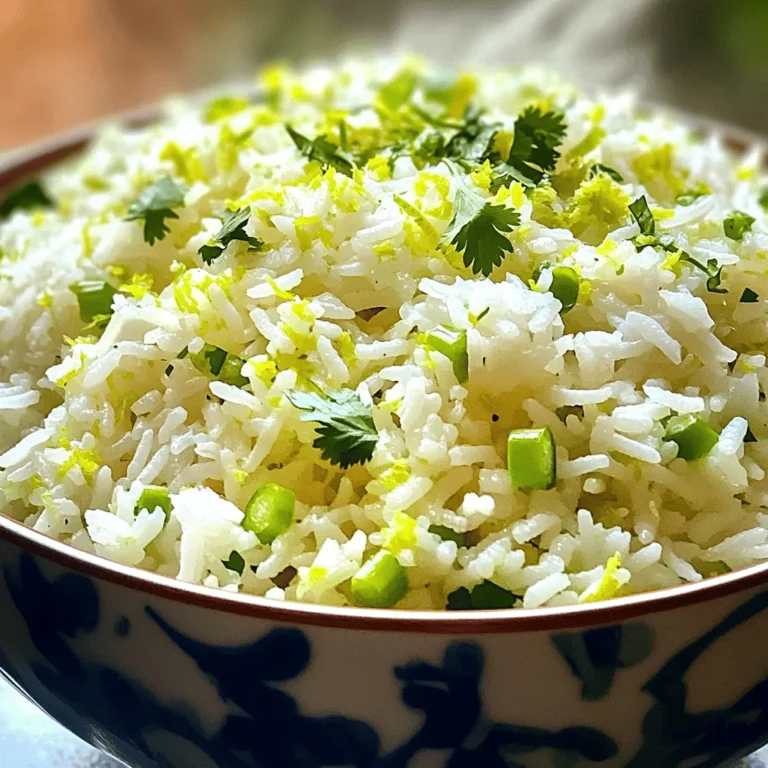 To make coconut lime rice, you need a few key ingredients: - 1 cup jasmine rice - 1 cup coconut milk - 1/2 cup water - Zest of 1 lime - 2 tablespoons fresh lime juice - 1/2 teaspoon salt These ingredients create a creamy, flavorful base. The jasmine rice gives a lovely texture, while the coconut milk adds richness. The lime zest and juice bring a bright, tangy flavor. You can also add optional ingredients to boost the taste: - 1 teaspoon sugar (to enhance sweetness) - 2 green onions, finely chopped - Fresh cilantro leaves (for garnish) The sugar can balance the acidity of lime. Green onions add a mild onion flavor. Cilantro gives a fresh, herbal note, making the dish even better. Coconut lime rice is not just tasty; it has good nutrients, too. Here’s a quick look: - Calories: About 250 per serving - Carbohydrates: 40g - Protein: 3g - Fat: 10g This dish provides energy and healthy fats, thanks to the coconut milk. Enjoy coconut lime rice as a delicious side dish with your meals! For the full recipe, check out the details above. First, rinse the jasmine rice. Place it in a fine mesh strainer under cold water. Keep rinsing until the water runs clear. This removes excess starch. Removing starch helps make the rice fluffy. You want each grain to stand out. In a medium saucepan, mix the rinsed rice, coconut milk, and water. Add salt and optional sugar to taste. Stir gently to mix. Turn the heat to medium-high and bring it to a boil. Once boiling, lower the heat to simmer. Cover the saucepan tightly and let it cook for 15 minutes. Do not lift the lid! This keeps the steam inside, cooking the rice perfectly. After 15 minutes, take the saucepan off the heat, but keep it covered. Let it rest for another 10 minutes. This helps the rice finish cooking. It will absorb any remaining liquid. After the resting time, remove the lid. Use a fork to fluff the rice gently. This makes it light and airy. Next, mix in the lime zest and lime juice. This adds a zesty flavor that brightens the dish. Then, fold in the chopped green onions. This gives a nice crunch and flavor. Serve the coconut lime rice warm. Garnish with fresh cilantro leaves for an extra touch. This dish pairs well with many main courses or can be a tasty base for a vegetarian bowl. For the full recipe, check out the earlier section. To make fluffy coconut lime rice, rinse the jasmine rice well. Rinse it until the water runs clear. This step removes excess starch, which can make rice sticky. After rinsing, let the rice drain for a few minutes. When cooking, use the right water-to-rice ratio. For this recipe, combine one cup of rice with one cup of coconut milk and half a cup of water. This mix keeps the rice light and fluffy. You can adjust the flavors in coconut lime rice easily. The lime zest and juice add brightness. If you want more sweetness, add a teaspoon of sugar. For a savory touch, try using a bit more salt. Fresh herbs like cilantro or green onions enhance the taste too. You can also experiment with spices like cumin or chili for added depth. A few common mistakes can ruin your coconut lime rice. One big mistake is lifting the lid while it cooks. This lets out steam, making the rice less fluffy. Another mistake is using too much water. Stick to the measurements in the Full Recipe for the best results. Lastly, don’t skip the resting time after cooking. This step is key for achieving light and airy rice. {{image_4}} You can make coconut lime rice even better by adding veggies. Try mixing in some peas, bell peppers, or corn. These add color and extra nutrients. Chop the veggies small so they cook quickly. Add them to the pot during the last few minutes of cooking. This way, they stay bright and fresh. While jasmine rice is classic, you can use other rice types too. Long-grain rice or basmati rice can work well. Brown rice is another option, but it needs more time to cook. Adjust your cooking time based on the rice type. Always rinse the rice to remove excess starch for a fluffy texture. If you like heat, add some spices to your coconut lime rice. A pinch of red pepper flakes or chopped jalapeños can give it a kick. For a warm flavor, mix in a bit of cumin or coriander. Experiment with different spices to find your favorite blend. This adds depth and makes your dish stand out. For the full recipe, check the main article. To keep leftover coconut lime rice fresh, place it in an airtight container. Make sure the rice cools to room temperature before sealing it. Store the container in the fridge. It will stay good for about three to four days. Label the container with the date to track freshness. When you're ready to enjoy the rice again, take it out of the fridge. You can reheat coconut lime rice in a few ways: - Microwave: Place rice in a bowl, add a splash of water, and cover. Heat for about 1-2 minutes, stirring halfway. - Stovetop: Heat a pan over low heat. Add the rice with a bit of water. Stir until warmed through. This method helps keep the rice moist and fluffy. If you want to store coconut lime rice for a longer time, freezing works well. Place cooled rice in a freezer-safe bag or container. Remove as much air as possible before sealing. It can last up to three months in the freezer. When you want to eat it, thaw it overnight in the fridge. Reheat as mentioned above for the best results. Enjoy this delightful dish anytime! For the full recipe, check out the details above. Coconut lime rice pairs well with many dishes. You can serve it with grilled chicken or fish. It also complements shrimp and pork nicely. For a vegetarian option, try it with stir-fried vegetables or black beans. The rice adds a bright flavor to spicy curries and stews. It balances rich dishes with its light, zesty notes. You can even use it as a base for a fresh salad or bowl. Yes, you can use other types of milk. Almond milk or soy milk works as a substitute. However, these options will change the flavor. Coconut milk gives a unique taste and creaminess. If you want a richer texture, try using heavy cream mixed with water. Just note, other milks might not add the same sweetness and flavor as coconut milk. To serve more people, simply double the ingredients. For example, use 2 cups of jasmine rice and 2 cups of coconut milk. Keep the same water amount to maintain the rice's texture. You can also increase the lime zest and juice for more flavor. If you need even more servings, keep adding in this manner. Just ensure a large enough pot to cook everything evenly. For the full recipe, check out the detailed instructions provided above. Coconut lime rice is simple and tasty. We covered essential and optional ingredients. You learned easy steps to cook perfect rice. Tips helped you avoid common mistakes. Variations let you be creative with flavors. Store leftovers easily and heat them perfectly. Whether you're a beginner or an expert, this dish will impress. I hope you enjoy making coconut lime rice as much as I do. Happy cooking!
