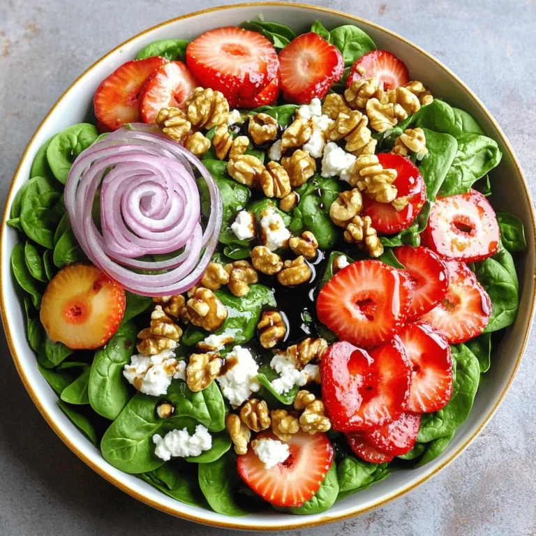 - 4 cups fresh baby spinach, thoroughly washed and dried - 1 cup ripe strawberries, hulled and meticulously sliced - 1/2 cup creamy goat cheese, crumbled for light texture - 1/2 cup walnuts, chopped and toasted for a nutty crunch - 1/4 red onion, finely sliced into delicate rings - 2 tablespoons rich balsamic vinegar - 1 tablespoon pure maple syrup for sweetness - 1 tablespoon extra virgin olive oil - Salt and freshly cracked black pepper to taste You can adjust the measurements to fit your taste. If you want a nut-free salad, skip the walnuts. You can use feta cheese if goat cheese is not your favorite. For a vegan option, swap the cheese for avocado or tofu. Use apple cider vinegar instead of balsamic for a different flavor twist. Fresh ingredients make a huge difference in taste. Fresh spinach adds a crisp and vibrant feel. Ripe strawberries bring sweetness and color. Quality goat cheese adds creaminess that balances the flavors. The toasted walnuts provide crunch and depth. Fresh red onion gives a sharp bite. Always choose ingredients that are in season for the best flavor. This salad shines with fresh produce, and you will taste the difference. For the full recipe, check out the detailed instructions and tips. To start, take 4 cups of fresh baby spinach. Wash it well and dry it gently. This will be your crisp base. Place the spinach in a large salad bowl. It should look bright and inviting. Next, grab 1 cup of ripe strawberries. Hull and slice them carefully. Sprinkle the slices evenly over the spinach. This adds color and sweetness. Now, take 1/2 cup of creamy goat cheese. Crumble it over the strawberries. Add 1/2 cup of chopped walnuts for crunch. Finally, slice 1/4 of a red onion into thin rings. Scatter these on top for a mild bite. In a small bowl, mix 2 tablespoons of balsamic vinegar with 1 tablespoon of pure maple syrup. Whisk in 1 tablespoon of extra virgin olive oil. Blend until smooth. Drizzle the dressing over your salad. Toss it gently with a large spoon. This helps the flavors mix well. Season with salt and freshly cracked black pepper. Taste and adjust as needed. Serve right away for the best flavor. You can also chill it for 15 minutes to blend the tastes. Enjoy this fresh and flavorful delight! For the complete recipe, refer to the Full Recipe section. To make your strawberry spinach salad shine, think about balance. The sweet strawberries pair well with the tangy goat cheese. Add a pinch of salt to boost the flavors. If you like a bit of spice, add a dash of red pepper flakes. This adds warmth without overpowering the dish. You can also try adding a squeeze of fresh lemon juice. This brightens the taste and adds a zesty kick. Freshness matters in salads. Always use fresh baby spinach. Look for bright green leaves with no wilting. Wash and dry the spinach well. This keeps it crisp. Slice strawberries right before serving. This keeps them juicy and vibrant. If you want to prep ahead, store the dressing separately. Dress the salad just before you serve it. This keeps everything fresh and crunchy. A pretty salad is more fun to eat. Serve the salad in clear bowls. This shows off the bright colors of the ingredients. For extra flair, add a strawberry half on top of each serving. Sprinkle some toasted walnuts for a nice finish. You can also layer the ingredients for a beautiful look. Arrange the spinach first, then the strawberries, cheese, and walnuts. This adds height and makes it more appealing. Enjoy the visual delight before you dive in! {{image_4}} You can change a few ingredients for a different taste. Try using feta cheese instead of goat cheese. Feta adds a salty kick. You can swap walnuts for pecans or almonds for a new crunch. If you like a bit of heat, add some sliced jalapeños. For a sweeter touch, toss in some blueberries or raspberries. These small changes can create a unique version of the salad. This salad is easy to fit many diets. For a vegan option, skip the cheese and use a dressing made from lemon juice and olive oil. If you want a gluten-free dish, all the ingredients here are already safe. Just be sure your dressing is gluten-free too. These small swaps help you enjoy a delicious meal without worry. Fresh fruits and vegetables change with the seasons. In spring, add some bright asparagus or peas for crunch. Summer calls for fresh herbs like basil or mint for a refreshing taste. In fall, try adding sliced apples or pears for sweetness. Winter is great for pomegranate seeds, giving color and a juicy burst. These seasonal add-ins keep your salad fresh and exciting all year round. To store leftover Strawberry Spinach Salad, place it in an airtight container. Make sure to keep it in the fridge. Use the salad within 2 days for the best taste. If the dressing is mixed in, the spinach may wilt. It’s better to keep the dressing separate, if you can. Keep the salad ingredients fresh by storing them properly. Use fresh spinach and strawberries for the best flavor. Wash and dry the spinach just before using. Store walnuts in a cool, dry place to keep them crunchy. If you have leftover dressing, store it in a separate jar in the fridge. Use it within a week. You don’t need to reheat this salad; it’s best served cold. If it sits too long, it may lose its crunch. To refresh, add a little more fresh spinach or a new handful of strawberries. Toss in a bit of extra dressing to revive the flavors. Enjoy your Strawberry Spinach Salad fresh for the best experience. For the full recipe, check out the Strawberry Spinach Delight. You can store the Strawberry Spinach Salad for about one day. After that, the greens get soggy. If you want the best taste, eat it fresh. The longer it sits, the less crunchy it becomes. Yes, you can make the salad ahead of time, but keep some parts separate. Store the dressing in a jar and the salad in a bowl. Mix them just before serving. This keeps the salad from getting soggy. This salad pairs well with grilled chicken or fish. You could also add quinoa for more texture. A slice of crusty bread complements the flavors nicely. It makes a great side dish for a picnic or barbecue. To make it vegan, skip the goat cheese or replace it with avocado. For a gluten-free option, check that the dressing has no gluten. The salad itself is naturally gluten-free. You can enjoy this dish without any worry! For the full recipe, check out the details above! We covered the key steps to make a delicious strawberry spinach salad. Fresh ingredients are vital for great taste. I shared tips to enhance flavor and ensure crispness. You can also customize this salad with various ingredients to fit your needs. Store leftovers properly to enjoy them later. Now, you have the tools to create a healthy dish that impresses every time. Enjoy making your salad!