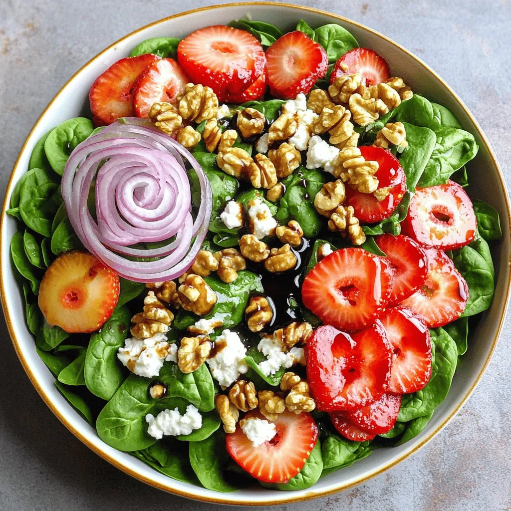 - 4 cups fresh baby spinach, thoroughly washed and dried - 1 cup ripe strawberries, hulled and meticulously sliced - 1/2 cup creamy goat cheese, crumbled for light texture - 1/2 cup walnuts, chopped and toasted for a nutty crunch - 1/4 red onion, finely sliced into delicate rings - 2 tablespoons rich balsamic vinegar - 1 tablespoon pure maple syrup for sweetness - 1 tablespoon extra virgin olive oil - Salt and freshly cracked black pepper to taste You can adjust the measurements to fit your taste. If you want a nut-free salad, skip the walnuts. You can use feta cheese if goat cheese is not your favorite. For a vegan option, swap the cheese for avocado or tofu. Use apple cider vinegar instead of balsamic for a different flavor twist. Fresh ingredients make a huge difference in taste. Fresh spinach adds a crisp and vibrant feel. Ripe strawberries bring sweetness and color. Quality goat cheese adds creaminess that balances the flavors. The toasted walnuts provide crunch and depth. Fresh red onion gives a sharp bite. Always choose ingredients that are in season for the best flavor. This salad shines with fresh produce, and you will taste the difference. For the full recipe, check out the detailed instructions and tips. To start, take 4 cups of fresh baby spinach. Wash it well and dry it gently. This will be your crisp base. Place the spinach in a large salad bowl. It should look bright and inviting. Next, grab 1 cup of ripe strawberries. Hull and slice them carefully. Sprinkle the slices evenly over the spinach. This adds color and sweetness. Now, take 1/2 cup of creamy goat cheese. Crumble it over the strawberries. Add 1/2 cup of chopped walnuts for crunch. Finally, slice 1/4 of a red onion into thin rings. Scatter these on top for a mild bite. In a small bowl, mix 2 tablespoons of balsamic vinegar with 1 tablespoon of pure maple syrup. Whisk in 1 tablespoon of extra virgin olive oil. Blend until smooth. Drizzle the dressing over your salad. Toss it gently with a large spoon. This helps the flavors mix well. Season with salt and freshly cracked black pepper. Taste and adjust as needed. Serve right away for the best flavor. You can also chill it for 15 minutes to blend the tastes. Enjoy this fresh and flavorful delight! For the complete recipe, refer to the Full Recipe section. To make your strawberry spinach salad shine, think about balance. The sweet strawberries pair well with the tangy goat cheese. Add a pinch of salt to boost the flavors. If you like a bit of spice, add a dash of red pepper flakes. This adds warmth without overpowering the dish. You can also try adding a squeeze of fresh lemon juice. This brightens the taste and adds a zesty kick. Freshness matters in salads. Always use fresh baby spinach. Look for bright green leaves with no wilting. Wash and dry the spinach well. This keeps it crisp. Slice strawberries right before serving. This keeps them juicy and vibrant. If you want to prep ahead, store the dressing separately. Dress the salad just before you serve it. This keeps everything fresh and crunchy. A pretty salad is more fun to eat. Serve the salad in clear bowls. This shows off the bright colors of the ingredients. For extra flair, add a strawberry half on top of each serving. Sprinkle some toasted walnuts for a nice finish. You can also layer the ingredients for a beautiful look. Arrange the spinach first, then the strawberries, cheese, and walnuts. This adds height and makes it more appealing. Enjoy the visual delight before you dive in! {{image_4}} You can change a few ingredients for a different taste. Try using feta cheese instead of goat cheese. Feta adds a salty kick. You can swap walnuts for pecans or almonds for a new crunch. If you like a bit of heat, add some sliced jalapeños. For a sweeter touch, toss in some blueberries or raspberries. These small changes can create a unique version of the salad. This salad is easy to fit many diets. For a vegan option, skip the cheese and use a dressing made from lemon juice and olive oil. If you want a gluten-free dish, all the ingredients here are already safe. Just be sure your dressing is gluten-free too. These small swaps help you enjoy a delicious meal without worry. Fresh fruits and vegetables change with the seasons. In spring, add some bright asparagus or peas for crunch. Summer calls for fresh herbs like basil or mint for a refreshing taste. In fall, try adding sliced apples or pears for sweetness. Winter is great for pomegranate seeds, giving color and a juicy burst. These seasonal add-ins keep your salad fresh and exciting all year round. To store leftover Strawberry Spinach Salad, place it in an airtight container. Make sure to keep it in the fridge. Use the salad within 2 days for the best taste. If the dressing is mixed in, the spinach may wilt. It’s better to keep the dressing separate, if you can. Keep the salad ingredients fresh by storing them properly. Use fresh spinach and strawberries for the best flavor. Wash and dry the spinach just before using. Store walnuts in a cool, dry place to keep them crunchy. If you have leftover dressing, store it in a separate jar in the fridge. Use it within a week. You don’t need to reheat this salad; it’s best served cold. If it sits too long, it may lose its crunch. To refresh, add a little more fresh spinach or a new handful of strawberries. Toss in a bit of extra dressing to revive the flavors. Enjoy your Strawberry Spinach Salad fresh for the best experience. For the full recipe, check out the Strawberry Spinach Delight. You can store the Strawberry Spinach Salad for about one day. After that, the greens get soggy. If you want the best taste, eat it fresh. The longer it sits, the less crunchy it becomes. Yes, you can make the salad ahead of time, but keep some parts separate. Store the dressing in a jar and the salad in a bowl. Mix them just before serving. This keeps the salad from getting soggy. This salad pairs well with grilled chicken or fish. You could also add quinoa for more texture. A slice of crusty bread complements the flavors nicely. It makes a great side dish for a picnic or barbecue. To make it vegan, skip the goat cheese or replace it with avocado. For a gluten-free option, check that the dressing has no gluten. The salad itself is naturally gluten-free. You can enjoy this dish without any worry! For the full recipe, check out the details above! We covered the key steps to make a delicious strawberry spinach salad. Fresh ingredients are vital for great taste. I shared tips to enhance flavor and ensure crispness. You can also customize this salad with various ingredients to fit your needs. Store leftovers properly to enjoy them later. Now, you have the tools to create a healthy dish that impresses every time. Enjoy making your salad!