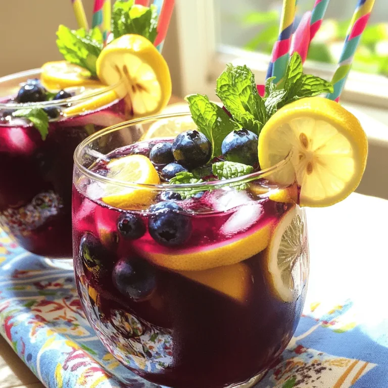 To make a delicious Blueberry Lemon Iced Tea, you will need a few key ingredients. Fresh ingredients give the best flavor. Here’s what you will need: - 4 cups water - 3 tablespoons loose black tea (or 3 teabags) - 1 cup fresh blueberries (plus extra for garnish) - 1/2 cup fresh lemon juice (about 4-5 lemons) - 1/4 cup honey or agave syrup (adjust to taste) - Lemon slices for garnish - Fresh mint leaves for garnish Using fresh blueberries and lemons makes a big difference. Their natural sweetness and brightness shine through. The honey or agave syrup adds just the right amount of sweetness to balance the tartness of the lemons. Gather these ingredients before you start. This way, you will be ready for the fun part: making your iced tea! If you want to see the detailed process, check out the Full Recipe. 1. Start by boiling water. In a medium saucepan, bring 4 cups of water to a vigorous boil. This step is key for a strong tea base. 2. Once the water is boiling, remove the saucepan from heat. Add 3 tablespoons of loose black tea or 3 teabags. Let it steep for about 5-7 minutes. Adjust the steeping time to your taste. 3. While the tea is steeping, take a separate bowl. Add 1 cup of fresh blueberries and 1/4 cup of honey or agave syrup. Use a fork or muddler to gently mash the blueberries. This helps release their sweet juices and mix them well with the syrup. 4. After the tea has steeped, carefully strain it into a heatproof pitcher. Discard the tea leaves or teabags. 5. Now, add the mashed blueberry mixture and 1/2 cup of fresh lemon juice to the pitcher. Stir well to combine all the flavors. 6. Let your iced tea cool to room temperature. Then, refrigerate it until it's chilled, which will take about 1-2 hours. 7. To serve, fill glasses with ice. Pour the blueberry lemon tea over the ice. Garnish with fresh blueberries, a lemon slice, and fresh mint leaves for a beautiful touch. This process creates a refreshing drink that is both tasty and visually appealing. Enjoy every sip of your homemade Blueberry Lemon Iced Tea! To brew the best iced tea, adjust the steeping time based on your taste. If you like strong tea, steep for 7 minutes. For a lighter flavor, try just 5 minutes. This lets you control how bold you want your drink. Using fresh ingredients is key. Fresh blueberries burst with flavor. Fresh lemons add a zesty kick. Fresh mint leaves give a cool touch. Always pick the freshest options to boost the taste of your iced tea. When serving your iced tea, think about garnishes. Add extra blueberries on top for color. A slice of lemon looks bright and cheerful. Fresh mint leaves add a pop of green. These small touches make your drink look fancy. Choose clear glasses to show off the drink's vibrant color. This lets your guests see the beautiful blend of blue and yellow. If you want, add colorful straws for fun. Your iced tea will not only taste great, but it will also look amazing! {{image_4}} You can easily change the flavor of your Blueberry Lemon Iced Tea. Try adding other fruits like: - Raspberry - Strawberry - Peach - Mango These fruits add their own unique taste and aroma. You can mix and match to find your favorite blend. Herbal tea is another great option. Use chamomile or peppermint for a fresh twist. These teas add a calming effect and taste great with fruit. You can even combine herbal tea with black tea. This mix gives a fun flavor profile. Sweetness is key in iced tea. You can choose from many sweeteners, such as: - Stevia - Agave syrup - Maple syrup - Honey Each sweetener has a different taste. Start with a small amount. This way, you can adjust as you go. If you want less sweetness, reduce the amount of sweetener. You can also skip it altogether if you prefer a tart drink. Always taste your tea before serving. This way, you can get the perfect balance! For more ideas, check out the Full Recipe for Blueberry Lemon Iced Tea and see what suits your taste! After making your blueberry lemon iced tea, you might have some left. Store it in a clean, airtight pitcher. This helps keep the flavors fresh. Place the pitcher in the refrigerator. Your iced tea will stay good for up to five days. To keep the taste bright, avoid adding ice to the entire batch. Ice can water down the tea as it melts. Instead, pour it over ice in your glass when serving. Want to save some iced tea for later? You can freeze it! Pour leftover tea into ice cube trays. Freeze until solid. These iced tea cubes are perfect for future drinks. You can blend them into smoothies or add them to glasses of iced tea. This gives your drink an icy effect without diluting the flavor. Enjoy your blueberry lemon iced tea any time! To adjust sweetness, start with the base recipe. After mixing in honey or agave, taste it. If you want it sweeter, add more sweetener a little at a time. Stir well after each addition. You can also try other sweeteners, like stevia or maple syrup, for different flavors. Yes, you can use frozen blueberries. They work well but may change the flavor slightly. Frozen berries tend to be softer. This means easier mashing but may dilute the drink a bit. If you use frozen berries, make sure to let them thaw before mashing. For the best flavor, I recommend using black tea. It has a strong flavor that pairs well with blueberries and lemon. You can also try green tea for a lighter taste. Herbal teas can add fun flavors, but they may change the drink's color and taste. The total time to brew this tea is about 2 hours. You need 15 minutes to prepare. This includes boiling water and steeping the tea. The rest of the time allows it to cool and chill in the fridge. Enjoy it cold for the best taste! In this post, we explored the delightful Blueberry Lemon Iced Tea recipe. We reviewed ingredients, detailed step-by-step instructions, and shared tips for the best brew. You learned about flavor variations, storage methods, and answers to common questions. Making this refreshing drink is simple and rewarding. So, gather your ingredients, try it out, and enjoy a burst of flavor with every sip!