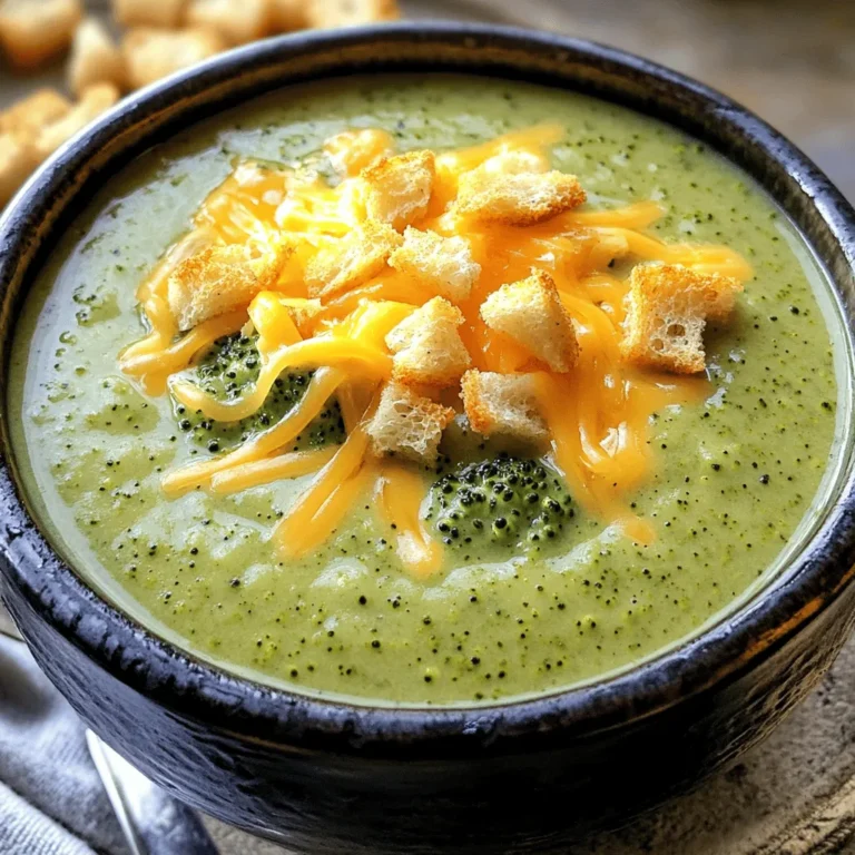 For this soup, fresh broccoli is key. Use about 4 cups of broccoli florets, roughly chopped. This gives the soup its vibrant green color and healthy crunch. You also need 1 medium onion, finely chopped, and 2 cloves of garlic, minced. These aromatics build a rich flavor base. Dairy makes this soup creamy and rich. You will need 1 cup of heavy cream. If you prefer a lighter option, substitute with coconut cream. For the broth, use 3 cups of low-sodium vegetable broth. This adds depth without overpowering the other flavors. Seasonings elevate the taste of your soup. Use 1 teaspoon of garlic powder and 1/2 teaspoon of onion powder. Don’t forget to add salt and freshly ground black pepper to taste. If you want a crunchy finish, top your soup with toasted croutons. They add a delightful texture and flavor contrast. This combination of ingredients creates a comforting, flavorful Broccoli Cheddar Soup. For a complete guide, check the Full Recipe. Start by melting the butter in a large pot over medium heat. Add the finely chopped onion. Sauté for about five minutes. You want the onion to be soft and clear. Next, add the minced garlic and cook for one to two minutes. This will make your kitchen smell amazing! Be careful not to burn the garlic. Now it’s time for the broccoli. Add the roughly chopped florets to the pot. Sauté them for about three to four minutes. This helps them soften a bit before the next step. Pour in the vegetable broth and raise the heat to bring it to a boil. Once boiling, reduce the heat to a simmer. Let it cook for about ten to twelve minutes until the broccoli is tender. After the broccoli is tender, it’s blending time! Use an immersion blender right in the pot. If you have a regular blender, transfer the soup in batches. Just be careful with the hot liquid. Blend until smooth. Return the soup to the pot and stir in the heavy cream, keeping the heat low. Slowly add the shredded sharp cheddar cheese. Stir until it melts and mixes well. Finally, add garlic powder and onion powder, and season with salt and pepper. Let it warm for a few more minutes. Serve your soup hot, and add toasted croutons if you like. Enjoy this cheesy broccoli bliss! You can find the full recipe above. To get that creamy feel, blend the soup well. Use an immersion blender for ease. If you want a chunkier soup, blend only half. This keeps some broccoli bits for a nice bite. Make sure to blend until smooth. This step makes all the difference in your final dish. Add more depth to your soup by using fresh herbs. Parsley or thyme brings bright notes. You can also toss in a dash of nutmeg for warmth. Adjust the salt and pepper to your taste. A squeeze of lemon juice can brighten flavors, too. Experiment with these extras until you find your favorite mix. Store leftover soup in an airtight container. It will keep well in the fridge for up to three days. Reheat gently on the stove to avoid curdling the cream. If you freeze it, leave out the cheese. Add it back when you reheat for the best flavor. Store in portions to make it easy to enjoy later. {{image_4}} You can make a vegan version of this soup. Replace the heavy cream with coconut cream. Use nutritional yeast instead of cheddar cheese. This option keeps the cheesy flavor while being dairy-free. Blend the soup until smooth, just like the original. You can still enjoy that creamy texture without any animal products. For a low-carb soup, swap the heavy cream for cauliflower. Cook the cauliflower with the broccoli, then blend it all together. This change cuts carbs while keeping the soup rich and hearty. You can also use a low-carb cheese to enhance the flavor without adding too many carbs. Want to boost the protein? Add cooked chicken or beans. They pair well with the flavors of broccoli and cheese. You can also toss in other veggies like carrots or spinach. This adds color and nutrients to your soup. Just make sure to cook them until tender before blending. For the full recipe, check out the main article. A serving of broccoli cheddar soup contains about 350 calories. The calorie count may vary based on the ingredients you use. For instance, using heavy cream adds more calories than coconut cream. If you add croutons, that will increase the total calories too. This soup packs a punch of nutrients. Here are some key nutrients you get in each serving: - Protein: About 12 grams, mostly from cheese and cream. - Fat: Approximately 25 grams, primarily from cheddar and cream. - Carbohydrates: Around 20 grams, mainly from broccoli and onion. - Fiber: Offers about 4 grams, thanks to the broccoli. Broccoli is more than just tasty. It is a superfood! Here are some reasons to love it: - Rich in Vitamins: It's high in vitamins C and K. - Antioxidants: Broccoli has powerful antioxidants. They help fight free radicals in your body. - Supports Digestion: The fiber helps keep your digestive system healthy. - Boosts Immunity: Eating broccoli may help strengthen your immune system. This nutritional information shows why broccoli cheddar soup is a great choice for a meal. It is not just delicious; it also nourishes your body. To store leftover broccoli cheddar soup, let it cool first. Then, pour it into an airtight container. It keeps well in the fridge for about three to four days. When you want to eat it, just reheat it on the stove or in the microwave. Stir well to mix the flavors again before serving. Yes, you can freeze broccoli cheddar soup. First, let it cool down completely. Then, place it in a freezer-safe container. Make sure to leave some space at the top, as the soup will expand when frozen. It can last for about three months in the freezer. To use, thaw it overnight in the fridge and reheat gently. To make broccoli cheddar soup gluten-free, use gluten-free broth. Most vegetable broths are gluten-free, but always check the label. Also, use cornstarch instead of flour if you want to thicken it. Just mix cornstarch with a little water before adding it to the soup. This way, you will enjoy a creamy soup without gluten. For the full recipe, check out [Full Recipe]. This blog covered how to make a tasty broccoli cheddar soup. We discussed key ingredients, including fresh broccoli and flavor-packed aromatics. I outlined helpful steps for cooking and blending the soup. You learned tips for great texture and flavor as well as how to store leftovers. Try variations like vegan options or low-carb versions to fit your needs. Broccoli brings healthy nutrients, making this soup a smart choice. Enjoy this dish, knowing you can customize it just the way you like!
