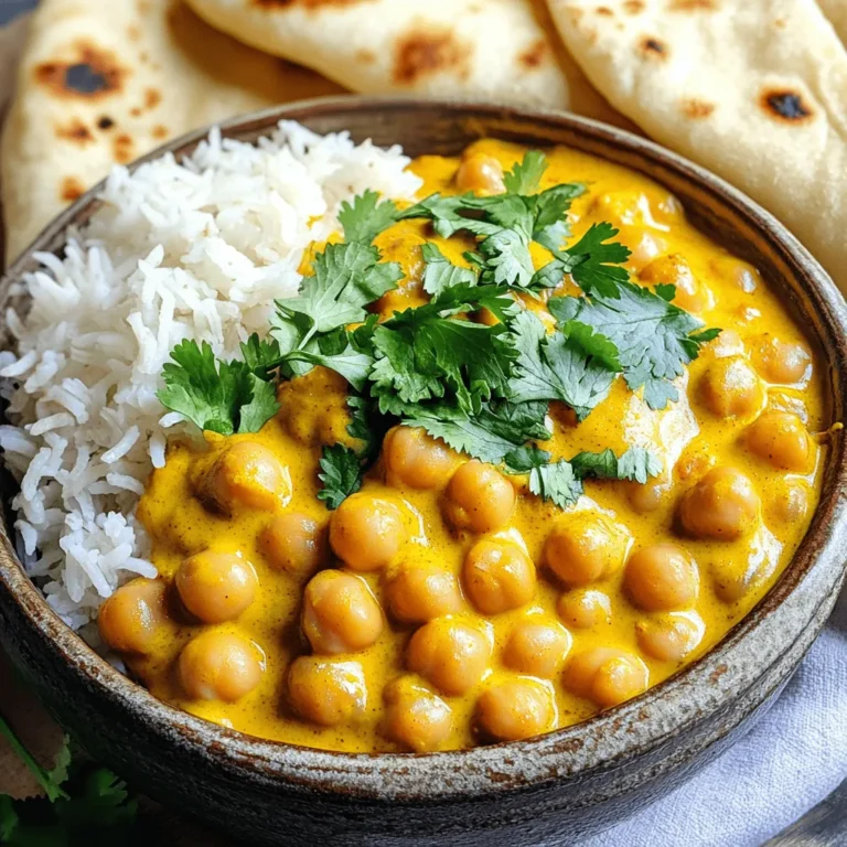 To make Chickpea Tikka Masala, you will need: - 2 cans (15 oz each) chickpeas, fully drained and thoroughly rinsed - 1 large onion, finely diced - 3 cloves garlic, minced to a paste - 1 tablespoon fresh ginger, minced - 2 tablespoons extra virgin olive oil - 1 can (15 oz) diced tomatoes, with juices - 1 cup coconut milk, creamy and full-fat - 2 tablespoons garam masala spice blend - 1 teaspoon ground turmeric - 1 teaspoon ground cumin - 1 teaspoon ground coriander - 1 tablespoon freshly squeezed lemon juice - Fresh cilantro leaves, chopped (for garnish) - Salt and pepper, to taste Using fresh ingredients can brighten the dish. Fresh garlic and ginger add great taste. However, canned chickpeas save time and effort. They are just as nutritious and easy to use. If you have fresh tomatoes, feel free to use them. Just chop them up and adjust cooking time. You can swap chickpeas with lentils if needed. They cook faster and are still tasty. If you prefer a different flavor, use almond milk instead of coconut milk. For a spicy kick, add fresh chilies. Don't worry if you lack certain spices; just adjust according to what you have. Start by heating extra virgin olive oil in a large skillet. Use medium heat. Add the finely diced onion. Sauté it until soft and clear. This takes about 5 minutes. You want it to smell sweet and fragrant. Next, mix in the minced garlic and ginger. Cook this for 1-2 minutes. Stir often. The mix should smell amazing by now. Now, it's time to add the star of the show: chickpeas! Take 2 cans of chickpeas, drain, and rinse them well. Toss them into the skillet. Stir to mix them with the onion. Cook for about 2-3 minutes. Sprinkle in the spices: garam masala, turmeric, cumin, and coriander. Stir to coat the chickpeas evenly. Cook for another 2 minutes. This lets the spices wake up and release their flavors. Pour in the can of diced tomatoes, making sure to include the juices. Then, add the creamy coconut milk. Stir until everything is well combined. Bring this mixture to a gentle simmer. Lower the heat slightly. Let it cook uncovered for 15-20 minutes. Stir occasionally to avoid sticking. This helps the flavors blend together. Once the masala thickens, add the lemon juice. Season with salt and pepper to suit your taste. Your Chickpea Tikka Masala is ready to serve! Enjoy it over fluffy rice or with warm naan. For the full recipe, check out the complete details above. To cook chickpea tikka masala well, start with fresh ingredients. Use ripe tomatoes and fresh spices. This adds great flavor. Always rinse canned chickpeas thoroughly. This removes excess salt and helps them absorb flavors. Cook the onion until soft and translucent. This step builds a strong base for your dish. Simmer the tikka masala gently. This helps meld all the flavors together. You can enhance the dish in many ways. Add a pinch of sugar to balance acidity from tomatoes. Try using different spices like smoked paprika for depth. For more texture, add fresh spinach or bell peppers. They cook quickly and add color. If you like heat, toss in some chopped chili peppers. This will give your dish a nice kick. For a creamier texture, adjust the coconut milk. You can add more if you prefer a richer sauce. Serving your chickpea tikka masala well makes it even more enjoyable. Use a vibrant bowl to display the dish. Top it with fresh cilantro for color and flavor. A wedge of lemon on the side adds a nice touch. Serve it with fluffy rice or warm naan bread. These pair perfectly with the dish. You can also sprinkle some toasted nuts on top. This adds a nice crunch and visual appeal. Check out the Full Recipe for more serving ideas! {{image_4}} Chickpea Tikka Masala is naturally vegan and gluten-free. You can enjoy this dish without any animal products or gluten grains. Use coconut milk for creaminess, and check labels on spices to ensure they are gluten-free. This recipe is perfect for everyone and easy to make. You can add many vegetables to boost the nutrition of your Chickpea Tikka Masala. Some great choices are: - Spinach - Bell peppers - Cauliflower - Peas Simply chop the veggies and add them to the pan when you add the chickpeas. This adds color and nutrients to your meal. Spice levels can vary based on your taste. If you like it mild, use less garam masala and add a bit of sugar. If you want more heat, add chili powder or fresh chili peppers. Taste as you go to find the right balance for you. You can make this dish just how you like it! For the full recipe, check out the Chickpea Tikka Masala section above. To keep your Chickpea Tikka Masala fresh, let it cool down first. Store it in an airtight container. This helps to keep out air and moisture. Place it in the fridge if you plan to eat it within three days. If you want to save it for longer, consider freezing. Chickpea Tikka Masala freezes well. After cooling, pour it into a freezer-safe container. Make sure to leave some space at the top. This allows for expansion as it freezes. It can last in the freezer for up to three months. When you’re ready to eat, thaw it in the fridge overnight. To reheat, you can use the stove or microwave. If using the stove, add a splash of water to prevent sticking. Heat it on low until warm. If using the microwave, cover the dish with a lid or microwave-safe wrap. Heat in short bursts, stirring in between. This ensures even warming. Enjoy your Chickpea Tikka Masala from the Full Recipe, still delicious even on the second round! Chickpea Tikka Masala is a rich and tasty dish. It comes from Indian cuisine. The main ingredient is chickpeas, which are high in protein. The dish has a creamy sauce made from tomatoes and coconut milk. Spices like garam masala, turmeric, and cumin add deep flavors. This dish is perfect for anyone seeking a hearty meal that is also vegan. Yes, you can make Chickpea Tikka Masala ahead of time. It actually tastes better the next day. The flavors blend and deepen overnight. To store, let it cool and put it in an airtight container. Keep it in the fridge for up to 3 days. For longer storage, you can freeze it for up to 3 months. Just thaw before reheating. You know your Chickpea Tikka Masala is done when it thickens. The sauce should coat the back of a spoon. The chickpeas should be warm and soft. Taste it to check the flavor. Adjust salt and pepper as needed. If it has a strong, fragrant aroma, it is ready to serve. Enjoy it hot over rice or with naan. For the full recipe, check out the earlier section. In this post, we explored Chickpea Tikka Masala, from ingredients to cooking tips. You learned how to choose between fresh and canned ingredients and found helpful substitutions. I shared steps to create a tasty base and how to enhance flavors. We discussed variations, storage methods, and answered key questions. Chickpea Tikka Masala is flexible and rewarding. With practice, you’ll create a dish that’s perfect for any meal. Enjoy cooking and make it your own!