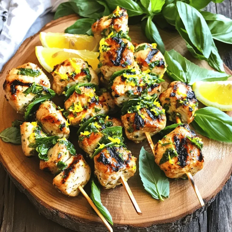 - 1 pound boneless, skinless chicken breasts, cut into 1-inch cubes - 1/4 cup fresh basil leaves, finely chopped - Zest from 2 lemons (about 2 tablespoons) - 3 tablespoons freshly squeezed lemon juice The chicken breast serves as a great base. It’s lean, tender, and perfect for grilling. Fresh basil adds a bright, herbal note. The lemon zest and juice provide a refreshing tang that makes this dish stand out. - 2 tablespoons extra virgin olive oil - 2 cloves garlic, finely minced - 1 teaspoon honey (optional, for a touch of sweetness) Olive oil keeps the chicken moist and helps the flavors blend. Garlic adds depth and aroma, while honey can balance the tart lemon if you want a hint of sweetness. - Salt and freshly ground black pepper to taste - Wooden or metal skewers Salt and pepper are essential for enhancing flavors. If you use wooden skewers, soak them in water for 30 minutes. This prevents burning during grilling. For the Full Recipe, check the detailed instructions along with cooking tips. You’ll need these ingredients to create a fantastic summer delight. To start, mix the marinade ingredients in a bowl. Combine: - 1/4 cup fresh basil leaves, finely chopped - Zest from 2 lemons (about 2 tablespoons) - 3 tablespoons freshly squeezed lemon juice - 2 tablespoons extra virgin olive oil - 2 cloves garlic, finely minced - 1 teaspoon honey (optional) - Salt and pepper to taste Whisk these together until they blend well. This step builds flavor. The lemon and basil create a bright, fresh taste that makes the chicken sing. Marination is key for juicy chicken. It helps the meat soak up the marinade's flavors. Once you prepare the marinade, add the cubed chicken to the bowl. Make sure each piece is coated. Cover the bowl tightly with plastic wrap. Let the chicken marinate in the fridge for at least 30 minutes. For best results, aim for 1-2 hours. This allows the chicken to become tender and flavorful. While the chicken marinates, preheat your grill or grill pan over medium-high heat. A hot grill helps create a nice sear on the chicken. Once the chicken is ready, thread the cubes onto skewers. Leave small gaps between pieces for even cooking. Place the skewers on the grill. Cook them for about 10-12 minutes, turning them often. To ensure the chicken is done, use a meat thermometer. The internal temperature should reach 165°F. After grilling, let the skewers rest for a few minutes. This helps keep the chicken moist. For the full recipe, check the section above. Enjoy making your lemon basil chicken skewers! To get juicy chicken, monitor the grill's temperature. Aim for medium-high heat. This helps cook the chicken quickly while keeping it tender. Use a meat thermometer to check the inside. The chicken should reach 165°F. Avoid over-charring by turning the skewers. Rotate them every few minutes for even cooking. If you see dark spots, move the skewers to a cooler part of the grill. This way, the chicken cooks well without burning. You can add more spices and herbs to the marinade. Consider using oregano or thyme for extra zest. A pinch of red pepper flakes can give it a nice kick. Just be careful not to overpower the lemon and basil. For marinating, let the chicken soak for at least 30 minutes. If you have time, marinate it for a few hours. The longer it sits, the more flavor it absorbs. This step makes a big difference in taste. For plating, arrange the skewers on a wooden board or a nice platter. Adding fresh basil leaves and lemon wedges makes it look vibrant. This adds a pop of color and gives a hint of what’s inside. Pair the skewers with side dishes like grilled vegetables or a fresh salad. You can also serve them with rice or quinoa for a filling meal. These sides enhance the overall experience of your lemon basil chicken skewers. Check the Full Recipe for more ideas! {{image_4}} You can change things up with lemon basil chicken skewers. Try adding vegetable skewers. Bell peppers, zucchini, and cherry tomatoes make great choices. They add color and crunch. If you want to swap proteins, shrimp is a tasty option. Shrimp cooks fast and absorbs flavors well. Just marinate them the same way as chicken. Dipping sauces can take your skewers to new heights. A simple garlic aioli pairs well with the fresh flavors. You can also try tzatziki for a cool and creamy contrast. For a spicy kick, sriracha or a sweet chili sauce is perfect. These sauces work with the lemon and basil, enhancing each bite. If you need gluten-free options, check your sauces and marinades. Most of the ingredients are safe, but read labels. For vegan alternatives, use tofu or tempeh instead of chicken. Marinate them just like the chicken for the best taste. You can still enjoy the bright lemon and basil flavors in a plant-based version. For the full recipe, check the [Full Recipe]. Refrigeration Guidelines After cooking, allow the chicken skewers to cool. Place them in an airtight container. Refrigerate within two hours. The chicken can stay fresh for up to four days. Always check for any signs of spoilage before eating. Freezing Tips If you want to keep them longer, freezing is a great option. Wrap the skewers tightly in plastic wrap. Then, place them in a freezer bag. They can last for up to three months in the freezer. When ready to use, thaw them in the fridge overnight before reheating. Best Methods The best way to reheat your skewers is in the oven. Preheat it to 350°F (175°C). Place the skewers on a baking tray for about 10 to 15 minutes. This method helps keep the chicken juicy. You can also reheat them on the grill for a nice char. Maintaining Flavor and Texture To maintain the flavor, add a splash of water or broth while reheating. Cover the skewers with foil to keep moisture in. This prevents the chicken from drying out and keeps it tasty. How Long Can They Last? When stored properly, cooked lemon basil chicken skewers can last for about four days in the fridge. If frozen, they can last up to three months without losing quality. Signs of Spoilage Always check for signs of spoilage. If the chicken smells off or has a slimy texture, it's best to toss it. Color change can also indicate spoilage. Trust your senses; when in doubt, throw it out. If you want to swap chicken, many tasty options exist. You can use: - Turkey breast: It has a mild flavor like chicken. - Tofu: Great for a plant-based option. - Shrimp: Cooks fast and absorbs flavors well. - Pork tenderloin: Offers a different texture and taste. Each of these options works well with the lemon and basil marinade. Adjust cooking times based on the protein you choose. Yes! Preparing the marinade ahead saves time. Here are some tips: - Mix all marinade ingredients in a bowl. - Store it in a sealed container in the fridge for up to 2 days. - When ready, add your chicken and let it soak up those flavors. Make sure to mix well before using. This keeps the flavors fresh and vibrant. To make sure your chicken is safe to eat, use a meat thermometer. Here’s how: - Insert the thermometer into the thickest part of the chicken. - Look for a temperature of 165°F. This means it’s fully cooked. - If you don't have a thermometer, cut a piece open. The meat should be white, not pink. Using a thermometer helps you avoid undercooked chicken, keeping your meal safe and tasty. You now know how to make delicious grilled chicken skewers. Start with fresh chicken, herbs, and a tasty marinade. Marinade time is key for flavor. Grilling tips help you serve juicy chicken every time. You can try different add-ins or sauces for variety. Store leftovers properly to keep them fresh. This recipe is simple yet satisfying, perfect for meals anytime. Enjoy creating your perfect skewers!