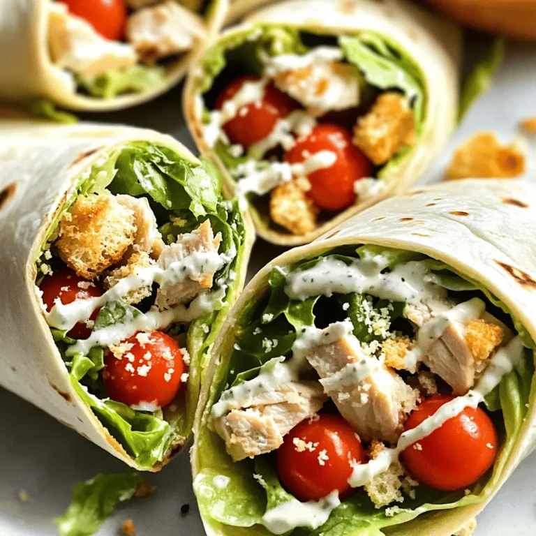 - 2 cups cooked chicken breast, diced - 4 large flour tortillas - 1 cup romaine lettuce, chopped - 1/2 cup Parmesan cheese, grated - 1/2 cup Caesar dressing - 1/4 cup cherry tomatoes, halved - Salt and pepper to taste - Optional ingredients: croutons for added crunch Gathering the right ingredients is key for great Chicken Caesar Wraps. Start with cooked chicken breast. You can grill, bake, or even use leftovers. Dice it into small pieces for easy wrapping. Next, choose large flour tortillas. These hold all the tasty fillings. Chop fresh romaine lettuce. It adds crunch and freshness. Grate Parmesan cheese for a salty kick. Use a good-quality Caesar dressing to mix all the flavors. Cherry tomatoes add color and sweetness. Season with salt and pepper to enhance the taste. If you want more texture, don’t forget croutons! They give an extra crunch. For a full list of steps, check the Full Recipe. - Combine chicken, lettuce, cheese, and tomatoes in a bowl. - Add Caesar dressing and toss to coat. - Season with salt and pepper. In this first step, I love to use tender, cooked chicken. It makes a big difference. Chopped romaine adds crunch. The grated Parmesan gives a rich taste. Halved cherry tomatoes add sweetness. Mixing these in a bowl makes sure every bite is full of flavor. Once I coat everything with Caesar dressing, it becomes creamy and delicious. I always taste and adjust the salt and pepper. You want just the right amount to bring out the flavors. - Lay tortilla flat and add filling. - Fold sides and roll the wrap. Now, it’s time to wrap! I take a tortilla and lay it flat. Spoon a good amount of the chicken mixture in the center. Don’t overfill, or it will spill out! To wrap, I fold the sides in and roll it up tightly. It’s like a present filled with tasty goodness. I repeat this with all the tortillas until everything is wrapped up. - Serve immediately or prepare for on-the-go lunches. - Optional: Offer extra Caesar dressing for dipping. These wraps are best right away. But they also work for lunches later. Just wrap them in foil or parchment paper. I love to cut each wrap in half. It shows off the colorful filling. Serving with a small dish of extra Caesar dressing is a great touch. It adds flavor and fun to the meal. You can find the full recipe in the link above for more details! You can change the amounts of each ingredient to fit your taste. If you want more crunch, add more lettuce or croutons. For a meatier wrap, try using more chicken. You can also swap the chicken for other proteins. Try grilled shrimp or tofu for a fun twist. Experiment with different flavors to find your favorite mix. Cut each wrap in half diagonally. This makes them look nice and shows off the colorful filling. You can serve the halves on a plate with extra Caesar dressing on the side. This adds to the visual appeal and gives a tasty dip option. A simple garnish, like a sprinkle of parsley, can also enhance the look. Making these wraps in advance saves time during busy days. You can prepare them for lunches or quick dinners. Wrap each one tightly in plastic wrap or foil to keep them fresh. Store them in the fridge for up to two days. Make sure to enjoy them chilled or at room temperature. For best taste, add dressing just before eating. Check out the Full Recipe for more details on preparation! {{image_4}} You can swap chicken for grilled shrimp or tofu. Grilled shrimp adds a sweet, smoky taste. It's quick to cook and pairs well with Caesar flavors. Tofu gives a nice texture and absorbs dressings well. Just marinate the tofu for extra flavor before grilling. Both options change the wrap while keeping it delicious. For a meatless meal, use chickpeas or tempeh instead of chicken. Chickpeas add protein and a nutty flavor. They are also great for texture. Tempeh has a unique taste and is full of protein, too. Both choices make the wrap filling and satisfying. This makes the dish great for vegetarians or anyone wanting less meat. You can play with dressings and seasonings to boost flavor. Try ranch or Greek dressing for a twist. Adding spices like garlic powder or smoked paprika can give your wrap a kick. You might even sprinkle some lemon juice for a fresh zing. These small changes can make your Easy Chicken Caesar Wraps exciting and different every time you make them. You can store your Chicken Caesar Wraps in the fridge for up to three days. Keep them in a sealed container to keep them fresh. The wraps may get soggy if left too long, so eat them sooner rather than later. Yes, you can freeze these wraps! To freeze, wrap each one tightly in plastic wrap. Then, place them in a freezer bag. They can last up to two months in the freezer. When ready to eat, thaw them in the fridge overnight. Then, enjoy them cold or heat them in a microwave. Use airtight containers to keep your wraps fresh. Glass containers work well, as do BPA-free plastic containers. Make sure they seal tightly to prevent air from getting in. This will help maintain the flavor and texture of your wraps for a longer time. To make Easy Chicken Caesar Wraps, you start with cooked chicken. Chop it into small pieces. Then, mix the chicken with chopped romaine lettuce, grated Parmesan cheese, and halved cherry tomatoes in a bowl. Drizzle Caesar dressing over this mix and toss it gently. Season with salt and pepper to taste. Next, lay a tortilla flat. Spoon the chicken mixture into the center. If you like, add croutons for crunch. Fold the sides in and roll it up tightly. Repeat this for all tortillas. Enjoy them right away or wrap them for later! If you want to change the flavor, you can use different dressings. Ranch dressing adds a creamy taste. Greek yogurt can give a nice tang. You can also try a simple mix of olive oil and lemon juice. These options keep the wraps tasty and fresh. Choose one that you like best. Yes, you can use whole wheat tortillas! They work great with this wrap. Whole wheat adds more fiber and nutrients. The flavor is slightly different, but still delicious. You can use any type of tortilla you enjoy. Just remember to fill them the same way! This blog post covered tasty Chicken Caesar Wraps, detailing the key ingredients and simple steps. You learned how to customize your wraps and serve them fresh. Remember, you can explore different proteins and make vegetarian options as well. Storing these wraps properly ensures they stay delicious longer. Try new flavors to keep things interesting. Whether for a quick meal or lunch prep, these wraps are easy and fun! Enjoy making and sharing your creations.