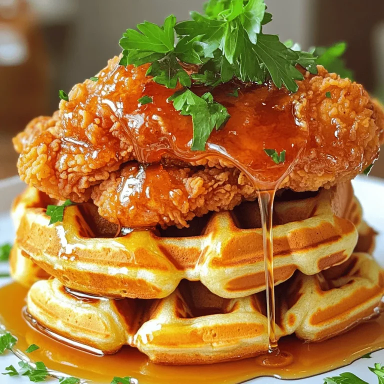 - 2 boneless, skinless chicken breasts - 1 cup buttermilk - 1 cup all-purpose flour - 1 teaspoon baking powder - 1 teaspoon smoked paprika - 1/2 teaspoon garlic powder - 1/2 teaspoon cayenne pepper - Salt and freshly ground black pepper, to taste - 4 ready-made waffles (or homemade) - 2 tablespoons honey - Maple syrup, for drizzling - Fresh parsley, chopped, for garnish In this easy chicken and waffles recipe, you start with two boneless, skinless chicken breasts. Soak them in one cup of buttermilk. This step makes the chicken juicy and tender. Next, prepare the breading mix. You need one cup of all-purpose flour, one teaspoon of baking powder, one teaspoon of smoked paprika, half a teaspoon of garlic powder, and half a teaspoon of cayenne pepper. Don’t forget to add salt and pepper to taste. For the waffles, you can use four ready-made waffles or make your own. To finish, you will need two tablespoons of honey and maple syrup for drizzling. Chop some fresh parsley for garnish. This dish combines sweet and savory flavors, making it a favorite for many. Check out the Full Recipe to see how to put it all together. - Immerse chicken in buttermilk. - Cover and refrigerate. Start by taking two boneless, skinless chicken breasts. Place them in a bowl and pour in one cup of buttermilk. Make sure the chicken is fully coated. Cover the bowl with plastic wrap and set it in the fridge. Let it sit for at least one hour, or overnight for the best flavor. The buttermilk helps tenderize the chicken and adds a nice tang. - Combine flour and spices. - Mix to create a uniform dry mixture. Next, grab a shallow dish. In it, combine one cup of all-purpose flour with one teaspoon of baking powder, one teaspoon of smoked paprika, half a teaspoon of garlic powder, and half a teaspoon of cayenne pepper. Add salt and black pepper to taste. Mix well until everything is even. This blend will give your chicken a delicious crust. - Dredge marinated chicken in flour mixture. - Shake off excess flour. After marinating, take the chicken out of the fridge. Let the extra buttermilk drip off. Now, dredge each piece in the flour mixture. Make sure to coat both sides well. Once coated, shake off any excess flour. This step is key for achieving a crispy texture. - Heat oil in a skillet. - Fry chicken until golden-brown. In a large skillet, heat about half an inch of oil over medium-high heat. Wait until the oil is shimmering. Carefully place the coated chicken breasts into the skillet. Fry each piece for about 5-7 minutes on each side. They should turn a beautiful golden-brown color. Check the internal temperature; it should reach 165°F. Once cooked, transfer the chicken to a plate lined with paper towels to soak up excess oil. - Toast waffles according to instructions. While the chicken fries, it’s time to warm the waffles. You can use ready-made waffles or make your own if you prefer. Just toast them according to the package instructions until they are crispy and heated through. This will balance the hot chicken nicely. - Layer waffle and chicken. - Drizzle with honey and maple syrup. To assemble, take a warm waffle and place it on a serving plate. Top it with a piece of the golden fried chicken. Now, for the fun part! Drizzle honey generously over the chicken. Then, add a touch of maple syrup according to your taste. This sweet and savory combo makes every bite a delight. - Ensure oil is hot before frying. Hot oil makes the chicken crispy. - Don’t overcrowd the skillet. This helps keep the oil hot and even. - Stack chicken slightly off-center. This adds height and looks appealing. - Garnish with parsley and drizzle syrup. It gives color and extra flavor. - Consider brining chicken overnight. This makes it juicier and more flavorful. - Experiment with different spices. Try herbs or blends for new tastes. For a detailed guide, check out the Full Recipe. {{image_4}} You can switch things up with grilled chicken instead of fried. Grilled chicken has a nice smoky flavor. Plus, it's a lighter option. I love using chicken thighs for this dish. They are more juicy and tender than breasts. Thighs also add great flavor to the meal. For the waffles, try adding flavors like cinnamon or vanilla. These will give your dish a fun twist. You can also make mini waffles. They are perfect for a bite-sized treat. Kids love them, and they are easy to share. If you want to change the sweet element, try agave syrup instead of honey. It’s a nice alternative for a sweeter touch. You can also use a fruit compote. Fresh berries or peaches work great and add a fruity burst. These options make your chicken and waffles even more special. For the full recipe, check out the ingredients and steps above! After you savor your chicken and waffles, store any leftovers in an airtight container. This keeps the food fresh and safe. The dish is best consumed within 2 days. If you wait too long, the taste and texture will suffer. You can freeze the cooked chicken and waffles for later. Be sure to store them separately. This way, the waffles do not get soggy. When you are ready to eat, reheat the chicken and waffles in the oven for best results. This helps keep everything crispy and tasty. When it's time to enjoy leftovers, use an oven or air fryer to reheat the chicken. This method preserves the crispy coating. Avoid using a microwave, as it can make the chicken chewy and wet. Keeping the texture nice is key to enjoying your meal again. To make homemade waffles, start with a simple batter. Mix together: - 1 cup all-purpose flour - 1 tablespoon sugar - 1 teaspoon baking powder - 1/2 teaspoon salt - 1 cup milk - 1 large egg - 2 tablespoons melted butter Combine all the dry ingredients in one bowl. In another bowl, whisk the wet ingredients. Mix them together until just combined. Cook in a preheated waffle maker for about 5 minutes until golden brown. You can also use my [Full Recipe] for a quick option with ready-made waffles. Yes! You can explore using turkey or even tofu for a vegetarian option. Turkey breast works well as a leaner choice. For tofu, press it to remove excess moisture, then marinate like the chicken. This adds great flavor and keeps it moist. To get crispy chicken, keep the oil hot. Heat it to about 350°F before frying. This helps form a crust. Don't overcrowd the skillet; fry in batches if needed. Cook until golden brown, about 5-7 minutes per side. Yes, meal prepping is easy! You can marinate the chicken in advance. Also, cook and freeze the chicken separately from the waffles. Store in airtight containers. This meal stays tasty for up to two days in the fridge. You can spice up your chicken with different seasonings. Try adding more cayenne pepper or smoked paprika for heat. Top your waffles with fresh fruit or whipped cream. Maple syrup adds sweetness, but feel free to experiment! For sides, think about fresh fruit or a light salad. Sliced strawberries or mixed berries add a nice touch. A simple green salad can balance the dish’s richness. You can also serve it with sweet potato fries for a fun twist. You learned how to make a tasty chicken and waffles dish. We covered marinating chicken, preparing breading, and frying until golden-brown. You also saw tips for storage and variations. Don't be afraid to try different spices or use grilled chicken. This dish is fun and delicious. Enjoy making it and sharing with friends!