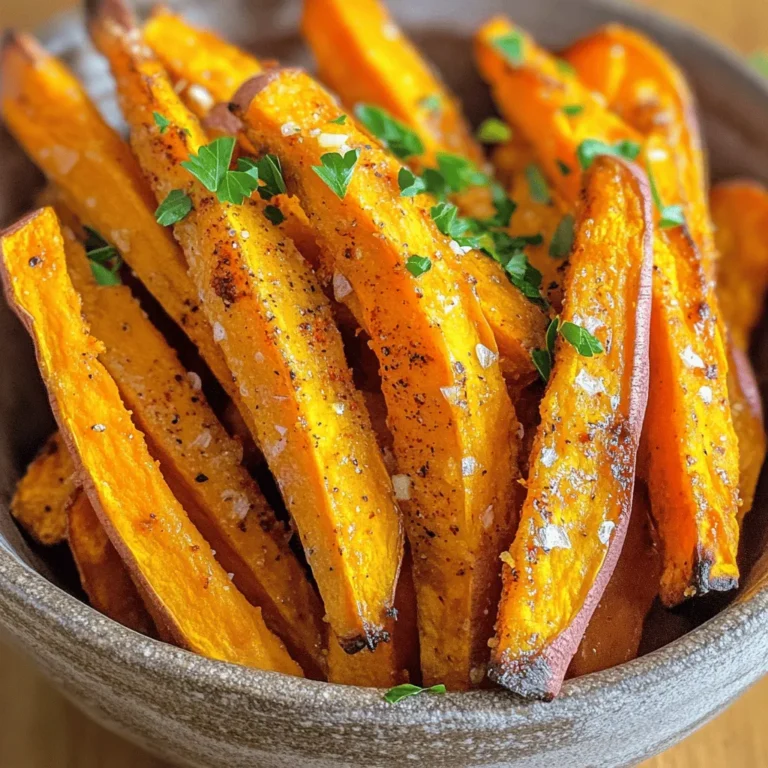 To make crispy baked sweet potato fries, gather these simple ingredients. - 2 large sweet potatoes, peeled and cut into thin, even fries - 2 tablespoons extra-virgin olive oil - 1 teaspoon smoked paprika - 1 teaspoon garlic powder - ½ teaspoon cayenne pepper (optional, for a spicy kick) - Sea salt and freshly ground black pepper to taste - Fresh parsley, finely chopped (for garnish) Sweet potatoes are the star of this dish. They offer a natural sweetness and a vibrant color. Start by peeling them. Then, cut them into thin, even fries. This ensures they cook evenly and get crispy. Extra-virgin olive oil helps the fries crisp up nicely. The oil also carries the flavors from the spices. Smoked paprika adds a unique taste, while garlic powder gives depth. If you like heat, add cayenne pepper for a kick. Salt and black pepper enhance all the flavors. For a fresh touch, garnish with finely chopped parsley. You can also serve these fries with a dip. Classic ketchup works well, but a tangy aioli can elevate the flavor even more. Enjoy experimenting with your favorite dips! Try this full recipe and impress your friends with your cooking skills! 1. Preheat your oven to 425°F (220°C). A hot oven helps the fries get crispy. 2. In a large bowl, add 2 large sweet potatoes, peeled and cut into thin fries. 3. Drizzle 2 tablespoons of extra-virgin olive oil over the fries. Toss them gently to coat. 4. In a small bowl, mix together 1 teaspoon smoked paprika, 1 teaspoon garlic powder, and ½ teaspoon cayenne pepper (if you want heat). Add sea salt and black pepper to taste. Stir well to blend the spices. 5. Sprinkle the spice mix over the sweet potatoes. Toss again until all the fries are coated. 1. Line a baking sheet with parchment paper. This helps the fries not stick. 2. Spread the fries in a single layer on the sheet. Make sure they have space to cook evenly. 3. Bake for 20-25 minutes. Halfway through, flip the fries with a spatula. This helps them brown on both sides. 4. Watch closely in the last few minutes. You want them golden brown and crispy. 5. When done, remove the fries. Garnish with fresh parsley for color. Enjoy your crispy baked sweet potato fries hot, with your favorite dip! For the full recipe, check out the details above. To get perfect crispy sweet potato fries, cutting matters. Make sure the fries are thin and even. This helps them cook uniformly. If the fries are too thick, they may turn out soft. Using parchment paper is a game-changer. It keeps the fries from sticking, helps them brown better, and makes cleanup easy. Spread the fries out on the paper without crowding. Air needs to flow around them for that crunch. Temperature and time are key too. Preheat your oven well to 425°F (220°C). Bake the fries for 20-25 minutes. Flip them halfway through to brown both sides. Check them closely in the last few minutes. You want golden brown and crispy, not burnt. Now, let’s talk flavor. You can try many seasonings to spice things up. Besides smoked paprika, consider adding cumin or even cinnamon for a twist. Mixing flavors can enhance the fries' taste. Combining herbs and spices works wonders. Try a mix of rosemary and garlic powder, or even add fresh herbs after baking. They add depth and freshness. Cooking techniques can also boost flavor. For example, toss the fries with garlic while baking. You could add lemon juice or zest for brightness. These simple tweaks make your fries stand out. For the full recipe, check the earlier sections. Enjoy creating this tasty snack! {{image_4}} You can easily give baked sweet potato fries a fun twist. Here are some ideas: - Spicy sweet potato fries: Add more cayenne pepper or use chili powder. This adds heat and makes them exciting. - Sweet and savory combinations: Try adding a sprinkle of cinnamon or brown sugar. This creates a sweet balance with the savory spices. - Different dipping sauces to pair with: Experiment with dips like chipotle mayo, ranch, or even a homemade garlic aioli. Each dip can change the whole flavor experience. If you have dietary needs, there are easy options: - Gluten-free adjustments: This recipe is naturally gluten-free. Just ensure your spices are also gluten-free. - Vegetarian and vegan options: All ingredients are plant-based. You can enjoy this dish with no worries. - Low-calorie alternatives: You can reduce the oil to just one tablespoon. This keeps the fries tasty while cutting calories. By using these variations, you can create a snack that fits your taste and dietary needs. For the complete recipe, check out the Full Recipe section above. How do you store leftovers? After enjoying your baked sweet potato fries, let them cool first. Place them in an airtight container. This keeps them fresh and prevents sogginess. Store the container in the fridge. How can you reheat fries for crispiness? To reheat, use your oven. Preheat it to 400°F (200°C). Spread the fries on a baking sheet. Bake them for about 10 minutes. This helps regain their crunch. You can also use an air fryer if you have one. What about freezing instructions for longer storage? You can freeze sweet potato fries! First, let them cool completely. Then, spread them on a baking sheet and freeze for an hour. Once frozen, transfer them to a freezer bag. Seal it tightly and label it. They can last up to three months. How long do baked sweet potato fries last in the fridge? Baked sweet potato fries can last about 3-5 days in the fridge. Make sure they are in an airtight container. What are the signs of spoilage? If the fries smell bad or look discolored, it’s time to toss them. A slimy texture is also a bad sign. Always trust your senses! What are the nutritional benefits of sweet potatoes? Sweet potatoes are packed with vitamins and minerals. They are high in fiber, which helps digestion. They also contain beta-carotene, which supports eye health. Plus, they have antioxidants that fight free radicals in the body. This makes sweet potatoes a healthy choice for snacks. Can I make these fries in an air fryer? Yes, you can use an air fryer for these fries! Set the air fryer to 400°F (200°C). Cook the fries in a single layer for about 15-20 minutes. Shake the basket halfway through for even cooking. You’ll get crispy fries with less oil! How do I prevent my fries from being soggy? To avoid soggy fries, cut them evenly and thin. This helps them cook evenly. Also, make sure to coat them lightly in oil and spices. Spread them out on the baking sheet to allow air to circulate. Flip them halfway through baking for the best texture. What's the best way to cut sweet potatoes for fries? The best way to cut sweet potatoes is to first peel them. Then, slice them into 1/4-inch thick sticks. Try to keep the size consistent for even cooking. Use a sharp knife for clean cuts, and be careful while cutting. Can I use other types of potatoes? Yes, you can use other potatoes like russets or Yukon Golds. They will taste different but can still become crispy fries. Keep in mind that cooking times may vary, so check for doneness. How to serve baked sweet potato fries? Serve your baked sweet potato fries hot. They pair well with dips like ketchup, aioli, or ranch dressing. You can also sprinkle some fresh herbs on top for added flavor. Enjoy them as a snack or a side dish with your meal! In this post, we explored making delicious baked sweet potato fries. We covered the ingredients, preparation steps, and baking instructions. Tips for crispiness and flavor enhancements help you elevate your fries. We also shared variations, storage practices, and answers to common questions. Embrace your creativity in the kitchen with these recipes. Enjoy satisfying, healthy fries that everyone will love.