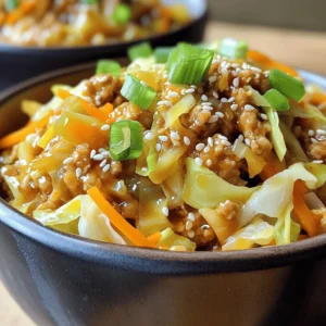 - 1 lb ground chicken or turkey - 1 tablespoon sesame oil - 2 cups green cabbage, finely shredded - 1 small onion, diced - 3 cloves garlic, minced - 1-inch piece fresh ginger, grated - 1/4 cup low-sodium soy sauce - 1 tablespoon rice vinegar - 2 green onions, sliced (for garnish) Egg Roll in a Bowl starts with fresh and simple ingredients. The main items include ground chicken or turkey, which adds protein and flavor. I love using sesame oil for cooking; it gives a nutty taste that enhances the dish. The green cabbage provides that classic egg roll crunch. For more flavor, I add diced onion, minced garlic, and fresh ginger. These ingredients pack a punch and make the dish exciting. The seasonings bring everything together. Low-sodium soy sauce adds saltiness without being too heavy. Rice vinegar offers a bit of tang. Finally, green onions on top make it look pretty and fresh. This recipe is flexible. Feel free to add your favorite veggies or adjust the seasonings. For the full recipe, check out Egg Roll in a Bowl Delight. Enjoy cooking! 1. First, heat 1 tablespoon of sesame oil in a large non-stick skillet over medium heat. Wait until it shimmers. 2. Next, add 1 small diced onion to the pan. Sauté for 2-3 minutes until the onion softens. 3. Now, mix in 3 minced garlic cloves and 1-inch piece of grated ginger. Cook for 1-2 minutes until fragrant. 1. Increase the heat to medium-high. Introduce 1 pound of ground chicken or turkey to the skillet. 2. Use a spatula to break the meat apart as it cooks. Cook thoroughly for about 5-7 minutes until no pink remains. 1. Once the meat is fully cooked, add 2 cups of shredded green cabbage, 1 cup of shredded carrots, and 1/2 cup of diced mushrooms to the skillet. 2. Stir everything together and sauté for about 5 minutes. You want the veggies tender yet still crisp. 3. In a small bowl, whisk together 1/4 cup of low-sodium soy sauce, 1 tablespoon of rice vinegar, 1 teaspoon of sugar, and 1/4 teaspoon of red pepper flakes, if you like heat. 4. Pour this sauce over the mixture in the skillet. Stir well and cook for another 2-3 minutes, letting all the flavors blend. 5. Season with salt and freshly cracked pepper to taste. Serve hot, garnished with sliced green onions. For the full recipe, check out the Egg Roll in a Bowl Delight 🥢🥚. Enjoy your meal! When making Egg Roll in a Bowl, choosing the right meat is key. Ground chicken gives a light flavor. Ground turkey is leaner and has a richer taste. Both work well, so pick what you like best. To keep your vegetables crisp, do not overcook them. Add cabbage, carrots, and mushrooms last. Stir-fry just until they are bright and tender. This keeps the crunch and bright color. For a great bowl presentation, use deep bowls. Layer the meat and veggie mix at the bottom. Top with green onions and sesame seeds for a nice look. It makes the dish more fun to eat! As for sides, steamed rice or cauliflower rice pairs well. You can also serve with a simple salad. These sides balance the flavors and add a fresh touch. If you like spice, add more red pepper flakes. You can also try Sriracha or chili oil. These give your dish a nice heat that wakes up the flavors. For different tastes, swap in soy sauce with coconut aminos. You can also use ginger paste or garlic powder. These changes can give your meal a new twist. Explore your options to find your favorite flavor! For the full recipe, check out the complete details above. Enjoy your cooking! {{image_4}} You can easily make a vegetarian version of Egg Roll in a Bowl. Start by using plant-based ground meat. It mimics the texture of meat while keeping it meat-free. You can also add tofu or tempeh. Both options soak up flavors well and add protein. If you are on a keto diet, you can swap in low-carb veggies. Use zucchini noodles or cauliflower rice instead of the traditional cabbage. For sauces, try coconut aminos instead of soy sauce. It has fewer carbs and still packs a flavorful punch. To make this dish gluten-free, use tamari in place of soy sauce. This simple swap keeps the taste but removes gluten. If you want to lower sodium, use low-sodium soy sauce. You can also cut back on added salt. These changes help you enjoy the dish while meeting your health needs. For more ideas, check out the Full Recipe to explore all the tasty options! To keep your Egg Roll in a Bowl fresh, store leftovers in the fridge. Place the dish in a shallow container with a tight lid. This helps keep the flavors intact and prevents moisture loss. Use containers made of glass or BPA-free plastic. These materials help maintain the food's taste and texture. To reheat, use the microwave or a skillet. If using the microwave, place it in a bowl and cover it with a damp paper towel. Heat in short bursts of 30 seconds, stirring in between. If you prefer a skillet, add a splash of water and cover it. This helps steam the dish, keeping it moist and tasty. If you want to freeze portions, use freezer-safe containers. Separate the dish into single servings. Label each container with the date. When you're ready to eat, defrost it in the fridge overnight. Reheat it in a skillet or microwave, ensuring it's heated through. This way, you can enjoy a quick, tasty meal anytime. For the full recipe, check the section above. What is Egg Roll in a Bowl? Egg Roll in a Bowl is a fun twist on traditional egg rolls. It combines ground meat, cabbage, and carrots, all served in a bowl instead of a wrapper. This dish is packed with flavor and is quick to make. You get all the tasty parts of an egg roll without the fuss of rolling. How to make Egg Roll in a Bowl healthier? You can make this dish healthier by using lean ground meat, like turkey. Swap in more veggies, such as bell peppers or snow peas. You can also use low-sodium soy sauce to cut down on salt. These changes keep the meal healthy while still being delicious. Can I use frozen vegetables? Yes, frozen vegetables work well in this dish. They save time and are just as nutritious. Just be sure to thaw them before adding them to the skillet. How long does it take to cook? Cooking Egg Roll in a Bowl takes about 25 minutes. This includes prep and cooking time. It's a perfect dish for those busy weeknights when you want something quick and tasty. What is the serving size? This recipe serves four people. Each serving gives you a hearty portion full of flavor and nutrients. Nutritional information for Egg Roll in a Bowl One serving typically has around 300 calories. It has about 20 grams of protein and is low in carbs. This dish also provides fiber from the veggies. For the full recipe, check out the detailed breakdown to see all the nutrients. This article covered how to make a delicious Egg Roll in a Bowl. We looked at main and additional ingredients, seasonings, and cooking steps. I shared tips to perfect the dish and offered variations for different diets. Proper storage and reheating methods help you enjoy leftovers. Keep experimenting with flavors and ingredients to make this recipe your own. It’s a fun dish that you can easily personalize for your tastes and needs. Happy cooking!