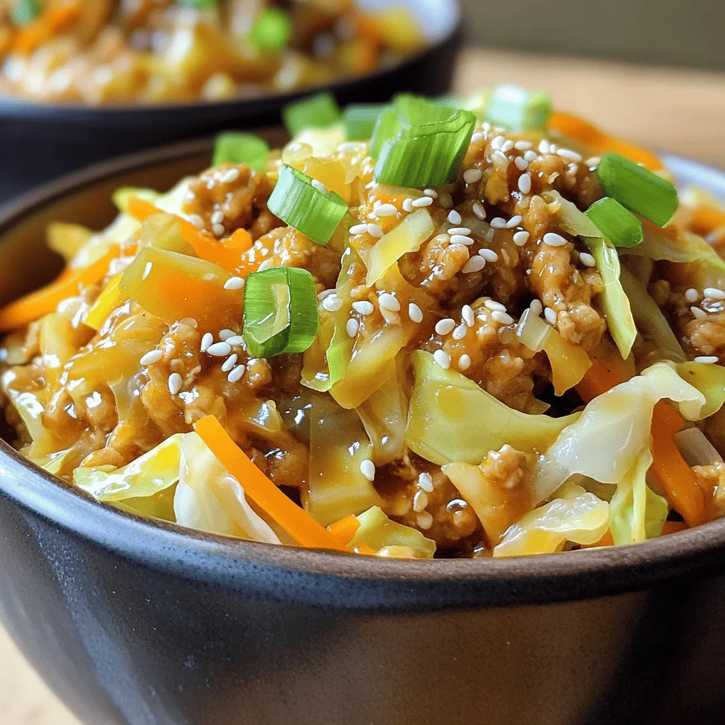 - 1 lb ground chicken or turkey - 1 tablespoon sesame oil - 2 cups green cabbage, finely shredded - 1 small onion, diced - 3 cloves garlic, minced - 1-inch piece fresh ginger, grated - 1/4 cup low-sodium soy sauce - 1 tablespoon rice vinegar - 2 green onions, sliced (for garnish) Egg Roll in a Bowl starts with fresh and simple ingredients. The main items include ground chicken or turkey, which adds protein and flavor. I love using sesame oil for cooking; it gives a nutty taste that enhances the dish. The green cabbage provides that classic egg roll crunch. For more flavor, I add diced onion, minced garlic, and fresh ginger. These ingredients pack a punch and make the dish exciting. The seasonings bring everything together. Low-sodium soy sauce adds saltiness without being too heavy. Rice vinegar offers a bit of tang. Finally, green onions on top make it look pretty and fresh. This recipe is flexible. Feel free to add your favorite veggies or adjust the seasonings. For the full recipe, check out Egg Roll in a Bowl Delight. Enjoy cooking! 1. First, heat 1 tablespoon of sesame oil in a large non-stick skillet over medium heat. Wait until it shimmers. 2. Next, add 1 small diced onion to the pan. Sauté for 2-3 minutes until the onion softens. 3. Now, mix in 3 minced garlic cloves and 1-inch piece of grated ginger. Cook for 1-2 minutes until fragrant. 1. Increase the heat to medium-high. Introduce 1 pound of ground chicken or turkey to the skillet. 2. Use a spatula to break the meat apart as it cooks. Cook thoroughly for about 5-7 minutes until no pink remains. 1. Once the meat is fully cooked, add 2 cups of shredded green cabbage, 1 cup of shredded carrots, and 1/2 cup of diced mushrooms to the skillet. 2. Stir everything together and sauté for about 5 minutes. You want the veggies tender yet still crisp. 3. In a small bowl, whisk together 1/4 cup of low-sodium soy sauce, 1 tablespoon of rice vinegar, 1 teaspoon of sugar, and 1/4 teaspoon of red pepper flakes, if you like heat. 4. Pour this sauce over the mixture in the skillet. Stir well and cook for another 2-3 minutes, letting all the flavors blend. 5. Season with salt and freshly cracked pepper to taste. Serve hot, garnished with sliced green onions. For the full recipe, check out the Egg Roll in a Bowl Delight 🥢🥚. Enjoy your meal! When making Egg Roll in a Bowl, choosing the right meat is key. Ground chicken gives a light flavor. Ground turkey is leaner and has a richer taste. Both work well, so pick what you like best. To keep your vegetables crisp, do not overcook them. Add cabbage, carrots, and mushrooms last. Stir-fry just until they are bright and tender. This keeps the crunch and bright color. For a great bowl presentation, use deep bowls. Layer the meat and veggie mix at the bottom. Top with green onions and sesame seeds for a nice look. It makes the dish more fun to eat! As for sides, steamed rice or cauliflower rice pairs well. You can also serve with a simple salad. These sides balance the flavors and add a fresh touch. If you like spice, add more red pepper flakes. You can also try Sriracha or chili oil. These give your dish a nice heat that wakes up the flavors. For different tastes, swap in soy sauce with coconut aminos. You can also use ginger paste or garlic powder. These changes can give your meal a new twist. Explore your options to find your favorite flavor! For the full recipe, check out the complete details above. Enjoy your cooking! {{image_4}} You can easily make a vegetarian version of Egg Roll in a Bowl. Start by using plant-based ground meat. It mimics the texture of meat while keeping it meat-free. You can also add tofu or tempeh. Both options soak up flavors well and add protein. If you are on a keto diet, you can swap in low-carb veggies. Use zucchini noodles or cauliflower rice instead of the traditional cabbage. For sauces, try coconut aminos instead of soy sauce. It has fewer carbs and still packs a flavorful punch. To make this dish gluten-free, use tamari in place of soy sauce. This simple swap keeps the taste but removes gluten. If you want to lower sodium, use low-sodium soy sauce. You can also cut back on added salt. These changes help you enjoy the dish while meeting your health needs. For more ideas, check out the Full Recipe to explore all the tasty options! To keep your Egg Roll in a Bowl fresh, store leftovers in the fridge. Place the dish in a shallow container with a tight lid. This helps keep the flavors intact and prevents moisture loss. Use containers made of glass or BPA-free plastic. These materials help maintain the food's taste and texture. To reheat, use the microwave or a skillet. If using the microwave, place it in a bowl and cover it with a damp paper towel. Heat in short bursts of 30 seconds, stirring in between. If you prefer a skillet, add a splash of water and cover it. This helps steam the dish, keeping it moist and tasty. If you want to freeze portions, use freezer-safe containers. Separate the dish into single servings. Label each container with the date. When you're ready to eat, defrost it in the fridge overnight. Reheat it in a skillet or microwave, ensuring it's heated through. This way, you can enjoy a quick, tasty meal anytime. For the full recipe, check the section above. What is Egg Roll in a Bowl? Egg Roll in a Bowl is a fun twist on traditional egg rolls. It combines ground meat, cabbage, and carrots, all served in a bowl instead of a wrapper. This dish is packed with flavor and is quick to make. You get all the tasty parts of an egg roll without the fuss of rolling. How to make Egg Roll in a Bowl healthier? You can make this dish healthier by using lean ground meat, like turkey. Swap in more veggies, such as bell peppers or snow peas. You can also use low-sodium soy sauce to cut down on salt. These changes keep the meal healthy while still being delicious. Can I use frozen vegetables? Yes, frozen vegetables work well in this dish. They save time and are just as nutritious. Just be sure to thaw them before adding them to the skillet. How long does it take to cook? Cooking Egg Roll in a Bowl takes about 25 minutes. This includes prep and cooking time. It's a perfect dish for those busy weeknights when you want something quick and tasty. What is the serving size? This recipe serves four people. Each serving gives you a hearty portion full of flavor and nutrients. Nutritional information for Egg Roll in a Bowl One serving typically has around 300 calories. It has about 20 grams of protein and is low in carbs. This dish also provides fiber from the veggies. For the full recipe, check out the detailed breakdown to see all the nutrients. This article covered how to make a delicious Egg Roll in a Bowl. We looked at main and additional ingredients, seasonings, and cooking steps. I shared tips to perfect the dish and offered variations for different diets. Proper storage and reheating methods help you enjoy leftovers. Keep experimenting with flavors and ingredients to make this recipe your own. It’s a fun dish that you can easily personalize for your tastes and needs. Happy cooking!