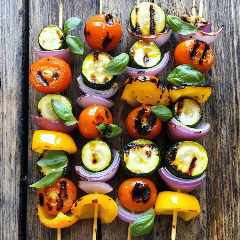 - Zucchini - Bell Peppers - Red Onion - Cherry Tomatoes - Button or Cremini Mushrooms - Extra Virgin Olive Oil - Balsamic Vinegar - Garlic Powder - Dried Oregano - Sea Salt and Pepper - Fresh Basil Leaves When I make grilled vegetable skewers, I love using fresh, colorful veggies. They not only taste great, but they also make the dish pretty. Here are the main veggies I recommend: - Zucchini: Cut it into 1/2-inch rounds. It cooks well and adds a nice texture. - Bell Peppers: Choose your favorite color. Cut them into 1-inch chunks for a juicy bite. - Red Onion: Cut it into wedges. It brings a sweet flavor when grilled. - Cherry Tomatoes: Use them whole for bursts of juicy goodness. - Button or Cremini Mushrooms: Halve these for a rich, earthy flavor. Next, we need a tasty marinade. It helps the veggies soak up flavor: - Extra Virgin Olive Oil: This adds richness and helps the marinade stick. - Balsamic Vinegar: It adds a tangy sweetness that pairs well with grilled veggies. - Garlic Powder: This gives a savory kick without the fuss of fresh garlic. - Dried Oregano: This herb adds a lovely, earthy taste. - Sea Salt and Pepper: These are must-haves to enhance all the flavors. For a finishing touch, I like to add fresh basil leaves. They add a pop of color and a fresh taste. You can find the full recipe for these vibrant grilled vegetable skewers to guide you through the process. Enjoy creating this colorful dish! First, let’s mix the raw vegetables. - In a large bowl, add: - 1 medium zucchini, cut into 1/2-inch rounds - 1 colorful bell pepper, cut into 1-inch chunks - 1 medium red onion, cut into wedges - 1 cup cherry tomatoes, whole - 1 cup button or cremini mushrooms, halved Gently toss the vegetables together. This helps them mix well. Next, we’ll make the marinade. - In a small bowl, whisk: - 2 tablespoons extra virgin olive oil - 1 tablespoon balsamic vinegar - 1 teaspoon garlic powder - 1 teaspoon dried oregano - Sea salt and freshly cracked black pepper to taste Pour the marinade over the mixed vegetables. Toss them again to coat every piece. Cover the bowl and let it sit for at least 15 minutes. This allows the flavors to soak in. Now, let’s get the grill ready. Set it to medium-high heat. This is about 375°F to 400°F. A hot grill helps cook the veggies well. Once the grill is hot, it’s time to assemble the skewers. Use either wooden or metal skewers. Thread the vegetables on the skewers, alternating colors and shapes. Leave a little space between each piece for even cooking. Place the skewers on the grill. Grill them for 10-12 minutes. Turn the skewers occasionally. This helps achieve a nice char and keeps them tender. You want the veggies to be slightly caramelized. After grilling, remove the skewers from the grill. Let them rest for 2-3 minutes. This resting time makes the flavors even better. If you like, garnish with fresh basil leaves. Enjoy your vibrant grilled vegetable skewers warm. For the full recipe, check out the details above. To boost flavor, try different marinades. You can use lemon juice or soy sauce. A mix of herbs like thyme or rosemary also works well. For seasoning, use sea salt and cracked black pepper. You can add smoked paprika for a smoky taste. Experiment with spices like cumin or chili powder for extra heat. When you assemble your skewers, mix colors and shapes. This makes them fun and appealing. Alternate veggies like zucchini and bell peppers with mushrooms and tomatoes. You can also add fruits like pineapple or peaches for a sweet twist. If you want, use double skewers for more stability. This keeps everything in place while grilling. Grilling at medium-high heat is best. It helps veggies cook evenly and get nice grill marks. Avoid common mistakes like overcrowding the grill. Give each skewer space to breathe. Turn them gently to prevent burning. Keep an eye on the time. Grill for 10 to 12 minutes, until tender and slightly charred. For the full recipe, check out the vibrant grilled vegetable skewers. Enjoy the art of grilling! {{image_4}} You can swap vegetables based on the season. Try asparagus in spring or squash in summer. You can even add fruits for a sweet twist. Pineapple or peaches on skewers taste great and add flavor. Want more protein? Add shrimp or chicken to your skewers. They grill quickly and pack a punch. For plant-based options, try tofu or tempeh. Both soak up flavors well and add texture. Explore different flavors to spice up your skewers. For Mediterranean vibes, use herbs like rosemary and thyme. A squeeze of lemon adds brightness. For Asian-inspired marinades, try soy sauce, ginger, and sesame oil. Both options will elevate your grilled vegetable skewers. For the full recipe, be sure to check out the vibrant grilled vegetable skewers. To keep your grilled vegetable skewers fresh, store them properly. Place the skewers in an airtight container. This helps keep moisture out and flavor in. If you have extra marinade, drizzle a bit on top for added taste. You can keep them in the fridge for up to three days. When you want to enjoy your leftovers, reheating is key. The best way is to use a skillet over medium heat. This method warms them gently without making them soggy. Avoid using a microwave, as it can make them rubbery. Heat just until warmed through, around five minutes should do. Can you freeze grilled skewers? Yes, you can freeze them for later! Wrap each skewer in plastic wrap. Then, place them in a freezer-safe bag. This keeps them fresh for up to three months. When you're ready to eat, thaw them in the fridge overnight. Reheat as mentioned above for the best taste. Grill vegetable skewers for about 10 to 12 minutes. This gives them a nice char and tenderness. Turn the skewers every few minutes. This helps them cook evenly. You want them to be slightly soft and caramelized. The best vegetables for grilling include: - Zucchini - Bell peppers - Red onions - Cherry tomatoes - Mushrooms These vegetables hold up well on the grill. They also taste amazing with a bit of char. Yes, you can make grilled vegetable skewers in the oven. Preheat the oven to 400°F. Place the skewers on a baking sheet. Roast them for about 20 to 25 minutes. Turn them halfway through for even cooking. This method works well when you can’t use a grill. To prevent sticking, follow these tips: - Preheat your grill well. - Use oil on the grill grates. - Brush the vegetables with oil too. - Avoid moving the skewers too soon. These steps help keep your veggies from sticking. You’ll get perfect, charred, and tasty skewers every time. For a full recipe, check out the vibrant grilled vegetable skewers. Grilling vegetable skewers offers a fun and tasty way to enjoy healthy food. We covered key ingredients like zucchini, bell peppers, and cherry tomatoes, plus the perfect marinade to enhance their flavor. You learned tips on prepping, grilling, and storing. As you experiment with different vegetables and flavors, remember to have fun. Grilling is about creativity and enjoying good food with others. Try new combinations and enjoy your delicious, healthy meals!