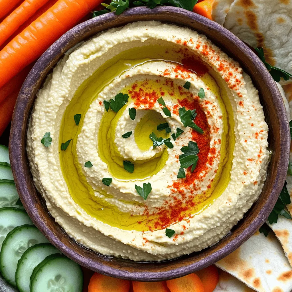 To make this zesty dip, gather these main ingredients: - 1 can (15 oz) chickpeas, drained and rinsed - 3 tablespoons tahini - 2 cloves garlic, finely minced - 2 tablespoons extra virgin olive oil - Juice of 1 large, fresh lemon - 1/2 teaspoon ground cumin - Sea salt, to taste - 3-4 tablespoons cold water (adjust as needed) These ingredients create a smooth and creamy base. The chickpeas add protein and fiber. Tahini gives a rich, nutty flavor. Garlic adds a punch, while lemon brings brightness. Cumin adds warmth and depth. Each ingredient plays a role in the flavor. You can add extra flair with these toppings: - Smoked paprika - Freshly chopped parsley These garnishes enhance the dish's look and taste. Smoked paprika adds a slight smokiness. Chopped parsley gives a fresh, vibrant touch. You can also drizzle olive oil on top for added richness. To prepare this hummus, you will need: - Food processor - Measuring spoons - Lemon juicer (optional) - Serving bowl A food processor makes blending easy and quick. Measuring spoons ensure you use the right amounts. A lemon juicer helps extract juice efficiently. Having a serving bowl ready lets you present the hummus beautifully. For the full recipe, check out the details in the recipe section above. Start by gathering all your ingredients. You will need: - 1 can (15 oz) chickpeas, drained and rinsed - 3 tablespoons tahini - 2 cloves garlic, finely minced - 2 tablespoons extra virgin olive oil - Juice of 1 large, fresh lemon - 1/2 teaspoon ground cumin - Sea salt, to taste - 3-4 tablespoons cold water (adjust as needed) - Smoked paprika and freshly chopped parsley for garnish Make sure everything is ready. This helps the process go smoothly. Add the chickpeas, tahini, garlic, and olive oil to your food processor. Next, squeeze in the lemon juice. Be careful to catch any seeds. Add the ground cumin for extra flavor. Secure the lid tightly. Blend for about 30 seconds. Stop and scrape down the sides to mix well. Check the texture; it should be smooth and creamy. Taste your hummus. Add sea salt to make it pop. Blend again to mix the salt in well. If the hummus is too thick, add cold water one tablespoon at a time. Keep blending until you reach your desired creaminess. Do a final taste test. Adjust the lemon or garlic if needed. Transfer the hummus to a bowl. Drizzle some olive oil on top. Sprinkle smoked paprika and chopped parsley for a fresh look. Your zesty lemon garlic hummus is now ready to enjoy! For the full recipe, refer to the earlier section. To get a creamy hummus, start with good chickpeas. I prefer using canned chickpeas. Rinse them well to remove any canning liquid. This helps keep your dip smooth. When blending, use enough cold water. Add it slowly, one tablespoon at a time. If you want it even creamier, blend longer. Don’t rush this step. Garlic is key for flavor in this dip. Always use fresh garlic for the best taste. Mince the garlic finely to spread the flavor evenly. If you want a milder taste, try roasting the garlic first. Roasting brings out sweetness and smoothness. This way, the garlic won't be too strong. Serve your lemon garlic hummus with fun dippers. I love warm pita bread and crunchy veggies. Carrot sticks and cucumber slices add great color. You can also use crackers for a nice crunch. For a special touch, drizzle olive oil on top and sprinkle paprika. This makes your dish look beautiful and appetizing. Check out the Full Recipe for more tips! {{image_4}} You can spice up your lemon garlic hummus easily. Try adding a pinch of cayenne for heat. Cumin gives it a warm taste, while smoked paprika adds depth. You can also mix in fresh herbs like cilantro or dill for a fresh twist. These spices make the dip more fun and exciting. If you want to switch things up, you can change some ingredients. Use white beans instead of chickpeas for a milder flavor. Swap tahini for sunflower seed butter if you have a nut allergy. You can also use lemon zest for more citrus flavor. Each change gives a new taste to the hummus. Lemon garlic hummus pairs well with many foods. For a vegan diet, serve it with veggies like carrots and bell peppers. If you are gluten-free, use rice crackers or corn chips. For a Mediterranean flair, try warm pita bread. This dip is versatile, making it perfect for any gathering or snack time. After you enjoy your hummus, store any leftovers in the fridge. Transfer the hummus to an airtight container. This helps keep it fresh. Make sure to cover the top with a thin layer of olive oil. This layer adds flavor and prevents drying. You can freeze your lemon garlic hummus for later use. Portion it into small containers. Leave some space at the top, as it will expand when frozen. You can keep it in the freezer for about three months. To thaw, place it in the fridge overnight or on the counter for a few hours. Stir well before serving. Choose glass or BPA-free plastic containers for storage. Glass containers help keep flavors intact. They are also safe for both freezing and heating. If using plastic, ensure it is labeled as freezer-safe. Avoid metal containers, as they may react with the hummus. Yes, you can make Lemon Garlic Hummus ahead of time. It tastes great after a few hours in the fridge. In fact, the flavors blend better when it sits. I often prepare it a day before a party. This way, I save time and enjoy the gathering. You can serve Lemon Garlic Hummus with many tasty options. Here are some ideas: - Warm pita bread - Crisp cucumber slices - Colorful carrot sticks - Bell pepper strips - Crackers or chips Each of these pairs well with the zesty hummus. The crunch and flavor create a great mix. Homemade hummus lasts about five to seven days in the fridge. Make sure to store it in an airtight container. If you see any signs of spoilage, it’s best to throw it out. To keep it fresh, I often recommend placing a thin layer of olive oil on top. This helps seal in moisture and flavor. For the best taste, enjoy it within a few days! In this post, we explored how to make Lemon Garlic Hummus. We covered the main ingredients, optional toppings, and required equipment. I shared easy steps for prepping, blending, and fine-tuning flavors. You learned tips for creamy texture and garlic intensity. We also discussed delicious variations and storage methods. Remember, you can make hummus ahead of time and enjoy it fresh for days. Experiment with different flavors and pairings. Your hummus can be a tasty, healthy snack for everyone!