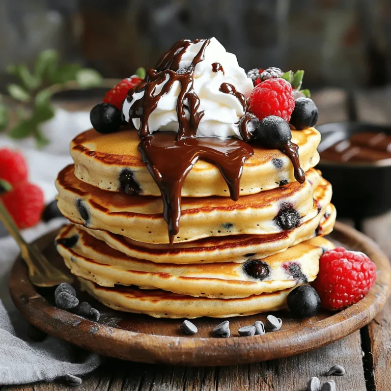 To make chocolate chip pancakes, you need some simple ingredients. Here’s what you will need: - 1 cup all-purpose flour - 2 tablespoons granulated sugar - 1 tablespoon baking powder - 1/4 teaspoon fine sea salt - 1 cup milk (or non-dairy milk) - 1 large egg - 2 tablespoons melted butter (or coconut oil) - 1 teaspoon pure vanilla extract - 1/2 cup semi-sweet chocolate chips - Optional toppings: whipped cream and fresh berries These ingredients create fluffy pancakes that melt in your mouth. The all-purpose flour serves as the base. Sugar adds a touch of sweetness. Baking powder helps the pancakes rise. Sea salt balances the flavors. Milk, egg, and melted butter combine to create a smooth batter. Vanilla extract adds a rich aroma. Finally, chocolate chips make everything better. I love using fresh berries and whipped cream on top. It makes each bite even more delightful. You can find the full recipe for chocolate chip pancakes in the recipe section. Enjoy making these tasty treats! - Mix dry ingredients: In a medium bowl, combine 1 cup of flour, 2 tablespoons of sugar, 1 tablespoon of baking powder, and 1/4 teaspoon of salt. Whisk until smooth. - Combine wet ingredients: In another bowl, mix 1 cup of milk, 1 large egg, 2 tablespoons of melted butter, and 1 teaspoon of vanilla extract. Stir well. - Stir together and add chocolate chips: Pour the wet mix into the dry mix. Gently stir until combined. Fold in 1/2 cup of chocolate chips. - Heat the skillet or griddle: Preheat a non-stick skillet over medium heat. Lightly grease with cooking spray or butter. - Pour and cook pancakes: For each pancake, pour 1/4 cup of batter onto the skillet. Cook for 2-3 minutes until bubbles form. - Flip and finish cooking: Flip the pancake gently. Cook for another 1-2 minutes until golden brown. - Top ideas: Serve pancakes warm, topped with whipped cream and fresh berries for extra flavor. - Best practices for serving warm: Enjoy them right off the skillet for the best taste and texture. - Avoiding overmixing: When you mix the batter, stop as soon as it comes together. Lumps are okay! Overmixing makes pancakes tough. - Heat control for even cooking: Use medium heat to cook pancakes. Too hot, and they burn. Too low, and they won’t cook through. - Adding extracts or spices: Try adding a dash of cinnamon or a splash of almond extract. These small changes boost the taste. - Using flavored chocolate chips: Swap semi-sweet chips for mint or dark chocolate. Each choice changes the flavor in fun ways. - Techniques for fluffiness: Use fresh baking powder for the best rise. Let the batter rest for a few minutes to help with texture. - Suggested cooking times: Cook each pancake for 2-3 minutes on one side. Flip when bubbles form. Then cook for 1-2 more minutes until golden brown. {{image_4}} You can easily make this recipe fit your needs. For gluten-free pancakes, use gluten-free flour. Most brands work well in this recipe. If you are dairy-free, choose almond or oat milk instead of regular milk. Both options will keep your pancakes tasty and fluffy. Want to mix it up? Try peanut butter chocolate chip pancakes. Just add two tablespoons of peanut butter to the batter. Stir well, then fold in chocolate chips. You’ll get a delicious nutty flavor. Another fun option is banana chocolate chip pancakes. Mash one ripe banana and mix it into the wet ingredients. This adds sweetness and moisture. Your pancakes will taste like dessert! As the seasons change, so can your pancakes! In fall, try pumpkin chocolate chip pancakes. Add 1/2 cup of pure pumpkin puree to the batter. Then, sprinkle in some pumpkin spice for extra warmth. During the holidays, spice things up with cinnamon and nutmeg. This gives your pancakes a festive touch. You can even add a bit of eggnog for a unique flavor. These seasonal twists make your breakfast special all year round. For the full recipe, check out Choco-Love Chocolate Chip Pancakes. To keep your leftover pancakes fresh, store them in the fridge. Place them in an airtight container. They can last for up to three days. If you want to save them for longer, consider freezing them. To freeze pancakes, stack them with a piece of parchment paper between each pancake. Wrap the stack tightly in plastic wrap or foil. Put the wrapped pancakes in a freezer bag. They can last up to three months in the freezer. When it's time to enjoy your pancakes again, reheating is easy. You can use a microwave, stovetop, or toaster oven. For the microwave, place one pancake on a plate and heat for about 20-30 seconds. If you prefer the stovetop, heat a non-stick skillet over low heat. Add a small amount of butter if you like. Cook each pancake for about one minute on each side. This method keeps the texture nice. Pancakes stay fresh for about three days in the fridge. After that, they may start to lose flavor. If you freeze them, they last for about three months. Be sure to check for signs of spoilage. If there is an off smell or mold, it’s best to discard them. Enjoy your fluffy chocolate chip pancakes with confidence! For the full recipe, check the Choco-Love Chocolate Chip Pancakes section. You can use many options instead of milk. Here are a few: - Almond milk - Coconut milk - Soy milk - Oat milk Each of these non-dairy milk options affects the taste and texture. Almond milk keeps it light. Coconut milk adds a hint of sweetness. Soy milk gives a creamier feel. Oat milk is smooth and thick. To make your pancakes fluffier, you need to add air. Here are some tips: - Sift the flour before measuring. - Separate the egg, and whip the egg white until stiff. - Fold the whipped egg white into the batter gently. These steps introduce more air, which helps the pancakes rise and become light. Yes, you can make the batter ahead of time. Store it safely in the fridge for up to 24 hours. Here’s how: - Cover the bowl tightly with plastic wrap. - Stir the batter gently before cooking to recombine. Avoid leaving the batter out too long. It can lose its fluffiness. Look for these signs to know when pancakes are ready: - Small bubbles form on the surface. - The edges look dry and slightly set. - The bottom is golden brown when you lift it. These indicators show the batter has cooked through. Flip it and cook until both sides are golden. In this blog post, we covered the essential ingredients and steps for making delicious pancakes. I shared tips to avoid common mistakes and enhance flavors. We also explored variations for different tastes and dietary needs. Pancakes are a simple treat that can be customized in many ways. With the right techniques and ideas, you can enjoy perfect pancakes any time. Happy cooking!
