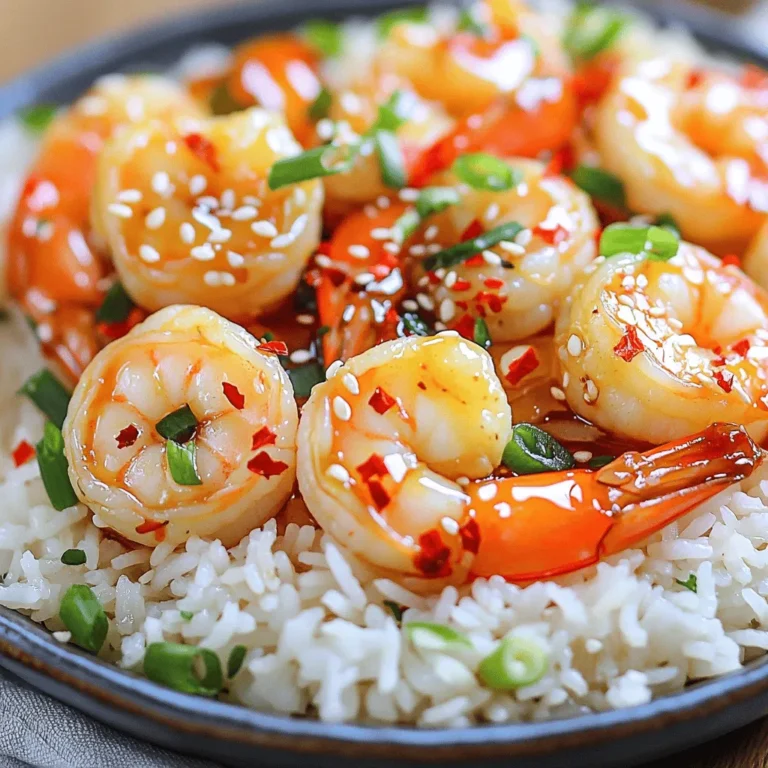 To make the spicy honey garlic shrimp, gather these items: - 1 pound large shrimp, peeled and deveined - 3 tablespoons honey - 3 tablespoons low-sodium soy sauce - 4 cloves garlic, finely minced - 1 tablespoon extra virgin olive oil - 1 teaspoon red pepper flakes (adjust according to your spice tolerance) - 1 teaspoon freshly grated ginger - 2 green onions, finely chopped (for garnish) - Toasted sesame seeds (for garnish) - Salt and freshly ground black pepper to taste You can swap some ingredients if needed: - Instead of honey, try maple syrup for a different sweetness. - Use tamari if you need a gluten-free option for soy sauce. - For garlic, garlic powder can work in a pinch. - You can replace shrimp with chicken or tofu if you prefer. A serving of spicy honey garlic shrimp has about: - Calories: 220 - Protein: 25g - Fat: 8g - Carbohydrates: 10g - Fiber: 0g - Sodium: 600mg This dish offers a good amount of protein while keeping the carbs low. The honey adds sweetness, and the shrimp provide healthy nutrients. For the full recipe, check the link provided. To start, gather your ingredients. This makes cooking easier and faster. You need: - 1 pound large shrimp, peeled and deveined - 3 tablespoons honey - 3 tablespoons low-sodium soy sauce - 4 cloves garlic, finely minced - 1 tablespoon extra virgin olive oil - 1 teaspoon red pepper flakes - 1 teaspoon freshly grated ginger - 2 green onions, finely chopped (for garnish) - Toasted sesame seeds (for garnish) - Salt and freshly ground black pepper to taste In a medium bowl, mix the honey, soy sauce, minced garlic, red pepper flakes, and ginger. Whisk it well. Set this aside to let the flavors blend. Heat the olive oil in a large skillet over medium-high heat. Wait until it shimmers. While it heats, season the shrimp with salt and black pepper. Add the shrimp in a single layer in the skillet. Cook for about 2-3 minutes without stirring. This helps them turn pink and golden on one side. Use tongs to flip the shrimp over. Pour the honey garlic sauce over them. Sauté for another 1-2 minutes. The shrimp should be fully cooked and glossy with sauce. Remove the skillet from heat. Sprinkle the green onions and sesame seeds over the shrimp. This adds flavor and crunch. If you use smaller shrimp, reduce the cooking time. Cook them for 1-2 minutes on each side. For jumbo shrimp, increase cooking time to about 3-4 minutes per side. Always check if they turn pink and are opaque. This means they are fully cooked. Enjoy this spicy honey garlic shrimp dish, and don’t forget to check the Full Recipe for more details! To get the best shrimp, look for large, firm shrimp. They should feel smooth and have a fresh smell. Avoid shrimp that smell like ammonia or are slimy. Fresh shrimp have a slight sheen and a pink color. If buying frozen shrimp, check for ice crystals. This means they may have thawed and refrozen. Cook shrimp quickly using high heat. This keeps them juicy and tender. Start with a hot pan and add oil. Add shrimp in a single layer; avoid crowding. Cook for just 2-3 minutes on one side until pink. Flip and then add your sauce. Cook for another 1-2 minutes until cooked through. To boost flavor, add fresh herbs like cilantro or parsley. You can also use lime juice for a zesty kick. For extra heat, toss in more red pepper flakes. Want more depth? Try adding a splash of rice vinegar or a bit of sesame oil. These small changes can make your shrimp pop with flavor. For the full recipe, check out the [Full Recipe]. {{image_4}} You can easily add veggies to this dish. Bell peppers, snap peas, or broccoli work great. Start by sautéing the vegetables in the skillet before adding the shrimp. This way, they cook together perfectly. Toss them in with the shrimp and sauce for a balanced meal. The veggies soak up the sweet and spicy sauce, making each bite even better. Grilling is a fantastic way to enjoy this shrimp. Marinate the shrimp in the honey garlic sauce for about 30 minutes. Preheat your grill to medium heat. Skewer the shrimp and grill for 2-3 minutes on each side. You’ll get a nice char and smoky flavor. This method is perfect for summer cookouts or outdoor gatherings. Turn this dish into tacos for a fun twist. Use corn tortillas or flour ones, whichever you prefer. Cook the shrimp as usual, then fill each taco with them. Top with cabbage, avocado, and a squeeze of lime. The crunch from the cabbage and creaminess from the avocado balance the heat. Enjoy these tacos with your friends for a tasty meal. For the full recipe, check the section above. To keep your spicy honey garlic shrimp fresh, let it cool first. Place the shrimp in an airtight container. Store it in the fridge for up to three days. This way, you can enjoy it again later. When you're ready to eat the leftovers, reheat them gently. Use a skillet over medium heat. Add a splash of water or broth to keep the shrimp moist. Stir it often so it heats evenly. This will help maintain its flavor and texture. If you want to store shrimp longer, freezing is a great option. First, cool the shrimp completely. Then, place it in a freezer-safe bag. Squeeze out any air before sealing it. You can keep it in the freezer for up to three months. When you're ready to eat, thaw it overnight in the fridge. Reheat as mentioned above for the best taste. For the full recipe, check out the details to make this tasty dish! The best way to peel shrimp is to start at the head. Hold the body and gently pull off the shell. You can also pinch the tail to detach it. To devein, make a shallow cut along the back. Use a small knife or toothpick to pull out the dark vein. Rinse the shrimp under cold water after. This step helps clean them well. Yes, you can make Spicy Honey Garlic Shrimp in advance. Cook the shrimp and sauce, then let them cool. Store them in an airtight container in the fridge. They will stay fresh for up to two days. When ready to serve, reheat them in a skillet. This helps keep their flavor bright and tasty. You can serve Spicy Honey Garlic Shrimp with several delicious sides. Steamed jasmine rice is a classic choice. It soaks up the sauce well. You can also try it with quinoa for a healthier option. Fresh veggies or a crisp salad add color and crunch. For more details on the full recipe, check out the Full Recipe section. In this blog post, we explored the complete guide to making Spicy Honey Garlic Shrimp. We covered the ingredients, including substitutions and nutritional info. You learned step-by-step instructions for prep and cooking, adjusted for shrimp sizes. The tips shared help you choose the best shrimp and achieve perfect flavor. We also discussed tasty variations and storage tips for leftovers. Remember, you can find the full recipe for Spicy Honey Garlic Shrimp linked in this post. Enjoy cooking and sharing your delicious dish!