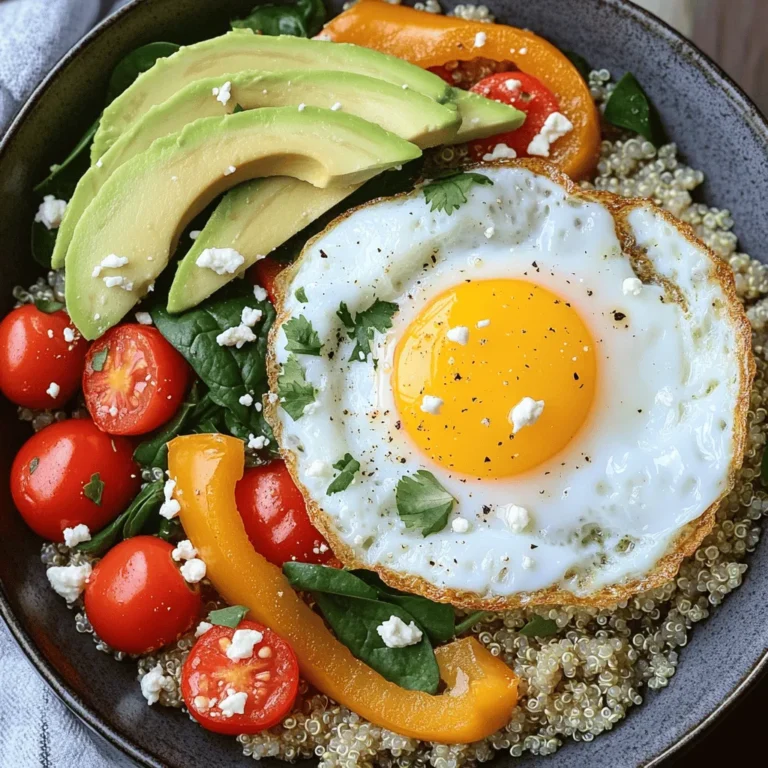 - 1 cup quinoa - 2 cups vegetable broth - 1 tablespoon olive oil - 1 small onion, finely diced - 1 bell pepper, diced - 1 cup cherry tomatoes, halved - 1 cup fresh spinach, chopped - 4 large eggs - Salt and pepper, to taste - 1 ripe avocado, sliced - 1 tablespoon fresh cilantro, chopped - 1 tablespoon crumbled feta cheese (optional) The main star of this savory breakfast bowl is quinoa. It is packed with protein and fiber. Quinoa cooks quickly and gives a nice texture to your dish. I love using vegetable broth instead of water. It adds depth and flavor. Next, we have eggs. They are rich in protein and bring a creamy taste. You can cook them as you like. Sunny side up is my favorite, but scrambled works too! Fresh vegetables add color and nutrients. I enjoy using onions, bell peppers, cherry tomatoes, and spinach. These veggies are easy to find and full of vitamins. Sautéing them creates a warm, inviting smell. For toppings, I recommend avocado, cilantro, and feta cheese. Avocado gives a creamy texture. Cilantro adds freshness. Feta cheese gives a salty kick. You can skip the cheese if you want. - Medium saucepan - Large skillet - Non-stick skillet - Mixing bowl You will need a medium saucepan for cooking the quinoa. A large skillet is great for sautéing the veggies. A non-stick skillet helps with frying the eggs without sticking. A mixing bowl is handy for combining ingredients. Now you are ready to gather your ingredients and start cooking! For the full recipe, check the details above. First, rinse the quinoa. This step removes any bitterness. Next, combine the rinsed quinoa with vegetable broth in a medium saucepan. Bring this mix to a boil over medium-high heat. Once boiling, reduce the heat to low, cover, and let it simmer. Cook for about 15 minutes. The quinoa should be tender, and the broth will be absorbed. Remove the pot from heat and let it sit, covered, for another 5 minutes. Finally, fluff the quinoa with a fork. Now, heat olive oil in a large skillet over medium heat. Add the finely diced onion and sauté for about 3 to 4 minutes. You want the onion to turn translucent and fragrant. After that, add the diced bell pepper into the skillet. Cook for another 3 minutes. Next, toss in the halved cherry tomatoes. Let them soften for an additional 2 to 3 minutes. Now, stir in the chopped spinach. Cook it for 1 to 2 minutes until it wilts. Season this mix with salt and pepper to taste. For the eggs, you have options. You can cook them sunny side up, over easy, or scrambled. Use a non-stick skillet for easy cooking. Cook them to your desired doneness. Now it’s time to assemble your bowl. First, scoop a generous portion of the cooked quinoa into each bowl. Next, top it with the sautéed vegetable mix. Finally, place one fried egg on top of each bowl. This layering creates a beautiful dish. For a finishing touch, add slices of fresh avocado and sprinkle chopped cilantro on top. If you like, you can also add crumbled feta cheese. Enjoy your savory breakfast bowl full of flavor and nutrition! To cook quinoa well, you should first rinse it. Rinsing takes away the bitter taste. Use a fine mesh sieve to rinse it under cold water for about 30 seconds. To avoid mushiness, use the right water ratio. For every cup of quinoa, use two cups of liquid. This gives it the right texture. When it cooks, keep an eye on it. If you see bubbles, reduce the heat to low and cover it. Once the quinoa is done, let it sit covered for 5 minutes. This helps it to absorb any leftover moisture. Fluff it gently with a fork. This makes it light and airy. Spices add depth to your bowl. You can try cumin, paprika, or chili powder. These flavors work well with quinoa and vegetables. Start with a pinch and taste as you go. Fresh herbs also brighten up the dish. Add chopped cilantro or parsley for a fresh touch. You can mix them in with the cooked vegetables. This gives a nice, vibrant flavor. Cooking eggs can be fun! You can choose how you like them. For sunny side up, cook them in a non-stick skillet. Let them sit without flipping until the whites are set but the yolks are still runny. If you prefer over easy, gently flip the eggs after the whites set. Cook for one more minute. Scrambled eggs are simple too. Just whisk them in a bowl and cook, stirring often, until they're fluffy and just set. For the best breakfast bowl, make sure your eggs match your taste. Each style brings its own flavor to the dish. Enjoy experimenting! {{image_4}} For a tasty vegetarian breakfast bowl, you can swap out the eggs. Here are some easy substitutes: - Silken tofu: Blend it to a creamy texture. - Chickpea scramble: Mash chickpeas with spices for a hearty mix. You can also add plant-based proteins to boost nutrition. Consider these options: - Black beans: They add fiber and protein. - Lentils: These are rich in protein and flavor. If you need a gluten-free breakfast bowl, you can skip traditional grains. Instead, try these alternatives: - Quinoa: This is already gluten-free and packs a nice crunch. - Brown rice: Another great option that gives you a chewy texture. For low-carb lovers, consider using cauliflower rice instead of quinoa. Here's how it works: - Grate cauliflower: Use a box grater or food processor. - Sauté lightly: Cook it in a pan for just a few minutes. This swap keeps your breakfast bowl filling while reducing carbs. Each variation gives you a new way to enjoy the Savory Breakfast Bowl. Be creative and mix flavors to your liking! For the full recipe, check out the Savory Breakfast Bowl details. To keep your Savory Breakfast Bowl fresh, use airtight containers. Store in the fridge. This helps maintain taste and texture. Enjoy leftovers within three days for best quality. Keep the egg separate if possible to avoid sogginess. Reheat your breakfast bowl in the microwave. Use a microwave-safe dish. Heat for 30 seconds, stir, and check. If it needs more time, heat in 15-second bursts. This keeps the quinoa fluffy and the vegetables tender. Avoid overheating to keep the eggs intact. Batch cooking saves time. Prepare quinoa and veggies ahead. Store each in separate containers. You can cook eggs fresh each morning. Or, scramble them and store. This makes for quick, easy breakfasts all week. Enjoy a tasty meal with very little effort. Yes, you can make a Savory Breakfast Bowl ahead of time. I suggest cooking the quinoa and sautéing the veggies in advance. Store them separately in airtight containers. When you are ready to eat, just reheat them. You can fry the eggs fresh or warm up pre-cooked eggs in the microwave. This way, your meal stays fresh and tasty. To add more protein, consider beans or sausage. Black beans or chickpeas mix well with the quinoa and veggies. You could also use turkey or chicken sausage for a heartier option. Eggs are great, but these additions boost the protein content. Try mixing and matching to find your favorite combo. You can store leftovers in the fridge for up to four days. Make sure to place them in airtight containers. Keep the eggs separate if possible, to maintain their texture. When you’re ready to eat, just reheat everything. It’s a quick and easy way to enjoy your meal again. Absolutely! You can personalize this recipe easily. Swap out vegetables based on what you like or have on hand. Try adding mushrooms, zucchini, or kale for different flavors. You can also change the toppings. Use salsa, hot sauce, or even different cheeses to mix things up. Make it yours! Yes, you can freeze a Savory Breakfast Bowl. Just cook all components and allow them to cool. Place them in freezer-safe containers. When you are ready to eat, thaw in the fridge overnight. Reheat in the microwave or on the stove. This way, you have a quick meal ready when you need it. In this blog post, we explored how to make a savory breakfast bowl. We covered key ingredients like quinoa, eggs, and vegetables, along with cooking supplies you'll need. I provided step-by-step instructions for cooking the quinoa, sautéing vegetables, and assembling your bowl. You also learned tips for perfecting flavors, along with variations for different diets. Remember, this dish is versatile and easy to customize. Enjoy your delicious breakfast bowl, and don't hesitate to get creative!