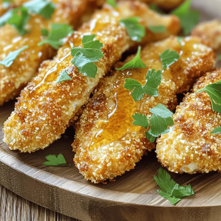 To make tasty honey mustard chicken tenders, gather these key ingredients: - 1 pound chicken tenders - 1/4 cup honey - 1/4 cup Dijon mustard - 1 tablespoon olive oil - 1 teaspoon garlic powder - 1 teaspoon paprika - Salt and pepper to taste - 1 cup breadcrumbs (preferably panko for extra crunch) - Fresh parsley, chopped (for garnishing) These ingredients come together to create a sweet and tangy flavor that kids and adults love. You can add some optional ingredients to enhance the taste. Consider these: - 1 teaspoon onion powder - 1/2 teaspoon cayenne pepper (for a spicy kick) - 1 tablespoon lemon juice (for brightness) Adding these can give your chicken an extra burst of flavor. Feel free to experiment with your favorite spices. You will need a few simple tools to prepare this dish: - A baking sheet - Parchment paper - Two mixing bowls - A whisk - A meat thermometer Having the right equipment will make the cooking process smooth and enjoyable. For the full recipe, refer to the details above. First, I preheat my oven to 400°F (200°C). This step is key for crispiness. I line a baking sheet with parchment paper. This helps keep the chicken from sticking. A clean baking sheet makes cleanup easy too. In a medium bowl, I mix the following: - 1/4 cup honey - 1/4 cup Dijon mustard - 1 tablespoon olive oil - 1 teaspoon garlic powder - 1 teaspoon paprika - Salt and pepper to taste I whisk these ingredients until they blend well. This marinade gives the chicken a sweet and tangy flavor. It adds moisture and helps the breading stick. Next, I take my chicken tenders (1 pound) and dip each one in the honey mustard mix. I make sure each piece is well-coated. I let any extra marinade drip off. Then, I move to a bowl with 1 cup of breadcrumbs. Panko works best for great crunch! I roll each tender in the breadcrumbs. I press gently to ensure they get a good coating. After that, I arrange them on the baking sheet. I space them out to let hot air circulate around them. I place the baking sheet in the oven and bake for 20-25 minutes. The chicken should turn golden brown and reach 165°F (74°C) inside. I often use a meat thermometer to check. For extra crunch, I broil the chicken for 2-3 minutes. I watch closely to prevent burning. After baking, I let the tenders rest for a few minutes. This keeps them juicy. Finally, I garnish with fresh parsley for color. You can find the full recipe above to enjoy this delicious meal! When picking chicken tenders, look for fresh ones. They should be pink and plump. Avoid any with brown spots or a strange smell. If you can, buy organic. Organic chicken often has better flavor and texture. You can also ask your butcher for help. They can guide you to the freshest options. Using the right breadcrumbs is key for a crispy result. I recommend panko breadcrumbs. They are lighter and create a bigger crunch. When coating your chicken, press the breadcrumbs firmly onto each piece. This helps them stick better. For extra flavor, mix in some grated Parmesan cheese or spices into the breadcrumbs. If you have leftovers, store them in an airtight container in the fridge. They will stay fresh for up to three days. To reheat, place the tenders on a baking sheet in a preheated oven at 375°F (190°C). Bake for about 10 minutes until they're heated through. This method keeps them crispy. You can also use an air fryer for a quick reheat. Just set it to 350°F (175°C) for about 5 minutes. Enjoy your tasty Honey Mustard Chicken Tenders again! For more details on making this dish, check the Full Recipe. {{image_4}} You can spice up your honey mustard chicken tenders easily. Add a pinch of cayenne for heat. If you like warmth, try smoked paprika instead of regular. You can also mix in some Italian herbs, like basil or oregano, for a fresh taste. These spices give your dish a new twist and keep it exciting. If you want a different crunch, switch up your coating. Try crushed cornflakes for a sweet and crispy layer. You can use crushed nuts, like almonds or pecans, for a richer flavor. For a gluten-free option, almond flour works well too. Each alternative adds a unique taste and texture to your chicken tenders. Honey mustard chicken tenders pair well with many sides. Serve them with a fresh salad for a light meal. You can also enjoy them with sweet potato fries for a fun twist. Add some steamed veggies for a colorful plate. Don't forget about dipping sauces! Try ranch or barbecue for extra flavor. Use these ideas to create a complete meal that your family will love. For the full recipe, check out the Honey Mustard Chicken Tenders section. Each serving of honey mustard chicken tenders has around 350 calories. This dish is rich in protein, with about 25 grams per serving. You also get healthy fats from olive oil and carbs from breadcrumbs. The dish provides a balanced meal, making it great for any time of day. The main ingredients offer several health benefits. Chicken is a great source of lean protein, which helps build muscle. Honey adds natural sweetness and has antioxidants. Dijon mustard can aid digestion and is low in calories. Garlic powder may boost your immune system. Olive oil contains healthy fats that are good for your heart. You can easily adjust this recipe for different diets. For gluten-free needs, use gluten-free breadcrumbs. If you want to lower sugar, use less honey or a sugar substitute. For a dairy-free version, ensure all ingredients are free from dairy. You can also make it low-carb by skipping the breadcrumbs and using crushed nuts instead. Check out the Full Recipe for more ideas on customizing your meal. Yes, you can use chicken breasts. Just cut them into strips. This will help them cook evenly. Adjust the cooking time to about 25-30 minutes. Check for a golden color and an internal temperature of 165°F. If you start with frozen chicken tenders, cook them for about 25-30 minutes. Make sure to spread them out on the baking sheet. This helps them cook nicely and get crispy. Always check the package for specific times, as they can vary. Honey mustard chicken tenders pair well with a few tasty dips: - Barbecue sauce - Ranch dressing - Buffalo sauce - Sweet and sour sauce These sauces add extra flavor and fun to your meal. Making honey mustard sauce is easy. Here’s a simple recipe: - Mix 1/4 cup honey with 1/4 cup Dijon mustard. - Stir until smooth. - Adjust sweetness to taste by adding more honey if needed. This sauce is perfect for dipping or drizzling over your chicken tenders. For the full recipe, check out the section above. This post covered how to make honey mustard chicken tenders. You learned about needed ingredients, from basic to optional ones. The step-by-step guide detailed how to cook these tenders perfectly. Helpful tips for crunch and storage were also shared. Lastly, variations and nutrition facts cater to different tastes and diets. In conclusion, with these steps, you can enjoy tasty chicken tenders at home. Happy cooking!