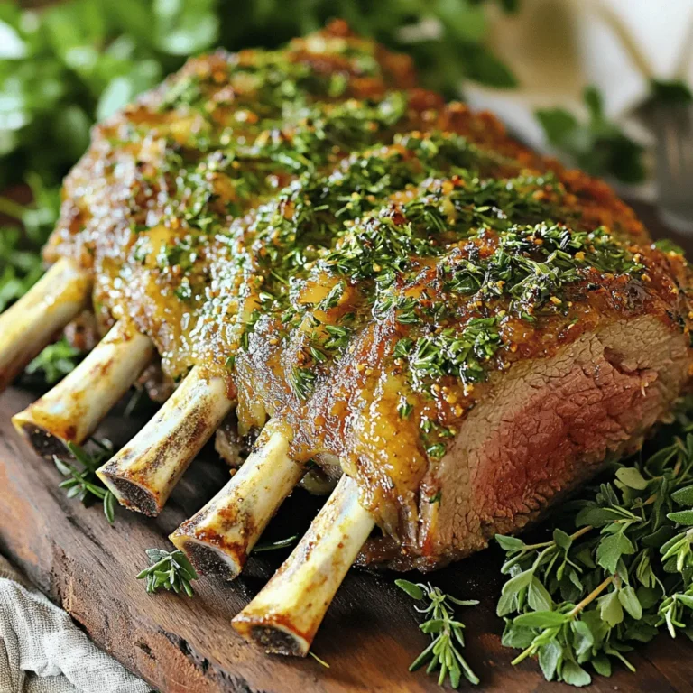 - Rack of lamb - Fresh herbs (parsley, thyme, rosemary) - Garlic and Dijon mustard - Panko breadcrumbs - Olive oil - Salt and black pepper For this herb-crusted rack of lamb, you'll need some key ingredients that make the dish shine. First, choose a rack of lamb, which is tender and flavorful. Fresh herbs like parsley, thyme, and rosemary add brightness and depth. Garlic brings a bold taste, while Dijon mustard helps the herbs stick to the meat. Now, for the additional ingredients! Panko breadcrumbs give a lovely crunch. Olive oil keeps everything moist. Finally, a good pinch of salt and freshly ground black pepper enhances all the flavors. If you want to see how to put this all together, check the Full Recipe for step-by-step guidance. 1. Preheat your oven to 400°F (200°C). This helps the rack of lamb cook evenly. 2. Season the rack of lamb with salt and freshly ground black pepper. Cover both sides well. 1. In a medium bowl, combine the chopped parsley, thyme, rosemary, and minced garlic. 2. Add a bit more salt and pepper to this herb mix. Make sure it tastes great! 3. Coat the meat side of the lamb with Dijon mustard using a pastry brush. This helps the herbs stick. 1. In another bowl, mix panko breadcrumbs with olive oil. Stir until the breadcrumbs are coated. 2. Press the breadcrumb mixture onto the herb-covered lamb. Make sure it sticks well for extra crunch. 1. Place the rack of lamb bone-side down in a roasting pan. Give it space for even cooking. 2. Roast the lamb in the oven for 25-30 minutes. Use a meat thermometer to check. It should read 130°F (54°C) for medium-rare. 1. After roasting, let the lamb rest for about 10 minutes. This keeps it juicy. 2. Slice between the bones to create individual chops. Enjoy your delicious meal! For the detailed recipe, you can check the Full Recipe. - Use a meat thermometer to check doneness. Aim for 130°F (54°C) for medium-rare. - To get a crispy crust, press the breadcrumb mixture firmly onto the lamb. Cooking lamb can be tricky, but these tips help ensure you get the best results. A meat thermometer is your best friend. It takes away the guesswork. You want to hit that sweet spot of 130°F for juicy meat. If you don’t have a thermometer, check if the meat feels firm yet slightly springy. For that perfect crust, packing on the breadcrumbs is key. Press them down hard. This helps them stick and gives that delightful crunch. - Pair the lamb with seasonal roasted vegetables or a light salad. - A full-bodied red wine, like Cabernet Sauvignon, complements the dish well. When it comes to sides, think bright and fresh. Seasonal veggies bring color and taste. A light salad adds a crisp touch. The lamb is rich, so balance it with lighter fare. Wine choice is just as important. A bold Cabernet Sauvignon stands up to the strong flavors of the lamb. It enhances every bite and sip. - Arrange the lamb on a large platter for a show-stopping look. - Drizzle with olive oil and sprinkle fresh herbs for a nice finish. Presentation makes a big difference. Place the lamb chops neatly on a platter. It looks more inviting. A drizzle of olive oil adds a touch of shine. Fresh herbs not only look good but also boost flavor. For a complete meal, think about colors and textures. Mixing bright greens with the rich brown of the lamb makes your plate pop. For the full recipe, follow the steps closely for a dish that will impress everyone at your table. {{image_4}} You can change the flavor of your herb-crusted rack of lamb easily. Try adding different herbs like mint or oregano. These can give your dish a fresh twist. You can also use spices like cumin or paprika for extra warmth. Marinades can boost flavor too. A simple marinade of olive oil, garlic, and lemon juice works wonders. Let the lamb soak in it for a few hours or overnight. This tenderizes the meat and adds zest. You can cook your rack of lamb in various ways. Grilling gives it a smoky taste and beautiful grill marks. Just make sure to monitor the heat to avoid burning. Roasting is another great method. It allows the lamb to cook evenly and stay juicy. You can also try sous vide. This method cooks the lamb in a water bath at a low temperature. It gives you precise control over doneness and keeps the meat tender. If you need a gluten-free option, use crushed nuts instead of breadcrumbs. Almonds or pecans work well. They add a nice crunch and flavor. For a dairy-free version, skip the Dijon mustard. Instead, use a mix of olive oil and balsamic vinegar. This substitution keeps your dish tasty and creamy without dairy. For the complete recipe, check out the Full Recipe provided above. To keep your herb-crusted rack of lamb fresh, refrigerate it right away. Wrap the lamb tightly in plastic wrap or foil. This helps prevent air exposure. Store it in an airtight container for best results. Your leftover lamb will last for about 3 to 4 days in the fridge. After that, the flavors may fade, and the meat can dry out. When you want to enjoy your leftovers, reheating properly is key. Use an oven or skillet for the best results. If using the oven, preheat it to 350°F (175°C). Place the lamb on a baking sheet and cover it with foil. This keeps moisture in and prevents drying out. Heat for about 15 to 20 minutes or until warmed through. You can also use a skillet. Heat it over medium heat, then add a splash of broth or water. Place the lamb in the skillet, cover it, and warm for about 5 to 10 minutes. For long-term storage, you can freeze the leftover lamb. Wrap it well in plastic wrap, then in foil. It can last up to 3 months in the freezer. When you’re ready to enjoy it, thaw it in the fridge overnight before reheating. For the complete herb-crusted rack of lamb recipe, check out the Full Recipe. You should cook the rack of lamb for about 25 to 30 minutes. This timing gives you a medium-rare finish. Always use an instant-read thermometer. It should read 130°F (54°C) when done. This method ensures your lamb stays juicy and tender. The best temperature for cooking lamb is 400°F (200°C). This high heat allows the outside to brown nicely while keeping the inside moist. Cooking at this temperature helps develop a crisp herb crust, adding to the dish's flavor. Yes, you can use dried herbs, but fresh herbs are better. Dried herbs have a more concentrated flavor. If you use dried, reduce the amount by half. Fresh herbs bring out bright flavors and add a lovely scent to the dish. Absolutely! Herb-crusted rack of lamb is perfect for special occasions. Its elegant presentation and rich flavors impress guests. This dish makes any dinner feel fancy. Pair it with seasonal sides for a complete experience. Great sides include roasted vegetables, creamy mashed potatoes, or a fresh salad. Seasonal greens enhance the meal's freshness. You can also add a light sauce or a drizzle of olive oil for extra flavor. For a special touch, consider a glass of red wine. For the complete cooking process and ingredient details, check out the Full Recipe. This blog post guides you through making a delicious herb-crusted rack of lamb. You learned about the key ingredients and how to prepare the dish step by step. I shared tips for perfect cooking and creative serving ideas to impress your guests. You also discovered variations to suit different tastes and dietary needs. Finally, I covered storage and reheating tips for leftovers. Enjoy this flavorful dish at your next meal, and experiment until you find your perfect version.