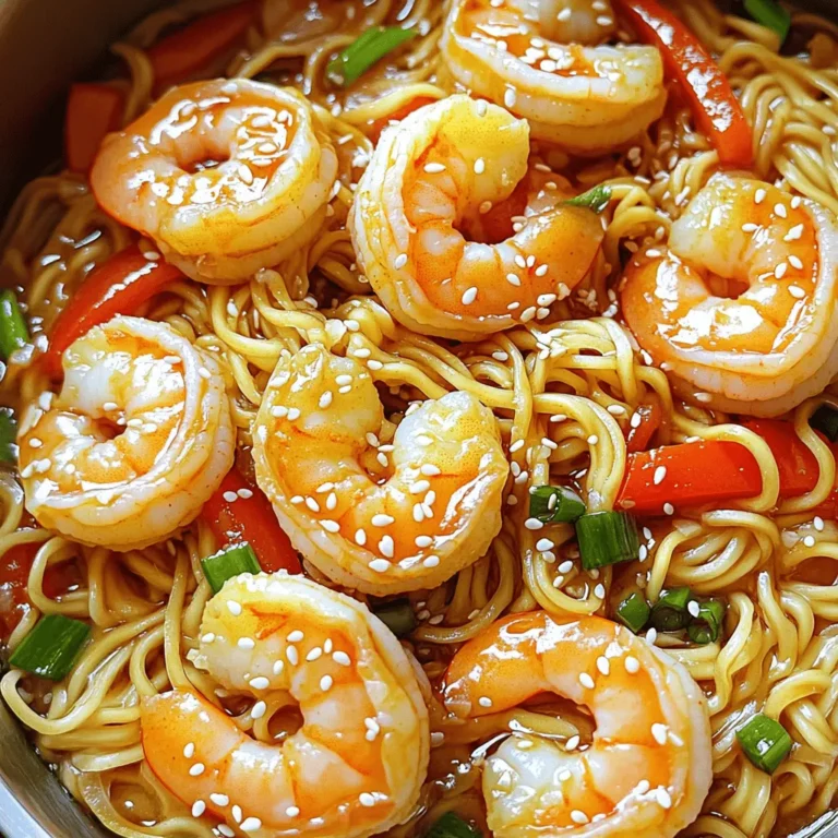 To make Spicy Garlic Noodles with Shrimp, you need simple yet fresh ingredients. Each one adds to the dish's great taste. Here's what you will need: - 8 oz. fresh egg noodles - 1 lb. large shrimp, peeled and deveined - 4 cloves garlic, minced - 2 tablespoons soy sauce - 1 tablespoon sriracha (adjust to your spice preference) - 1 tablespoon honey - 2 tablespoons sesame oil - 1 tablespoon vegetable oil - 1 red bell pepper, julienned - 2 scallions, chopped (reserve green parts for garnish) - Salt and pepper to taste - 1 tablespoon sesame seeds (optional) These ingredients create a wonderful blend of flavors. Fresh egg noodles give the dish a nice bite. Large shrimp adds protein and sweetness. Garlic brings a strong aroma, while sriracha adds that spicy kick. Honey balances the heat, and sesame oil gives a rich flavor. I love adding red bell pepper for a pop of color and crunch. Scallions not only add flavor but also brighten the dish. Lastly, sesame seeds are a great optional garnish for texture. For the full recipe, visit the detailed instructions and enjoy this flavorful delight! 1. Cooking the Noodles: Fill a large pot with water and add salt. Bring it to a boil. Add 8 oz. of fresh egg noodles. Cook the noodles for about 3-4 minutes. They should be tender. Drain them and set aside in a mixing bowl. 2. Sautéing the Garlic: Heat 1 tablespoon of vegetable oil in a large frying pan over medium-high heat. Once the oil is hot, add 4 minced garlic cloves. Sauté the garlic for about 30 seconds. Stir it well so it does not burn. 3. Cooking the Shrimp: Add 1 lb. of peeled and deveined shrimp to the pan. Season the shrimp with salt and pepper. Cook them for 2-3 minutes. They will turn pink and opaque. Stir occasionally for even cooking. 4. Adding Vegetables: Toss in 1 julienned red bell pepper. Cook for an extra 1-2 minutes. The pepper should soften but still be crunchy. 5. Preparing the Sauce: In a small bowl, mix 2 tablespoons of soy sauce, 1 tablespoon of sriracha, 1 tablespoon of honey, and 2 tablespoons of sesame oil. Whisk them together until well blended. This sauce will add great flavor. 6. Combining Noodles and Sauce: Lower the heat to medium. Add the cooked egg noodles to the pan. Pour the sauce over the noodles and shrimp. Gently toss everything together for about 2-3 minutes. Make sure the noodles are fully coated in the sauce. 7. Garnishing and Serving the Dish: Remove the pan from heat. Transfer the Spicy Garlic Noodles with Shrimp to serving plates. Sprinkle with chopped scallions and sesame seeds, if you like. Serve immediately to enjoy the best flavor. For the full recipe, you can refer back to the ingredients and steps above. How to avoid overcooking shrimp To keep shrimp tender, cook them for 2-3 minutes. They should turn pink and opaque. Remove them from heat as soon as they reach this stage. Overcooked shrimp can become rubbery, so stay alert! Tips for perfect noodle texture Use fresh egg noodles for the best taste. Cook them in boiling salted water for 3-4 minutes until tender. Drain and toss them in a bit of oil to prevent sticking. This simple step ensures they stay separate and flavorful. Adjusting spice levels Sriracha adds heat, but you can change the amount to fit your taste. Start with one tablespoon, then add more if you want extra spice. You can also balance spice with honey for a sweeter flavor. Best accompaniments for Spicy Garlic Noodles Pair these noodles with a light salad to balance the heat. A crunchy cucumber salad or a simple side of steamed broccoli works well. You can also serve grilled vegetables for extra flavor. Wine or beverage pairing options A chilled white wine, like Sauvignon Blanc, complements the dish nicely. Its crispness balances the spice. If you prefer non-alcoholic drinks, try iced green tea or a refreshing lemonade. These drinks can enhance your meal experience. For the full experience, refer to the Full Recipe for detailed steps and ingredients! {{image_4}} You can easily change this dish to fit your taste. Let’s explore how to customize your spicy garlic noodles. - Substituting different proteins: You can swap shrimp for chicken, beef, or tofu. Each choice adds a unique flavor. If you use chicken, cook it until golden brown first. For beef, choose thin strips and cook them quickly. Tofu can be pan-fried for a crispy texture. - Using alternate vegetables: Feel free to mix in your favorite vegetables. Broccoli, snap peas, or carrots work well. Just chop them into bite-sized pieces. Cook these veggies with the garlic for a fresh taste. - Changing the sauce ingredients: You can also tweak the sauce. If you want less heat, reduce the sriracha. For a sweeter touch, add more honey. Try adding lime juice for a zesty flavor. You can even use coconut aminos instead of soy sauce for a gluten-free option. These tips help you enjoy spicy garlic noodles just the way you like them. For the full recipe, check the previous sections! To keep your Spicy Garlic Noodles with Shrimp fresh, follow these steps for proper storage: - Best practices for refrigeration: Place leftovers in an airtight container. This helps keep moisture in and prevents drying out. Store in the fridge and eat within three days for the best taste. - Freezing options and tips: You can freeze your noodles if needed. Make sure they cool completely before packing. Use freezer-safe bags or containers, and remove as much air as possible. They can stay frozen for up to two months. Thaw in the fridge overnight before reheating. - Reheating instructions: For reheating, use a microwave or a skillet. If using a microwave, cover the bowl to keep moisture in. Heat in short bursts, stirring in between. If using a skillet, add a splash of water and cover to steam the noodles back to life. This keeps them from getting too dry. By following these tips, you can enjoy your Spicy Garlic Noodles with Shrimp even after the first serving. For the complete recipe, check out the Full Recipe. How can I make this recipe vegetarian? To make this dish vegetarian, swap the shrimp for tofu or mushrooms. Use firm tofu for a good texture. You can also add more veggies like broccoli or snap peas. This keeps the dish hearty and satisfying. Can I use other types of noodles? Yes, you can use other noodles! Rice noodles or whole wheat noodles work well. If you prefer gluten-free, try zucchini noodles or shirataki noodles. Just adjust the cooking time based on the noodle type to ensure they cook well. What is the best way to spice up the dish? To add more heat, increase the sriracha in the sauce. You can also add red pepper flakes or fresh chili peppers. For a different flavor, try adding ginger or lime juice. These will enhance the dish and make it even more exciting. For the complete recipe, check out the Full Recipe section. In this post, we explored how to make Spicy Garlic Noodles with Shrimp. We covered the key ingredients, detailed preparation steps, and offered useful tips. You can customize your dish with different proteins or vegetables. Remember to store leftovers properly for the best taste. Now, you have all the tools to enjoy this delicious meal. Dive into the kitchen and give it a try! Your taste buds will thank you.