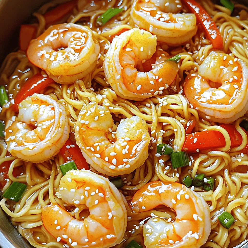 To make Spicy Garlic Noodles with Shrimp, you need simple yet fresh ingredients. Each one adds to the dish's great taste. Here's what you will need: - 8 oz. fresh egg noodles - 1 lb. large shrimp, peeled and deveined - 4 cloves garlic, minced - 2 tablespoons soy sauce - 1 tablespoon sriracha (adjust to your spice preference) - 1 tablespoon honey - 2 tablespoons sesame oil - 1 tablespoon vegetable oil - 1 red bell pepper, julienned - 2 scallions, chopped (reserve green parts for garnish) - Salt and pepper to taste - 1 tablespoon sesame seeds (optional) These ingredients create a wonderful blend of flavors. Fresh egg noodles give the dish a nice bite. Large shrimp adds protein and sweetness. Garlic brings a strong aroma, while sriracha adds that spicy kick. Honey balances the heat, and sesame oil gives a rich flavor. I love adding red bell pepper for a pop of color and crunch. Scallions not only add flavor but also brighten the dish. Lastly, sesame seeds are a great optional garnish for texture. For the full recipe, visit the detailed instructions and enjoy this flavorful delight! 1. Cooking the Noodles: Fill a large pot with water and add salt. Bring it to a boil. Add 8 oz. of fresh egg noodles. Cook the noodles for about 3-4 minutes. They should be tender. Drain them and set aside in a mixing bowl. 2. Sautéing the Garlic: Heat 1 tablespoon of vegetable oil in a large frying pan over medium-high heat. Once the oil is hot, add 4 minced garlic cloves. Sauté the garlic for about 30 seconds. Stir it well so it does not burn. 3. Cooking the Shrimp: Add 1 lb. of peeled and deveined shrimp to the pan. Season the shrimp with salt and pepper. Cook them for 2-3 minutes. They will turn pink and opaque. Stir occasionally for even cooking. 4. Adding Vegetables: Toss in 1 julienned red bell pepper. Cook for an extra 1-2 minutes. The pepper should soften but still be crunchy. 5. Preparing the Sauce: In a small bowl, mix 2 tablespoons of soy sauce, 1 tablespoon of sriracha, 1 tablespoon of honey, and 2 tablespoons of sesame oil. Whisk them together until well blended. This sauce will add great flavor. 6. Combining Noodles and Sauce: Lower the heat to medium. Add the cooked egg noodles to the pan. Pour the sauce over the noodles and shrimp. Gently toss everything together for about 2-3 minutes. Make sure the noodles are fully coated in the sauce. 7. Garnishing and Serving the Dish: Remove the pan from heat. Transfer the Spicy Garlic Noodles with Shrimp to serving plates. Sprinkle with chopped scallions and sesame seeds, if you like. Serve immediately to enjoy the best flavor. For the full recipe, you can refer back to the ingredients and steps above. How to avoid overcooking shrimp To keep shrimp tender, cook them for 2-3 minutes. They should turn pink and opaque. Remove them from heat as soon as they reach this stage. Overcooked shrimp can become rubbery, so stay alert! Tips for perfect noodle texture Use fresh egg noodles for the best taste. Cook them in boiling salted water for 3-4 minutes until tender. Drain and toss them in a bit of oil to prevent sticking. This simple step ensures they stay separate and flavorful. Adjusting spice levels Sriracha adds heat, but you can change the amount to fit your taste. Start with one tablespoon, then add more if you want extra spice. You can also balance spice with honey for a sweeter flavor. Best accompaniments for Spicy Garlic Noodles Pair these noodles with a light salad to balance the heat. A crunchy cucumber salad or a simple side of steamed broccoli works well. You can also serve grilled vegetables for extra flavor. Wine or beverage pairing options A chilled white wine, like Sauvignon Blanc, complements the dish nicely. Its crispness balances the spice. If you prefer non-alcoholic drinks, try iced green tea or a refreshing lemonade. These drinks can enhance your meal experience. For the full experience, refer to the Full Recipe for detailed steps and ingredients! {{image_4}} You can easily change this dish to fit your taste. Let’s explore how to customize your spicy garlic noodles. - Substituting different proteins: You can swap shrimp for chicken, beef, or tofu. Each choice adds a unique flavor. If you use chicken, cook it until golden brown first. For beef, choose thin strips and cook them quickly. Tofu can be pan-fried for a crispy texture. - Using alternate vegetables: Feel free to mix in your favorite vegetables. Broccoli, snap peas, or carrots work well. Just chop them into bite-sized pieces. Cook these veggies with the garlic for a fresh taste. - Changing the sauce ingredients: You can also tweak the sauce. If you want less heat, reduce the sriracha. For a sweeter touch, add more honey. Try adding lime juice for a zesty flavor. You can even use coconut aminos instead of soy sauce for a gluten-free option. These tips help you enjoy spicy garlic noodles just the way you like them. For the full recipe, check the previous sections! To keep your Spicy Garlic Noodles with Shrimp fresh, follow these steps for proper storage: - Best practices for refrigeration: Place leftovers in an airtight container. This helps keep moisture in and prevents drying out. Store in the fridge and eat within three days for the best taste. - Freezing options and tips: You can freeze your noodles if needed. Make sure they cool completely before packing. Use freezer-safe bags or containers, and remove as much air as possible. They can stay frozen for up to two months. Thaw in the fridge overnight before reheating. - Reheating instructions: For reheating, use a microwave or a skillet. If using a microwave, cover the bowl to keep moisture in. Heat in short bursts, stirring in between. If using a skillet, add a splash of water and cover to steam the noodles back to life. This keeps them from getting too dry. By following these tips, you can enjoy your Spicy Garlic Noodles with Shrimp even after the first serving. For the complete recipe, check out the Full Recipe. How can I make this recipe vegetarian? To make this dish vegetarian, swap the shrimp for tofu or mushrooms. Use firm tofu for a good texture. You can also add more veggies like broccoli or snap peas. This keeps the dish hearty and satisfying. Can I use other types of noodles? Yes, you can use other noodles! Rice noodles or whole wheat noodles work well. If you prefer gluten-free, try zucchini noodles or shirataki noodles. Just adjust the cooking time based on the noodle type to ensure they cook well. What is the best way to spice up the dish? To add more heat, increase the sriracha in the sauce. You can also add red pepper flakes or fresh chili peppers. For a different flavor, try adding ginger or lime juice. These will enhance the dish and make it even more exciting. For the complete recipe, check out the Full Recipe section. In this post, we explored how to make Spicy Garlic Noodles with Shrimp. We covered the key ingredients, detailed preparation steps, and offered useful tips. You can customize your dish with different proteins or vegetables. Remember to store leftovers properly for the best taste. Now, you have all the tools to enjoy this delicious meal. Dive into the kitchen and give it a try! Your taste buds will thank you.