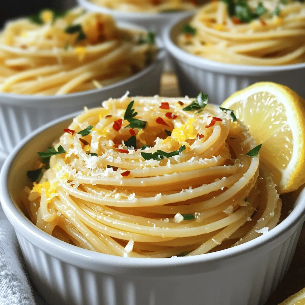 Zesty Spaghetti Aglio e Olio Ingredients: - 400g spaghetti - 6 cloves garlic, thinly sliced - ½ cup extra virgin olive oil - 1 teaspoon red pepper flakes (or to taste) - Zest of 1 lemon - Juice of 1 lemon - ¼ cup fresh parsley, finely chopped - Salt, to taste - Freshly grated Parmesan cheese (optional, for garnish) Spaghetti Aglio e Olio shines with simple, fresh ingredients. Each plays a vital role. - Spaghetti: This serves as the base of the dish. Choose high-quality pasta for the best texture. - Garlic: Fresh garlic gives a rich flavor. Use thin slices for even cooking. - Olive Oil: Extra virgin olive oil adds depth. It also helps infuse the garlic flavor. - Red Pepper Flakes: These provide heat. Adjust the amount to match your spice level. - Lemon: Zest and juice add brightness. They balance the richness of the oil. - Parsley: Fresh parsley adds color and freshness. It complements the garlic. Sometimes, you may need to swap ingredients. Here are some great options: - Pasta: Use any long pasta, like linguine or fettuccine. - Garlic: Garlic powder can work in a pinch, but fresh is best. - Olive Oil: Avocado oil is a good alternative. It has a similar flavor. - Red Pepper Flakes: Fresh chili or hot sauce can replace flakes for heat. - Lemon: Lime juice can work if you’re out of lemons. - Parsley: Basil or chives can add a different yet tasty note. This dish is all about the balance of flavors. Each ingredient enhances the others. Enjoy your cooking journey with Spaghetti Aglio e Olio! Start by filling a large pot with water. Add a lot of salt to the water. This step helps to flavor the spaghetti. Bring the water to a rolling boil. Add the spaghetti and cook it according to the package instructions. Usually, this takes about 8-10 minutes for 'al dente' pasta. Once it is cooked, save 1 cup of the pasta water. Drain the spaghetti in a colander. In a large skillet, heat the extra virgin olive oil over medium heat. When the oil is warm, add the thinly sliced garlic and red pepper flakes. Sauté the garlic gently, stirring often for about 2-3 minutes. Watch the garlic closely; you want it golden brown and fragrant, not burnt. Burnt garlic can turn the dish bitter, which is not what we want! Once the garlic is ready, carefully add the drained spaghetti to the skillet. Use tongs or a pasta fork to toss the spaghetti. Make sure each strand is coated in the garlic oil. If the pasta looks dry, add some reserved pasta water, one tablespoon at a time. Keep tossing until you reach the sauciness you like. Now, remove the skillet from the heat. Add the lemon zest and juice to the pasta. Toss everything well to mix. Season with salt according to your taste. Then, gently fold in the finely chopped parsley. This adds color and flavor to your dish. To get the best spaghetti, cook it until it is 'al dente.' This means it should still have a little bite. Fill a large pot with water and add a good amount of salt. Bring the water to a boil. Add the spaghetti and follow the package instructions. Usually, this takes about 8 to 10 minutes. Before draining, save a cup of the cooking water. This water helps to moisten the pasta later. Garlic is key in Spaghetti Aglio e Olio. Use fresh cloves and slice them thinly. Heat the olive oil in a skillet on medium heat. Add the sliced garlic and red pepper flakes. Stir gently for 2 to 3 minutes until the garlic turns golden. Be careful not to burn it! After mixing in lemon zest and juice, you add a bright taste. The lemon cuts through the richness and lifts the dish. Serving matters! Use warm bowls to keep your pasta hot. After plating, drizzle some of the leftover garlic oil over the spaghetti. This adds flavor and shine. Garnish with fresh parsley for color. A lemon wedge on the side adds a fun touch. When your guests squeeze it over their pasta, the dish becomes even more zesty. For a special finish, you can sprinkle on some grated Parmesan cheese. This makes the dish look gourmet, even though it’s simple to make. Enjoy your flavorful garlic pasta dish! For the complete recipe, check out the full recipe. {{image_4}} You can easily make Spaghetti Aglio e Olio heartier by adding proteins like shrimp or chicken. For shrimp, use raw, peeled shrimp. Sauté them in the garlic oil for about 3-4 minutes until they are pink and cooked through. If you prefer chicken, use diced chicken breast. Cook it in the oil until it's no longer pink. This adds great flavor and makes the dish more filling. If you want a vegetarian twist, consider adding greens. Spinach or kale works great. Add them to the skillet after the garlic has cooked. Stir until the greens wilt and mix well with the garlic oil. This not only adds color but also boosts the nutrition of your meal. You can also use peas for a pop of sweetness. For those who love heat, you can adjust the red pepper flakes to your taste. Start with the recommended amount, then add more if you want it spicier. If you want a unique twist, try adding sliced fresh chili peppers or a dash of hot sauce. This will give your dish a vibrant kick and enhance the overall flavor profile. Experimenting with these variations makes Spaghetti Aglio e Olio fun and exciting. You can enjoy it just the way you like! For the full recipe, check out the details above. To keep your leftover spaghetti aglio e olio fresh, follow these steps: - Let the pasta cool down to room temperature. - Place it in an airtight container. - Store it in the fridge for up to three days. This method helps maintain the flavors and texture of your dish. When reheating spaghetti aglio e olio, I recommend these tips: - Use a skillet over medium heat. - Add a splash of olive oil for moisture. - Stir frequently to prevent sticking. You can also microwave it. Just cover it and add a little water. Heat in short bursts, stirring in between. If you want to freeze spaghetti aglio e olio, do this: - Place cooled pasta in a freezer-safe bag. - Remove excess air and seal tightly. - Store in the freezer for up to two months. When ready to eat, thaw in the fridge overnight. Reheat on the stove for the best taste. Enjoy your flavorful garlic pasta dish again! For the full recipe, check out the [Full Recipe]. Spaghetti Aglio e Olio is a simple pasta dish from Italy. It features spaghetti tossed with garlic and olive oil. The dish gets a kick from red pepper flakes. It’s quick to make and uses few ingredients. This makes it perfect for a weeknight meal. You can find the full recipe [here](#). Yes, you can easily make this dish vegan. Just skip the Parmesan cheese that some people use. The rest of the recipe is naturally vegan. The garlic oil and pasta create a rich flavor on their own. You won’t miss the cheese at all! To make Spaghetti Aglio e Olio less spicy, reduce the red pepper flakes. Start with half a teaspoon instead of a full teaspoon. You can also omit them if you prefer no heat. The garlic and olive oil will still give great flavor. Adjusting the spice level allows everyone to enjoy this dish. You’ve learned how to make Spaghetti Aglio e Olio. We covered essential ingredients and tasty substitutes. The step-by-step guide helped simplify cooking and mixing. Tips showed how to perfect texture and flavor. The variations let you customize your dish, making it unique. Lastly, we talked about storing and reheating leftovers. Now, you can enjoy this dish any time. With simple steps, you’ll impress family and friends. Dive into your kitchen and try it out today!