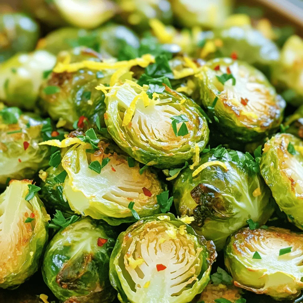 To make Lemon Garlic Roasted Brussels Sprouts, gather these items: - 1 lb Brussels sprouts, trimmed and halved - 3 tablespoons extra-virgin olive oil - 4 cloves fresh garlic, minced - Zest of 1 medium lemon - 2 tablespoons freshly squeezed lemon juice - 1 teaspoon honey (or maple syrup for a vegan option) - Sea salt and freshly ground black pepper to taste - ¼ teaspoon red pepper flakes (optional, for a spicy kick) - Fresh parsley, finely chopped (for garnish) If you can’t find an ingredient, here are some easy swaps: - Use regular olive oil instead of extra-virgin. - Garlic powder can replace fresh garlic in a pinch. - Lime juice works if you don’t have lemon juice. - Maple syrup can substitute honey for sweetness. Want to make this dish even tastier? Here are some fun extras: - Add grated Parmesan cheese for a rich flavor. - Toss in cooked bacon bits for a savory touch. - Mix in some sliced almonds for crunch. - Try adding a splash of balsamic vinegar for depth. You can find the full recipe in the article. Enjoy cooking! Start by preheating your oven to 400°F (200°C). This heat is perfect for roasting. While the oven warms up, grab a rimmed baking sheet. This will catch any drips and keep your oven clean. Take 1 pound of Brussels sprouts and trim the ends. Cut each sprout in half. Place them in a large bowl. Add 3 tablespoons of extra-virgin olive oil. Toss in 4 minced garlic cloves and the zest of one lemon. Pour in 2 tablespoons of fresh lemon juice and 1 teaspoon of honey. The honey adds a nice touch. Season with sea salt and black pepper. If you like heat, add ¼ teaspoon of red pepper flakes. Mix everything well until the sprouts are coated nicely. Spread the Brussels sprouts on the prepared baking sheet. Make sure they are in a single layer. This helps them roast evenly. Place the sheet in the oven and roast for 25 to 30 minutes. Halfway through, stir the sprouts. This helps them get that nice golden-brown color. Check for doneness when they look crispy on the edges and tender inside. Let them cool for a few minutes before serving. Transfer to a dish and sprinkle with fresh parsley for a pop of color. For the full recipe, refer to the earlier sections. To get crispy Brussels sprouts, follow these steps. First, dry the sprouts well after washing. Any moisture can make them soggy. Next, use enough olive oil to coat them, but don’t drown them. A light drizzle works best. Spread them out on the baking sheet. Crowding the pan traps steam and keeps them soft. Finally, roast them until they are golden brown. This takes about 25 to 30 minutes at 400°F (200°C). Stir them halfway through to help them crisp up evenly. One common mistake is not trimming the sprouts properly. Make sure to trim the ends and remove any yellow leaves. Another mistake is skipping the seasoning. Salt and pepper are key to enhancing the flavor. Don’t forget the garlic and lemon; they add a bright taste. Lastly, don’t rush the roasting. Keep an eye on them, but let them cook long enough to get that nice char. Lemon garlic roasted Brussels sprouts pair well with many dishes. Try them with roasted chicken or grilled fish for a complete meal. They also work great as a side for pasta dishes. For a fresh twist, serve them with lemon wedges to squeeze on top just before eating. You can also add grated Parmesan for a rich flavor. For a fun touch, sprinkle pomegranate seeds on top for color and sweetness. Check out the Full Recipe for more ideas! {{image_4}} You can easily make this dish vegan and gluten-free. Just swap honey for maple syrup. Use gluten-free soy sauce if you want a savory twist. The rest stays the same. This way, everyone can enjoy the zesty flavor. Want to change up the taste? Try balsamic vinegar for a sweet tang. Just drizzle it over the sprouts before roasting. You can also sprinkle Parmesan cheese on top after cooking for a rich flavor. Both options give a new twist to this classic dish. Feel free to mix in other veggies for variety. Try carrots, sweet potatoes, or cauliflower. These can roast alongside the Brussels sprouts. Just keep an eye on cooking times. Each season brings fresh options, so get creative and enjoy! For the full recipe, check out the section above. After cooking your Brussels sprouts, let them cool to room temperature. This step helps avoid condensation, which can make them soggy. Once cool, place them in an airtight container. They stay fresh in the fridge for about 3 to 5 days. Be sure to keep the container tightly sealed to lock in flavor. When reheating, avoid the microwave if possible. Microwaving can make Brussels sprouts mushy. Instead, use the oven or a skillet. Preheat your oven to 350°F (175°C) and spread the sprouts on a baking sheet. Heat for about 10-15 minutes. If using a skillet, add a bit of olive oil over medium heat and stir frequently until warm. This helps keep them crispy and tasty. To freeze, first cool the Brussels sprouts completely. Then, arrange them in a single layer on a baking sheet. Freeze for about an hour until firm. After that, transfer them to a freezer bag. They can stay frozen for up to 3 months. When you're ready to eat, you can roast them directly from frozen. Just add a few extra minutes to the cooking time. For the best flavor, use them in soups or stir-fries after thawing. Brussels sprouts take about 25 to 30 minutes to roast at 400°F (200°C). They need this time to become crispy on the outside and tender on the inside. Roasting them evenly is key, so remember to stir them halfway through. This ensures they brown nicely and don’t burn. Yes, you can make Lemon Garlic Roasted Brussels sprouts ahead of time. You can roast them, let them cool, and then store them in an airtight container. They stay fresh in the fridge for up to 3 days. When you are ready to eat, just reheat them in the oven or a skillet. This way, you save time on busy days. Lemon Garlic Roasted Brussels sprouts go well with many dishes. You can serve them with grilled chicken or fish for a healthy meal. They also pair nicely with quinoa or brown rice for a filling vegetarian dish. If you want something lighter, serve them with a fresh salad. These sprouts add a tasty twist to any meal. For the full recipe, check out the guidelines above! This blog post covered how to make Lemon Garlic Roasted Brussels Sprouts. We discussed the ingredients, including key substitutions and optional add-ins for more flavor. I shared step-by-step instructions for prepping, seasoning, and roasting. You learned tips for crispy results and common mistakes to avoid. We also explored variations for different diets and flavor profiles, along with storage tips. These sprouts are not only tasty but also easy to make. Enjoy your cooking adventures!