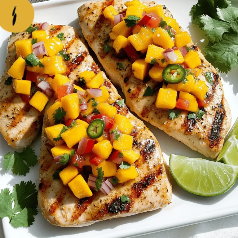 For Mango Salsa Chicken, you will need: - 4 boneless, skinless chicken breasts - Salt and freshly ground black pepper, to taste - 1 tablespoon extra virgin olive oil - 1 ripe mango, peeled and diced - 1/2 red bell pepper, finely chopped - 1/4 cup red onion, finely chopped - 1 jalapeño, deseeded and minced (adjust to taste for heat) - Juice of 1 fresh lime - 2 tablespoons fresh cilantro, finely chopped - 1 teaspoon honey (optional, for sweetness) These ingredients create a dish that is both fresh and flavorful. The chicken pairs perfectly with the sweet and zesty mango salsa. You can adjust this recipe based on what you have on hand. Here are some ideas: - Chicken: Swap chicken breasts for thighs for a juicier option. - Mango: If mango is out of season, try peach or pineapple for a different twist. - Spice: Use red pepper flakes instead of jalapeño if you prefer a milder kick. - Herbs: Replace cilantro with parsley or mint if you dislike cilantro. These swaps let you personalize the dish to fit your taste! You can prepare Mango Salsa Chicken in different ways. Here’s how: - Grilled: Follow the recipe with the grilling method for a smoky flavor. - Baked: Season the chicken and place it in a baking dish. Cook at 375°F for about 25-30 minutes. - Tacos: Use shredded chicken and serve it in tortillas topped with mango salsa. Each method offers a unique taste and texture while keeping the core flavors intact. For the full recipe, check out the detailed instructions! Start by rinsing your chicken breasts under cold water. Pat them dry with paper towels. This helps the seasonings stick better. Sprinkle salt and black pepper on both sides. Use your hands to rub the seasoning in well. Next, drizzle olive oil over the chicken. This oil adds flavor and keeps the chicken moist while cooking. Preheat your grill or grill pan to medium-high heat. This is key to getting a nice char. Place the chicken on the grill. Cook each side for 6 to 7 minutes. Check the internal temperature. It should reach 165°F (75°C). Remove the chicken and let it rest for a few minutes. This step helps keep the juices inside. While the chicken rests, grab a medium bowl. Add the diced mango, chopped bell pepper, red onion, and jalapeño. Squeeze in the lime juice. This adds a fresh zing. Toss in the chopped cilantro and honey if you want some sweetness. Stir gently until everything is mixed well. The salsa adds a bright, fresh touch to the chicken. Now you're ready to serve your delicious dish with the fresh mango salsa on top! For the complete recipe, check the Full Recipe. To grill chicken perfectly, start with a hot grill. Preheat it to medium-high heat. This helps to sear the meat and lock in juices. Always oil the grill grates. This prevents the chicken from sticking. Use tongs to flip the chicken only once. This keeps the juices inside. Cook for about 6-7 minutes on each side. Check the internal temperature. It should reach 165°F (75°C) to be safe. Marinades boost flavor and make the chicken tender. You can make a simple marinade with lime juice, olive oil, and spices. Let the chicken soak for at least 30 minutes. If you have more time, try marinating overnight. This allows the flavors to soak in deeper. For a twist, add crushed garlic or ginger to your marinade. These will add a nice kick to your dish. A beautiful plate makes the meal special. Arrange the grilled chicken on a white platter. This contrast highlights the colorful mango salsa. Drizzle any extra salsa over the chicken. Add fresh cilantro leaves and lime slices as a garnish. This not only looks nice but also adds fresh flavor. You can also serve with lime wedges on the side. This gives guests a zesty burst when they squeeze it on their chicken. Enjoy this dish not just for taste but for its stunning look! For the full recipe, check the details above. {{image_4}} Grilling brings out great flavors in chicken. To make grilled mango salsa chicken, follow the full recipe. Use the grill to cook the chicken until it’s juicy and tender. The smoky taste pairs well with fresh mango salsa. You can add spices like cumin or paprika for extra flavor. This method is quick and perfect for summer nights. Baking is another easy way to make mango salsa chicken. Preheat your oven to 375°F (190°C). Season the chicken as in the full recipe. Place the chicken in a baking dish and pour the salsa over the top. Bake for about 25-30 minutes, or until the chicken is cooked through. This method keeps the chicken moist and allows the flavors to meld nicely. Turn your mango salsa chicken into tasty tacos. Cook the chicken using your favorite method from above. Slice it into strips and place it in soft or hard taco shells. Top with mango salsa, avocado slices, and a squeeze of lime juice. These tacos are fun to eat and perfect for gatherings. They bring a fresh twist to taco night! Store leftover Mango Salsa Chicken in an airtight container. Keep it in the fridge for up to four days. Make sure the chicken has cooled down before sealing it. This helps keep the chicken juicy and fresh. When reheating, place the chicken in the microwave for about one to two minutes. Check the temperature to ensure it’s hot inside. You can also reheat it in the oven at 350°F (175°C). Cover it with foil to keep it moist. This way, you avoid dry chicken. You can freeze Mango Salsa Chicken for later meals. First, let the chicken cool completely. Wrap it tightly in plastic wrap, then place it in a freezer bag. It can stay in the freezer for up to three months. Defrost it in the fridge overnight before reheating. Enjoy the Full Recipe for fresh ideas! Yes, you can use frozen mango. Just thaw it first. Drain any extra liquid to keep the salsa fresh. Frozen mango works well when fresh mango is not in season. It still provides that sweet and fruity flavor we love. To add more spice, use more jalapeño. You can also add a pinch of cayenne pepper. If you like heat, try using a hotter pepper like serrano or habanero. Mix and taste as you go for the perfect heat level. Mango Salsa Chicken goes well with many sides. Here are some great options: - Rice: White or brown rice complements the dish nicely. - Quinoa: A healthy and tasty choice, packed with protein. - Corn Salad: Fresh corn salad adds crunch and sweetness. - Grilled Veggies: Grilled zucchini, bell peppers, and asparagus bring color and flavor. - Tortillas: Serve with warm tortillas for a fun twist. These sides balance the flavors and make your meal complete. For the full recipe, don’t forget to check out the earlier section! In this post, we explored the key ingredients for making Mango Salsa Chicken. We looked at variations, preparation methods, and handy tips for grilling. I shared lots of ideas for customizing flavors and serving this dish. Remember, whether grilled or baked, this recipe is delicious and fun. Dive into your kitchen and try it out. Enjoy the great taste and healthy benefits of Mango Salsa Chicken!
