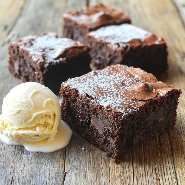 - 1 cup (225g) unsalted butter, melted - 2 cups (400g) granulated sugar - 4 large eggs - 1 teaspoon vanilla extract - 1 cup (130g) all-purpose flour - 1 cup (90g) unsweetened cocoa powder - 1/2 teaspoon salt - 1/2 teaspoon baking powder - 1 cup (175g) chocolate chips - 1/2 cup (75g) chopped walnuts or pecans (optional) The ingredients for classic chocolate brownies are simple but essential. Each one plays a key role in making these treats rich and tasty. - Butter: It gives the brownies their moist texture and rich flavor. Use unsalted butter for better control of salt levels. - Sugar: Granulated sugar adds sweetness and helps create that glossy top. You can also experiment with brown sugar for a deeper flavor. - Eggs: They bind everything together. Use large eggs for the best results. - Vanilla extract: This adds a lovely aroma and enhances the chocolate flavor. - All-purpose flour: It provides structure to the brownies. Too much can make them dry. - Cocoa powder: Unsweetened cocoa gives that deep chocolate taste. Use high-quality cocoa for better results. - Salt: Just a bit of salt enhances all the flavors. - Baking powder: This is key for a slight lift, making the brownies less dense. - Chocolate chips: These add gooey pockets of chocolate. Choose dark or semi-sweet for richness. - Nuts: Chopped walnuts or pecans add a crunchy texture. They are optional but add a nice bite. - Butter alternatives: If you want a dairy-free version, you can use coconut oil or vegan butter. - Different types of sugars: You can mix in brown sugar for a richer taste or use coconut sugar for a healthier twist. - Gluten-free options: For gluten-free brownies, substitute all-purpose flour with almond flour or a gluten-free blend. These ingredients create a classic brownie that is both decadent and irresistible. For the full recipe, you can check the complete instructions to bring these brownies to life! 1. Preheat your oven to 350°F (175°C). 2. Grease or line a 9x13 inch baking pan with parchment paper. This helps with easy removal later. 1. In a large bowl, mix the melted butter and sugar together. Stir until smooth. 2. Add four large eggs, one at a time. Blend well after each addition. 3. Pour in one teaspoon of vanilla extract. This adds a nice aroma. 4. In another bowl, sift together one cup of all-purpose flour, one cup of cocoa powder, half a teaspoon of salt, and half a teaspoon of baking powder. This prevents lumps. 5. Gradually mix the dry ingredients into the wet mixture. Use a spatula to fold gently. Do not overmix; this keeps your brownies soft. 1. Carefully fold in one cup of chocolate chips and half a cup of chopped nuts if you like. 2. Pour the batter into the prepared pan. Spread it evenly. 3. Bake for 25 to 30 minutes. Test for doneness using a toothpick. It should come out with a few moist crumbs. 4. Let the brownies cool in the pan for about 15 minutes. If you used parchment paper, lift them out for easier cutting. Otherwise, cool them in the pan. 5. Cut into squares and enjoy your decadent treat! For the full recipe, check the previous section. To get the best brownies, avoid overmixing the batter. When you mix too much, you add air. This can make brownies tough instead of soft. Stir just until the dry and wet ingredients blend together. You want a thick, gooey batter. This ensures your brownies come out rich and fudgy. To ensure gooey brownies, underbake them slightly. Bake them until a toothpick shows moist crumbs. This means they are perfectly gooey. Let them cool in the pan for a bit before cutting. This helps set the texture. For a rich taste, I recommend dark or semi-sweet chocolate chips. They melt beautifully and add depth. You can also add spices or extracts for more flavor. A pinch of cinnamon or a splash of espresso can elevate your brownies. Vanilla extract adds warmth and sweetness. Cutting brownies can be tricky. Use a sharp knife for clean edges. Wipe the knife between cuts to keep the slices neat. For a lovely presentation, dust the brownies with powdered sugar. You can also serve them with a scoop of vanilla ice cream. This makes for a delicious treat. For the full recipe, check the detailed instructions above. {{image_4}} You can easily add a nutty crunch to your brownies. Use walnuts or pecans for this. Chop them into small pieces. Fold them gently into the batter before baking. This adds a lovely texture and flavor. The nuts also bring a nice contrast to the smooth chocolate. If you like, you can mix different nuts for fun flavors. Swirling flavors into brownies makes them even more special. You can use cream cheese or peanut butter. Just soften them a bit first. Drop spoonfuls into the brownie batter. Then, use a knife to swirl gently. This creates beautiful patterns in your brownies. It also adds a creamy texture that pairs well with chocolate. Mixing flavors can make your brownies unique. Try mint chocolate brownies for a fresh twist. Just add mint extract to the batter. For coffee lovers, espresso or coffee-infused brownies are great too. Brew some strong coffee and mix it into the batter. Both of these options enhance the chocolate taste and make them extra tasty. For the full recipe, check out the section above. To keep your brownies fresh, consider where to store them. You can choose to keep them at room temperature or in the fridge. - Room Temperature: Place brownies in an airtight container. This keeps them moist. They will stay good for about 3 to 4 days. - Refrigerator: Storing brownies in the fridge is great for longer freshness. Use an airtight container. They can last up to a week this way. For best results, always let brownies cool completely before storing. This prevents excess moisture and keeps them from becoming soggy. Brownies taste best when eaten fresh. However, they can last a bit longer with proper storage. - Optimal Taste and Texture: Enjoy your brownies within the first 2 to 3 days for the best flavor and texture. - Signs of Spoilage: If you see mold or a change in smell, it’s best to throw them away. Brownies that feel dry or hard also indicate they are past their prime. By following these tips, you can enjoy your decadent chocolate brownies for days! For more details, check the Full Recipe for making these treats. To check if your brownies are done, use a toothpick. Insert it into the center of the brownies. If it comes out with a few moist crumbs, your brownies are ready. If it comes out wet, bake them a bit longer. Keep a close eye on the time, as every oven is different. I recommend checking them a few minutes before the timer goes off. This test helps ensure you get that perfect gooey texture. Yes, you can freeze brownies! First, let them cool completely. Then, cut them into squares. Wrap each square in plastic wrap. Place the wrapped brownies in a freezer-safe bag or container. Make sure to label the bag with the date. To thaw, take them out of the freezer. Leave them in the fridge overnight or on the counter for a few hours. This way, you can enjoy your brownies later. The difference between fudgy and cakey brownies lies in the ingredients and baking time. Fudgy brownies have more fat, like butter and chocolate, and less flour. This creates a dense and rich treat. Cakey brownies contain more flour and baking powder, giving them a lighter and fluffier texture. Bake fudgy brownies for a shorter time for that gooey center. If you want cakey brownies, bake them a bit longer. Adjusting these factors helps you achieve your desired brownie texture. In this blog post, we explored essential ingredients for delicious brownies, including butter, sugar, and chocolate chips. I shared handy tips on tweaks, like dairy-free options and enhancing flavors. You learned step-by-step instructions, from prepping the oven to achieving the perfect texture. Remember, you can easily customize your brownies with different nuts or flavor swirls. Store them right to keep them fresh. Now, go ahead and bake some mouth-watering treats that your friends and family will love!