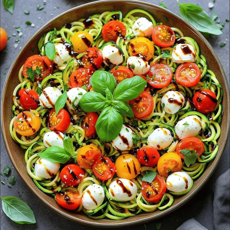 To make a delicious Caprese Zoodle Salad, you need the following ingredients: - 2 medium zucchinis, spiralized to create zoodles - 1 cup cherry tomatoes, halved for sweetness - 1 cup fresh mozzarella balls (bocconcini), providing creamy texture - 1/4 cup fresh basil leaves, torn to release fragrance - 2 tablespoons balsamic vinegar, adding tangy depth - 2 tablespoons extra virgin olive oil, offering richness - Salt and freshly ground black pepper to taste - 1/4 teaspoon garlic powder (optional for extra flavor) If you need to change the recipe, there are great swaps: - Use yellow squash instead of zucchini for a different taste. - Replace mozzarella with a vegan cheese option for dairy-free diets. - Swap balsamic vinegar with lemon juice for a lighter flavor. - If you avoid gluten, this salad is naturally gluten-free. This salad is not just tasty but also healthy. Here's a quick look at its nutrition: - Low in calories, making it perfect for light meals. - High in vitamins from fresh veggies, especially vitamin C. - Offers healthy fats from olive oil, which are good for your heart. - Provides protein from mozzarella, which can help keep you full. Feel free to check out the Full Recipe for more details and tips! To start, grab two medium zucchinis. Use a spiralizer to turn them into zoodles. If you don’t have a spiralizer, a simple vegetable peeler works too. Just peel long strips to mimic noodles. This gives your salad a fresh crunch. Zoodles are low in carbs and great for a healthy meal. Next, take a large mixing bowl. Add the zoodles, one cup of halved cherry tomatoes, and one cup of fresh mozzarella balls. The tomatoes add sweetness, while mozzarella adds creaminess. Toss these together gently. Then, tear a quarter cup of fresh basil leaves and add them to the bowl. This will bring a lovely aroma to your dish. For the dressing, grab a small bowl. Whisk together two tablespoons of balsamic vinegar and two tablespoons of extra virgin olive oil. This mix gives a tangy and rich flavor. If you like, add garlic powder, salt, and black pepper to taste. Drizzle this dressing over your zoodle salad. Toss everything gently to coat well. Let the salad sit for about five minutes. This helps the flavors blend together nicely. You can serve this salad right away for the best taste. If you prefer a cooler dish, refrigerate it for up to 30 minutes. Enjoy this vibrant Caprese Zoodle Salad as a fresh and flavorful delight! For more detailed instructions, check out the Full Recipe. To spiralize zucchini perfectly, pick firm zucchinis. A fresh zucchini holds its shape well. Use a sharp spiralizer to create even zoodles. If you lack a spiralizer, try a vegetable peeler. Simply peel long strips for a similar effect. Keep the zucchini ends for better grip. Always spiralize in a steady motion for even strands. To boost flavor, consider adding fresh herbs. Oregano or thyme pairs well with the dish. You can also try a pinch of red pepper flakes for heat. If you love garlic, add a clove minced into the salad. A squeeze of fresh lemon juice can brighten flavors too. Experiment with different vinegars, like red wine vinegar, for a twist. Serve the Caprese zoodle salad in a wide bowl. This makes the colors pop and looks inviting. Garnish with extra basil leaves for a fresh touch. A drizzle of balsamic glaze adds flair. For a party, consider individual servings in small cups. This makes it easy for guests to enjoy. Remember to serve it cool for the best taste. For the full recipe, check the earlier section. {{image_4}} You can boost the nutrition of your Caprese zoodle salad by adding protein. Grilled chicken is a great choice. It adds a nice, savory flavor. Shrimp is another option. Just sauté them in olive oil for a quick cook. For a vegetarian twist, try chickpeas. They add heartiness and extra fiber. Cubes of tofu also work well. Make sure to season it for more taste. Seasonal ingredients can keep your salad fresh and exciting. In summer, add sweet corn for crunch. In fall, try roasted butternut squash. It adds a warm, nutty flavor. During winter, sliced radishes can provide a nice bite. In spring, include peas for a pop of color and sweetness. These swaps keep your salad vibrant all year round. While balsamic dressing is classic, you can try different ones too. A lemon vinaigrette adds brightness and zest. Mix lemon juice with olive oil and a pinch of salt. For a creamy option, use a yogurt-based dressing. It gives a rich texture without being heavy. A pesto dressing can also bring in bold flavors. Just toss it with your salad for a tasty twist. For the full recipe, check out the Caprese Zoodle Salad. To store leftovers, place the Caprese zoodle salad in an airtight container. Make sure to keep it in the fridge. This will help maintain its freshness. Avoid adding the dressing until you’re ready to eat. This keeps the zoodles crisp and vibrant. You do not need to reheat this salad. It tastes best when cold. If you want to warm it up, do so gently in a pan. Heat it for just a minute or two. Be careful not to overcook the zoodles. They can become mushy. The salad stays good for about 2 days in the fridge. The cherry tomatoes and basil may lose their texture after that. Zucchini zoodles last up to 3 days if kept dry. Always check for signs of spoilage before eating. To spiralize zucchini, use a spiralizer. This tool makes long, thin noodles. If you don’t have one, a vegetable peeler works too. Just peel long strips from the zucchini. Keep turning the zucchini to get even strips. You want them to be thin and fun to eat! Yes, you can prepare the salad ahead of time. Make the zoodles and mix the other ingredients. Just wait to add the dressing until you are ready to serve. This keeps everything fresh and crisp. If you want to store it, cover it and keep it in the fridge. It stays good for about 30 minutes. To make the salad vegan, skip the mozzarella. You can use vegan cheese instead. Another option is to add avocado for creaminess. It adds a nice texture and taste. The dressing is already vegan, so you’re all set with that. You can add grilled chicken or shrimp for protein. If you want a crunch, toss in some nuts. Try pine nuts or walnuts. They add a nice bite. You can also add more veggies like bell peppers or cucumbers for extra flavors. Store any leftovers in an airtight container. Keep it in the fridge for up to two days. The zoodles may get a bit soggy over time. If that happens, a quick toss with fresh seasoning can help. Yes, you can use other squash like yellow squash. It has a similar texture and flavor. The cooking time stays the same. Each type of squash gives a unique taste. Feel free to mix and match! This salad is low in carbs and high in vitamins. Zucchini is rich in water, so it hydrates you. Tomatoes add antioxidants, and basil brings fresh flavor. The olive oil adds healthy fats, making this salad balanced and nutritious. This blog post covered how to make a tasty zoodle salad. We looked at the needed ingredients, step-by-step instructions, and helpful tips. You now know how to choose the right ingredients and make the dressing. The variations allow you to add your favorite flavors, too. Lastly, the storage tips keep your leftovers fresh. Remember, cooking is fun and can be healthy. Enjoy making your zoodle salad your way!