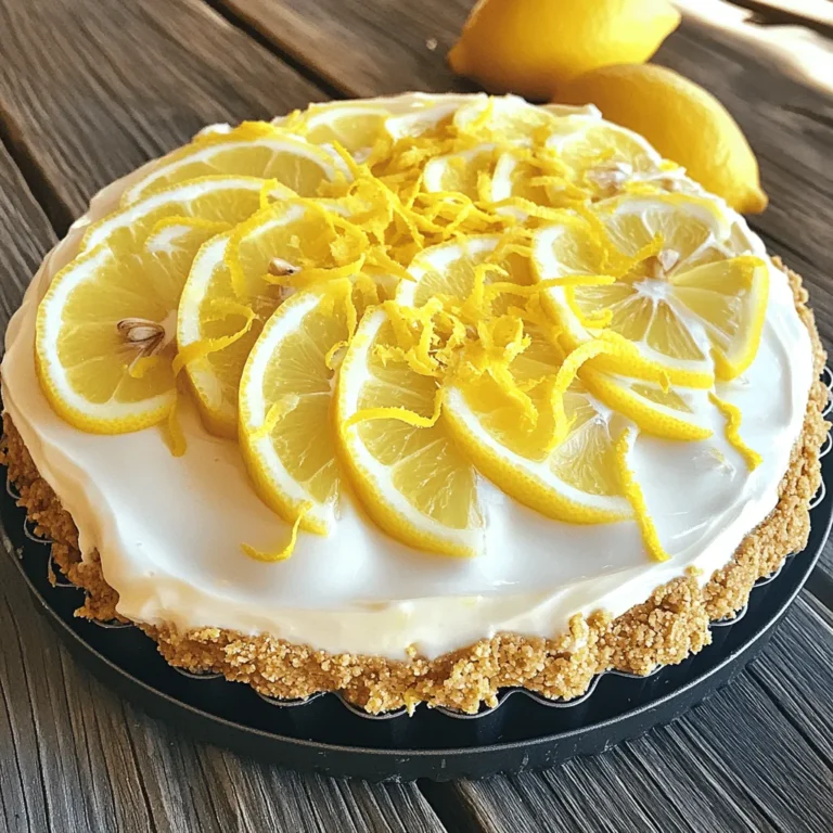 - 1 ½ cups graham cracker crumbs - ½ cup unsalted butter, melted - 2 tablespoons granulated sugar - 16 oz cream cheese, softened at room temperature - 1 cup powdered sugar - 1 cup heavy whipping cream, chilled - Zest of 2 fresh lemons - ½ cup freshly squeezed lemon juice - 1 teaspoon pure vanilla extract - Pinch of fine salt To make a delightful no-bake lemon cheesecake, you need simple ingredients. Each one plays a key role in the flavor and texture. The graham cracker crumbs form a crunchy crust. When mixed with melted butter and sugar, they create a perfect base. Cream cheese gives the cheesecake its rich and creamy texture. Softening the cream cheese at room temperature helps it mix smoothly. Powdered sugar adds sweetness without making the filling grainy. Heavy whipping cream is essential for making the cheesecake light and airy. Fresh lemons bring bright flavors. The zest adds a fragrant touch, while the juice gives it a tangy kick. A hint of vanilla extract rounds out the flavors, and a pinch of salt enhances everything. - Fresh berries - Whipped cream - Mint leaves Once your cheesecake is set, consider adding toppings. Fresh berries like strawberries or blueberries add color and flavor. Whipped cream gives a fluffy touch. Mint leaves add a pop of green and freshness. These toppings make your cheesecake look stunning and taste even better. For the complete process, check out the Full Recipe. - In a medium bowl, combine 1 ½ cups of graham cracker crumbs, ½ cup of melted unsalted butter, and 2 tablespoons of granulated sugar. - Mix until the crumbs absorb the butter and feel like wet sand. - Firmly press this mixture into the bottom of a 9-inch springform pan. Use the bottom of a measuring cup to compact it well. - Place the crust in the refrigerator to chill while you make the filling. - In a large bowl, beat 16 oz of softened cream cheese with an electric mixer until smooth. This should take about 2-3 minutes. - Gradually add 1 cup of powdered sugar. Mix until there are no lumps and it’s fully blended. - Stir in the zest of 2 fresh lemons, ½ cup of fresh lemon juice, 1 teaspoon of pure vanilla extract, and a pinch of salt. Mix until smooth. - In a separate bowl, whip 1 cup of heavy whipping cream until stiff peaks form. This will make the cheesecake light and fluffy. - Gently fold the whipped cream into the lemon cream cheese mixture. Use a spatula and be careful not to deflate it. - Pour the filling over the chilled crust and smooth the top with a spatula. - Cover the cheesecake with plastic wrap and refrigerate it. - Allow it to set for at least 4 hours, or overnight for best results. This helps the flavors meld together and ensures a perfect slice. This no-bake lemon cheesecake is a simple and refreshing treat you will love! For the complete recipe, check out the Full Recipe section. To get the best texture for your cheesecake, use room temperature ingredients. This helps the cream cheese blend smoothly. Cold cream cheese can create lumps in your filling. Always soften it for at least 30 minutes before mixing. When you whip the cream, stop when you see stiff peaks. This adds air to your cheesecake, making it light and fluffy. When folding whipped cream into the cheese mixture, use a spatula. Gently lift and fold to keep the air in. Avoid stirring too hard, as this can deflate the cream. One common mistake is overmixing the filling. This can make your cheesecake dense rather than airy. Mix just until everything is combined. Another mistake is not chilling the crust long enough. The crust needs time to set before adding the filling. Aim for at least 30 minutes in the fridge. A firm crust holds up better when you slice the cheesecake. Serve the cheesecake cold for the best flavor. It should be firm but creamy. Let it sit for about 10 minutes at room temperature before serving. This helps enhance the flavors. For a fun twist, try creative plating. You can garnish with lemon zest or fresh berries. Place thin lemon slices around the edge for a bright touch. Each slice will look as good as it tastes! For the complete recipe, check out the Full Recipe section. {{image_4}} You can add fun flavors to your cheesecake. Try fruit purees like blueberry or strawberry. They bring a sweet and tangy taste that pairs well with lemon. You can also experiment with different citruses. Lime or orange will give it a unique twist. Each fruit adds its own character, making the dessert exciting. If you want a different crust, consider almond flour. It’s a great gluten-free option. The nutty flavor complements the cheesecake nicely. For something richer, use a chocolate cookie crust. This adds a delicious chocolatey taste that pairs well with lemon. You can switch up the crust to match your mood. Want a vegan option? You can easily make a no-bake lemon cheesecake without dairy. Use coconut cream instead of heavy cream. For the cream cheese, try a vegan alternative. There are many brands that taste great. You can also make low-sugar versions. Use natural sweeteners like stevia or monk fruit. These options help keep the treat lighter but still tasty. You can enjoy a guilt-free dessert while satisfying your cravings. To keep your leftover cheesecake fresh, store it properly. Place any uneaten pieces in an airtight container. This helps maintain flavor and texture. If you don’t have a container, cover the cheesecake tightly with plastic wrap. It is best to store the cheesecake in the fridge. It will stay good for about five days. You can also freeze no-bake lemon cheesecake. To do this, first, let it cool completely in the fridge. Then, cut it into slices. Wrap each slice in plastic wrap. Place the wrapped slices in a freezer-safe bag. This way, you can enjoy a piece later! When you want to eat it, take out a slice. Thaw it in the fridge overnight. To keep its texture, do not refreeze the cheesecake once it has thawed. The creamy filling may change if frozen too long. You can still enjoy your cheesecake with great taste and texture by following these steps. No-bake cheesecake lasts about 4 to 5 days in the fridge. I recommend covering it well. Use plastic wrap or a lid to keep it fresh. After that, it may lose its texture and flavor. Yes, you can use fat-free cream cheese. However, the texture may be less creamy. It might not set as well, but you can still enjoy a lighter version. You can tell the cheesecake is set when it feels firm. It should not jiggle in the middle. After chilling for at least 4 hours, check the sides and center for firmness. Absolutely! Making it a day ahead is a great idea. This gives the flavors time to blend and deepen. Plus, it makes your dessert planning easier. If you lack lemon juice, try lime juice. It will still give a zesty kick. You can also use vinegar, but that will change the flavor more. Yes, it is normal. No-bake cheesecakes are creamier and less dense. They use whipped cream to add lightness, resulting in a softer texture. Enjoy the creaminess that comes with this style! Here's all you need to make this easy and tasty lemon cheesecake. Ingredients: - 1 ½ cups graham cracker crumbs - ½ cup unsalted butter, melted - 2 tablespoons granulated sugar - 16 oz cream cheese, softened at room temperature - 1 cup powdered sugar - 1 cup heavy whipping cream, chilled - Zest of 2 fresh lemons - ½ cup freshly squeezed lemon juice - 1 teaspoon pure vanilla extract - Pinch of fine salt Instructions: 1. Prepare the Crust: Mix graham cracker crumbs, melted butter, and granulated sugar. Stir until it looks like wet sand. 2. Form the Crust: Press the crumb mixture into the bottom of a 9-inch springform pan. Use a measuring cup for even pressure. Chill in the fridge while you make the filling. 3. Cream the Cheese: Beat the softened cream cheese until it’s smooth and creamy for about 2-3 minutes. 4. Incorporate Sweetness: Gradually add the powdered sugar, mixing until there are no lumps left. 5. Add Flavors: Mix in the lemon zest, fresh lemon juice, vanilla extract, and a pinch of salt until it's well blended. 6. Whip the Cream: In a chilled bowl, whip the heavy cream until stiff peaks form. This makes the cheesecake light. 7. Combine Mixtures: Fold the whipped cream into the lemon cream cheese mixture gently. Be careful not to deflate it. 8. Pour and Smooth: Pour the filling over the chilled crust. Use a spatula to smooth the top. 9. Chill and Set: Cover with plastic wrap and refrigerate for at least 4 hours, or overnight if you can wait. 10. Serve: Once set, remove it from the springform pan. Transfer to a plate and slice. This refreshing dessert serves 8-10 people. To make it extra special, add lemon zest on top or place thin lemon slices around the edges. Enjoy every bite! This no-bake lemon cheesecake recipe offers a simple way to enjoy a creamy dessert. We covered essential ingredients, easy instructions, and tips for success. You learned about flavor variations and storage tips, too. Now, you can impress friends and family with your baking skills. Use this recipe as a base for your own creations. Enjoy the bright flavors and have fun making it!