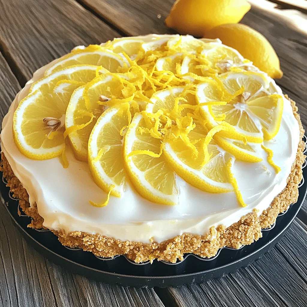 - 1 ½ cups graham cracker crumbs - ½ cup unsalted butter, melted - 2 tablespoons granulated sugar - 16 oz cream cheese, softened at room temperature - 1 cup powdered sugar - 1 cup heavy whipping cream, chilled - Zest of 2 fresh lemons - ½ cup freshly squeezed lemon juice - 1 teaspoon pure vanilla extract - Pinch of fine salt To make a delightful no-bake lemon cheesecake, you need simple ingredients. Each one plays a key role in the flavor and texture. The graham cracker crumbs form a crunchy crust. When mixed with melted butter and sugar, they create a perfect base. Cream cheese gives the cheesecake its rich and creamy texture. Softening the cream cheese at room temperature helps it mix smoothly. Powdered sugar adds sweetness without making the filling grainy. Heavy whipping cream is essential for making the cheesecake light and airy. Fresh lemons bring bright flavors. The zest adds a fragrant touch, while the juice gives it a tangy kick. A hint of vanilla extract rounds out the flavors, and a pinch of salt enhances everything. - Fresh berries - Whipped cream - Mint leaves Once your cheesecake is set, consider adding toppings. Fresh berries like strawberries or blueberries add color and flavor. Whipped cream gives a fluffy touch. Mint leaves add a pop of green and freshness. These toppings make your cheesecake look stunning and taste even better. For the complete process, check out the Full Recipe. - In a medium bowl, combine 1 ½ cups of graham cracker crumbs, ½ cup of melted unsalted butter, and 2 tablespoons of granulated sugar. - Mix until the crumbs absorb the butter and feel like wet sand. - Firmly press this mixture into the bottom of a 9-inch springform pan. Use the bottom of a measuring cup to compact it well. - Place the crust in the refrigerator to chill while you make the filling. - In a large bowl, beat 16 oz of softened cream cheese with an electric mixer until smooth. This should take about 2-3 minutes. - Gradually add 1 cup of powdered sugar. Mix until there are no lumps and it’s fully blended. - Stir in the zest of 2 fresh lemons, ½ cup of fresh lemon juice, 1 teaspoon of pure vanilla extract, and a pinch of salt. Mix until smooth. - In a separate bowl, whip 1 cup of heavy whipping cream until stiff peaks form. This will make the cheesecake light and fluffy. - Gently fold the whipped cream into the lemon cream cheese mixture. Use a spatula and be careful not to deflate it. - Pour the filling over the chilled crust and smooth the top with a spatula. - Cover the cheesecake with plastic wrap and refrigerate it. - Allow it to set for at least 4 hours, or overnight for best results. This helps the flavors meld together and ensures a perfect slice. This no-bake lemon cheesecake is a simple and refreshing treat you will love! For the complete recipe, check out the Full Recipe section. To get the best texture for your cheesecake, use room temperature ingredients. This helps the cream cheese blend smoothly. Cold cream cheese can create lumps in your filling. Always soften it for at least 30 minutes before mixing. When you whip the cream, stop when you see stiff peaks. This adds air to your cheesecake, making it light and fluffy. When folding whipped cream into the cheese mixture, use a spatula. Gently lift and fold to keep the air in. Avoid stirring too hard, as this can deflate the cream. One common mistake is overmixing the filling. This can make your cheesecake dense rather than airy. Mix just until everything is combined. Another mistake is not chilling the crust long enough. The crust needs time to set before adding the filling. Aim for at least 30 minutes in the fridge. A firm crust holds up better when you slice the cheesecake. Serve the cheesecake cold for the best flavor. It should be firm but creamy. Let it sit for about 10 minutes at room temperature before serving. This helps enhance the flavors. For a fun twist, try creative plating. You can garnish with lemon zest or fresh berries. Place thin lemon slices around the edge for a bright touch. Each slice will look as good as it tastes! For the complete recipe, check out the Full Recipe section. {{image_4}} You can add fun flavors to your cheesecake. Try fruit purees like blueberry or strawberry. They bring a sweet and tangy taste that pairs well with lemon. You can also experiment with different citruses. Lime or orange will give it a unique twist. Each fruit adds its own character, making the dessert exciting. If you want a different crust, consider almond flour. It’s a great gluten-free option. The nutty flavor complements the cheesecake nicely. For something richer, use a chocolate cookie crust. This adds a delicious chocolatey taste that pairs well with lemon. You can switch up the crust to match your mood. Want a vegan option? You can easily make a no-bake lemon cheesecake without dairy. Use coconut cream instead of heavy cream. For the cream cheese, try a vegan alternative. There are many brands that taste great. You can also make low-sugar versions. Use natural sweeteners like stevia or monk fruit. These options help keep the treat lighter but still tasty. You can enjoy a guilt-free dessert while satisfying your cravings. To keep your leftover cheesecake fresh, store it properly. Place any uneaten pieces in an airtight container. This helps maintain flavor and texture. If you don’t have a container, cover the cheesecake tightly with plastic wrap. It is best to store the cheesecake in the fridge. It will stay good for about five days. You can also freeze no-bake lemon cheesecake. To do this, first, let it cool completely in the fridge. Then, cut it into slices. Wrap each slice in plastic wrap. Place the wrapped slices in a freezer-safe bag. This way, you can enjoy a piece later! When you want to eat it, take out a slice. Thaw it in the fridge overnight. To keep its texture, do not refreeze the cheesecake once it has thawed. The creamy filling may change if frozen too long. You can still enjoy your cheesecake with great taste and texture by following these steps. No-bake cheesecake lasts about 4 to 5 days in the fridge. I recommend covering it well. Use plastic wrap or a lid to keep it fresh. After that, it may lose its texture and flavor. Yes, you can use fat-free cream cheese. However, the texture may be less creamy. It might not set as well, but you can still enjoy a lighter version. You can tell the cheesecake is set when it feels firm. It should not jiggle in the middle. After chilling for at least 4 hours, check the sides and center for firmness. Absolutely! Making it a day ahead is a great idea. This gives the flavors time to blend and deepen. Plus, it makes your dessert planning easier. If you lack lemon juice, try lime juice. It will still give a zesty kick. You can also use vinegar, but that will change the flavor more. Yes, it is normal. No-bake cheesecakes are creamier and less dense. They use whipped cream to add lightness, resulting in a softer texture. Enjoy the creaminess that comes with this style! Here's all you need to make this easy and tasty lemon cheesecake. Ingredients: - 1 ½ cups graham cracker crumbs - ½ cup unsalted butter, melted - 2 tablespoons granulated sugar - 16 oz cream cheese, softened at room temperature - 1 cup powdered sugar - 1 cup heavy whipping cream, chilled - Zest of 2 fresh lemons - ½ cup freshly squeezed lemon juice - 1 teaspoon pure vanilla extract - Pinch of fine salt Instructions: 1. Prepare the Crust: Mix graham cracker crumbs, melted butter, and granulated sugar. Stir until it looks like wet sand. 2. Form the Crust: Press the crumb mixture into the bottom of a 9-inch springform pan. Use a measuring cup for even pressure. Chill in the fridge while you make the filling. 3. Cream the Cheese: Beat the softened cream cheese until it’s smooth and creamy for about 2-3 minutes. 4. Incorporate Sweetness: Gradually add the powdered sugar, mixing until there are no lumps left. 5. Add Flavors: Mix in the lemon zest, fresh lemon juice, vanilla extract, and a pinch of salt until it's well blended. 6. Whip the Cream: In a chilled bowl, whip the heavy cream until stiff peaks form. This makes the cheesecake light. 7. Combine Mixtures: Fold the whipped cream into the lemon cream cheese mixture gently. Be careful not to deflate it. 8. Pour and Smooth: Pour the filling over the chilled crust. Use a spatula to smooth the top. 9. Chill and Set: Cover with plastic wrap and refrigerate for at least 4 hours, or overnight if you can wait. 10. Serve: Once set, remove it from the springform pan. Transfer to a plate and slice. This refreshing dessert serves 8-10 people. To make it extra special, add lemon zest on top or place thin lemon slices around the edges. Enjoy every bite! This no-bake lemon cheesecake recipe offers a simple way to enjoy a creamy dessert. We covered essential ingredients, easy instructions, and tips for success. You learned about flavor variations and storage tips, too. Now, you can impress friends and family with your baking skills. Use this recipe as a base for your own creations. Enjoy the bright flavors and have fun making it!