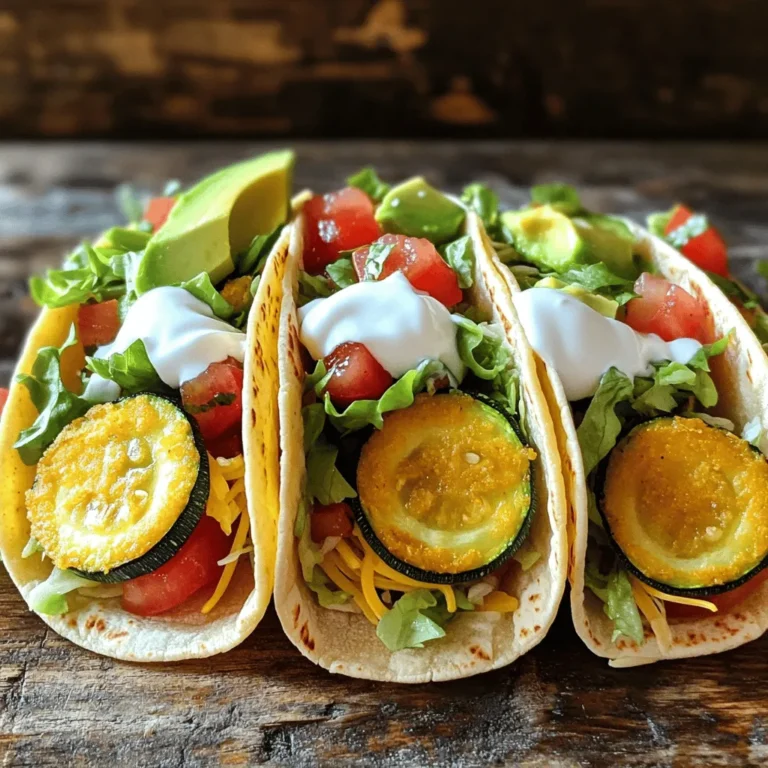 To make your delicious crispy zucchini tacos, you'll need a few fresh ingredients. Here’s what you should gather: - 2 medium zucchinis, sliced into thin rounds - 1 cup cornmeal and seasonings: chili powder, garlic powder, onion powder, ground cumin - Fresh toppings: shredded lettuce, diced tomatoes, avocado slices, sour cream or Greek yogurt - Tortilla options: soft corn or flour These ingredients work together to create a tasty and fun meal. The zucchini brings a nice crunch, while the cornmeal adds flavor. Don’t forget the toppings! They add freshness and creaminess. If you want the full recipe, check out the Full Recipe for all the details. Set your oven to 425°F (220°C). This high heat will help make the zucchini crispy. Line a large baking sheet with parchment paper. This step prevents the zucchini from sticking and makes cleanup easy. In a medium mixing bowl, combine 1 cup of cornmeal with spices. Add 1 tablespoon of chili powder, 1 teaspoon of garlic powder, 1 teaspoon of onion powder, and 1/2 teaspoon of ground cumin. Season this mix with salt and freshly cracked black pepper. Mix well until everything is blended. This coating gives the zucchini great flavor and crunch. Take your zucchini rounds and dip them into the cornmeal mixture. Make sure both sides are coated evenly. Arrange the coated zucchini on the baking sheet in a single layer. Avoid overlapping the rounds to ensure they cook evenly. Place the baking sheet in the preheated oven and bake for 20-25 minutes. Halfway through, flip the zucchini rounds for an even golden brown color. Enjoy the crispy goodness as you prepare your tacos! For the complete recipe, see the [Full Recipe]. To get the best crispy texture, the coating needs to be even. Make sure you coat each zucchini round well. This way, every bite has flavor. Use a good amount of cornmeal mix on both sides. When you bake, flip the zucchini halfway. This helps them brown nicely and stay crisp. Warm tortillas before you fill them. You can heat them in a skillet over medium heat. Just a minute on each side makes them soft. You can also wrap them in foil and pop them in the oven. Give them a few minutes so they get warm and pliable. For a colorful dish, use a bright platter. Layer your crispy zucchini tacos with fresh toppings. Add shredded lettuce, diced tomatoes, and avocado slices. Finish with a dollop of sour cream or Greek yogurt. Serve with lime wedges for extra zest. A sprinkle of fresh cilantro adds a lovely touch. Use these tips to make your tacos not just tasty, but also beautiful! {{image_4}} You can easily make your crispy zucchini tacos vegan. For a creamy topping, replace sour cream with cashew cream or dairy-free yogurt. Both options give a rich flavor. You can also use mashed avocado as a spread. It adds creaminess and healthy fats. For toppings, use fresh veggies like radishes or sliced jalapeños for a spicy kick. These swaps keep your meal tasty and plant-based. To boost the flavor of your zucchini coating, try adding more spices. Smoked paprika can add a nice depth. You might also enjoy a pinch of cayenne for heat. Fresh herbs like cilantro or parsley can brighten the dish. Mix them into your cornmeal for an extra layer of flavor. Don't hesitate to experiment! The right spices can take your tacos to the next level. Zucchini is great, but many other veggies work well too. You can use sliced eggplant or summer squash for a similar texture. Carrots add a sweet crunch, while bell peppers bring color and flavor. For a different twist, try sweet potatoes. Just cut them into thin slices and bake. Each veggie offers a unique taste, so have fun mixing it up! You’ll find your favorite combinations. For the complete experience, check out the [Full Recipe]. To keep your crispy zucchini tacos fresh, use an airtight container. Place any leftover tacos in the container. You can store them in the fridge for up to three days. This method helps keep them from getting soggy. If you have extra zucchini rounds, store them separately. This way, they stay crispy longer. When you're ready to enjoy your leftovers, reheating correctly is key. The best way to revive that crunch is in the oven. Preheat your oven to 375°F (190°C). Place the tacos on a baking sheet. Heat them for about 10-15 minutes. This method ensures your tacos stay crispy. You can also use an air fryer for faster results. Just heat them for 5-7 minutes at 350°F (175°C). You can freeze crispy zucchini tacos, but it's best to freeze the zucchini rounds separately. After baking, let them cool completely. Then, place them in a single layer on a baking sheet and freeze for a few hours. Once frozen, transfer them to a freezer bag. This prevents sticking. You can store them in the freezer for up to three months. When ready to eat, bake them straight from the freezer. This keeps them crunchy and delicious. For the full recipe, check the detailed instructions above. To make crispy zucchini tacos, follow these steps: 1. Preheat your oven to 425°F (220°C). 2. Prepare a baking sheet with parchment paper. 3. Mix cornmeal and spices in a bowl. 4. Dip zucchini rounds in the cornmeal mix. 5. Arrange the coated zucchini on the baking sheet. 6. Bake for 20-25 minutes, flipping halfway. 7. Warm your tortillas in a skillet or oven. 8. Assemble tacos with zucchini, lettuce, tomatoes, avocado, and sour cream. This simple process makes crispy zucchini tacos that are full of flavor. The baking gives the zucchini a nice crunch while keeping the inside tender. You can find the full recipe above. You can use either corn or flour tortillas for zucchini tacos. - Corn Tortillas: - They are gluten-free. - They have a distinct flavor that pairs well with the zucchini. - Flour Tortillas: - They are soft and chewy. - They hold up well with toppings and fillings. Both options are great, so choose based on your taste! I often prefer corn tortillas for their authentic flavor. Yes, you can prepare some parts ahead of time. - Zucchini Rounds: You can coat and bake the zucchini earlier in the day. Store them in an airtight container. - Tortillas: Warm them just before serving to keep them soft. - Toppings: Dice your tomatoes and slice your avocado in advance, but keep them in the fridge. This way, you can quickly assemble the tacos when you're ready to eat. Enjoy your meal without the rush! This blog post covered how to make crispy zucchini tacos. You learned about the ingredients, instructions, and tips for perfecting texture. I also shared variations for dietary needs and options to store leftovers. Crispy zucchini tacos are fun, easy to make, and delicious. You can enjoy them during any meal. Experiment with the toppings to make each taco special. Enjoy your cooking!