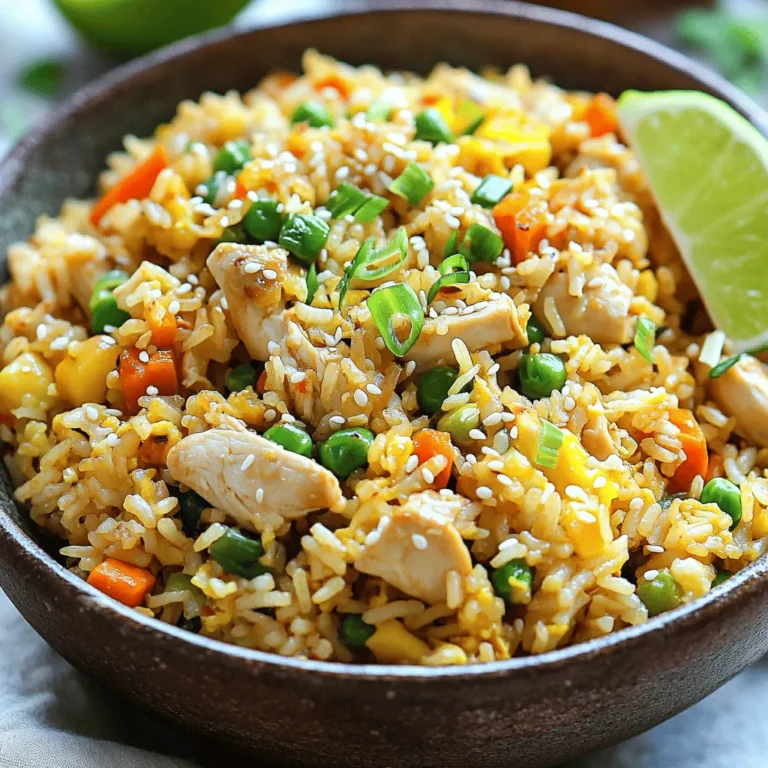 - 2 cups cooked jasmine rice - 1 cup cooked chicken breast, diced - 1 cup mixed vegetables - 3 tablespoons soy sauce - 2 tablespoons sesame oil - Salt and freshly ground black pepper - 2 large beaten eggs - 3 green onions, finely chopped - Garlic Gathering the right ingredients is key to making easy chicken fried rice. Start with 2 cups of cooked jasmine rice; leftover rice works best. It helps keep the grains from sticking together. Next, you need 1 cup of cooked chicken breast, diced into small pieces. You can use rotisserie chicken for speed. Add 1 cup of mixed vegetables. Frozen peas and carrots work great. They heat up quickly and add color. For flavor, use 3 tablespoons of soy sauce. This gives the rice a savory kick. 2 tablespoons of sesame oil will add a nutty taste. Don't forget to season with salt and freshly ground black pepper to your liking. If you want to enhance the dish, consider adding 2 large beaten eggs. They add richness and protein. 3 green onions, finely chopped, add a fresh taste. Lastly, garlic can bring an aromatic depth to your fried rice. These ingredients create a simple yet tasty meal. For the full recipe, check out the link above. How to pre-cook jasmine rice To cook jasmine rice, use a 1:1.5 rice-to-water ratio. Rinse the rice first. Then, add it to boiling water. Cover and simmer for 15 minutes. Let it cool afterward. Using day-old rice gives the best texture in fried rice. How to dice chicken breast Start with a cooked chicken breast. Place it on a cutting board. Cut it in half lengthwise, then slice it into small, bite-sized pieces. Aim for even sizes to ensure even cooking. Tips for measuring vegetables When measuring mixed vegetables, use a cup. Fill it with your choice of peas, carrots, and corn. Make sure to level it off with a knife for accuracy. Fresh or frozen veggies work well, but thaw frozen ones first. Heating the skillet and oils Grab a large skillet or wok. Heat it on medium-high. Add vegetable oil until it shimmers but does not smoke. This oil helps fry the ingredients evenly. Sautéing garlic and eggs Add minced garlic to the hot oil. Stir for about 30 seconds until fragrant. Push the garlic aside. Pour in beaten eggs next. Scramble the eggs gently until fully cooked. Then, mix them with the garlic. Combining ingredients systematically Next, add the diced chicken to the skillet. Stir for about 2 minutes until heated through. Now, toss in the mixed vegetables. Stir-fry for another 2-3 minutes until tender yet crisp. Add the jasmine rice next. Break apart any clumps gently as you stir. Incorporating soy sauce and sesame oil Drizzle soy sauce and sesame oil over the rice mix. Stir well to evenly coat all ingredients. This step adds flavor and richness to the dish. Garnishing and presentation tips Add chopped green onions last. Season with salt and black pepper to taste. For a nice touch, serve in a large bowl or on plates. Garnish with more green onions and sesame seeds. Serving size and suggestions This recipe serves about four people. Pair it with lime wedges for a zesty kick. Enjoy your savory chicken fried rice! For the complete recipe, check out the [Full Recipe]. - Importance of using day-old rice: Day-old rice is drier and firmer. This helps prevent clumping when cooking. Fresh rice can be too sticky and mushy. It’s best to cook the rice a day before and store it in the fridge. - Tips for achieving perfect egg texture: Beat the eggs well before cooking. Pour them into the pan and let them sit for a second. Stir gently to form soft curds. Don’t overcook the eggs; they should be fluffy and tender. - Stir-fry techniques for even cooking: Keep the heat high and work quickly. Use a large skillet or wok to ensure space for all ingredients. Stir constantly to avoid burning. This helps everything cook evenly and stay crisp. - Adding spice: How to adjust heat levels: Start with a small amount of red pepper flakes or chili sauce. You can always add more, but you can’t take it away. Taste as you go to find your perfect heat level. - Incorporating fresh herbs: Fresh herbs like cilantro or basil can brighten the dish. Add them at the end for the best flavor. Chopped green onions also add a fresh taste and a nice crunch. - Using alternative sauces or marinades: Try adding oyster sauce or hoisin sauce for a twist. These can add a deeper flavor to your fried rice. Experiment to find what you enjoy most. - Best frying pan or wok for this recipe: A non-stick skillet or a wok works best. This helps prevent sticking and makes stirring easier. Look for one that is large enough to hold all your ingredients. - Recommended utensils for mixing: Use a sturdy spatula or wooden spoon. This will help you mix everything without damaging your pan. A thin spatula is great for scraping the sides. - Importance of a good spatula: A good spatula helps in flipping and mixing your ingredients. It should have a flat edge for easy scooping and stirring. This simple tool can make a big difference in your cooking process. Enjoy crafting your Easy Chicken Fried Rice with these tips and tricks! For the complete recipe, check out the Full Recipe section above. {{image_4}} You can easily adapt this chicken fried rice recipe to fit different diets. For a gluten-free option, replace soy sauce with tamari. This keeps the flavor but removes gluten. If you want a vegetarian version, swap chicken for tofu. Tofu absorbs flavors well, making it tasty and filling. For a low-carb choice, use cauliflower rice instead of jasmine rice. It offers a light texture while still giving you that satisfying fried rice feel. You can also change the flavor of your fried rice with simple tweaks. For an Asian twist, add hoisin sauce. This adds a sweet and savory taste that will excite your palate. If you want a Mexican flair, sprinkle in some taco seasonings. This gives the rice a spicy kick that is fun to try. For a Mediterranean touch, toss in olives and feta cheese. These ingredients bring a whole new level of taste to your dish. There are many ways to boost your chicken fried rice. You can add extra protein, like shrimp, pork, or beef. This makes the meal heartier and more satisfying. Another option is to enhance nutrition by adding more vegetables. You can include bell peppers, broccoli, or snap peas for extra crunch and color. Lastly, think about creative add-ins. Nuts, spices, or a splash of dressing can elevate the dish and make it your own. For the full recipe, check out the earlier section. To keep your chicken fried rice fresh, place it in a container with a tight lid. This helps prevent moisture loss and keeps flavors intact. Make sure the rice cools down to room temperature before sealing the container. Store it in the fridge for up to four days. Use glass or plastic containers that are microwave safe. These options make reheating easy. Avoid using metal containers as they can get too hot in the microwave. You can reheat chicken fried rice on the stovetop or in the microwave. For stovetop reheating, add a splash of water or oil in a skillet. Heat it over medium heat while stirring. This method keeps the rice from drying out. If using the microwave, place the rice in a bowl and cover it with a damp paper towel. This helps steam the rice and keeps it moist. Heat in short bursts, stirring in between, until warmed through. To freeze chicken fried rice, allow it to cool completely. Then, divide it into portions and place each in a freezer-safe bag. Remove as much air as possible before sealing. Label the bags with the date and use them within three months for best taste. For thawing, you can leave the rice in the fridge overnight. If you’re in a hurry, you can use the microwave. Just set it to defrost mode and stir frequently until thawed. How long can I store leftover fried rice? You can store fried rice in an airtight container for up to four days in the fridge. Make sure it cools down before sealing. Reheat over medium heat for best results. Can I use uncooked rice for this recipe? No, you should not use uncooked rice. Cooked rice absorbs flavors and keeps the dish from being too hard. Use day-old rice for the best texture. What if I don’t have sesame oil? If you lack sesame oil, you can use olive oil or any neutral oil instead. It won't have the same nutty taste, but it will still be good. How to make this dish vegan? To make vegan fried rice, replace chicken with tofu and skip the eggs. Use extra veggies for texture and flavor. Adjust soy sauce to taste. What vegetables work best in fried rice? Mixed vegetables like peas, carrots, and corn are great. You can also add bell peppers, broccoli, or snap peas for variety. Choose what you like best! Can I make this recipe ahead of time? Yes, you can prep the veggies and chicken ahead of time. Just store them separately in the fridge. Cook the rice fresh for the best taste. What is the best way to cook chicken for fried rice? Cook chicken breast in a skillet until golden brown. Dice it into small pieces for even cooking. Use cooked chicken for easier preparation. How do I prevent the rice from becoming mushy? To avoid mushy rice, make sure to use day-old rice. Fresh rice holds too much water. If using fresh, spread it out to cool. Why use day-old rice? Day-old rice dries out slightly, making it perfect for frying. It also helps to keep the grains separate. This ensures a better texture for your fried rice. This blog post covered how to make chicken fried rice. We looked at key ingredients, cooking steps, and helpful tips. You learned about variations to suit different diets and flavor profiles. Storing and reheating options were also explained for your convenience. In closing, chicken fried rice is simple and customizable. You can create a dish that fits your taste and needs. Enjoy making this tasty meal!