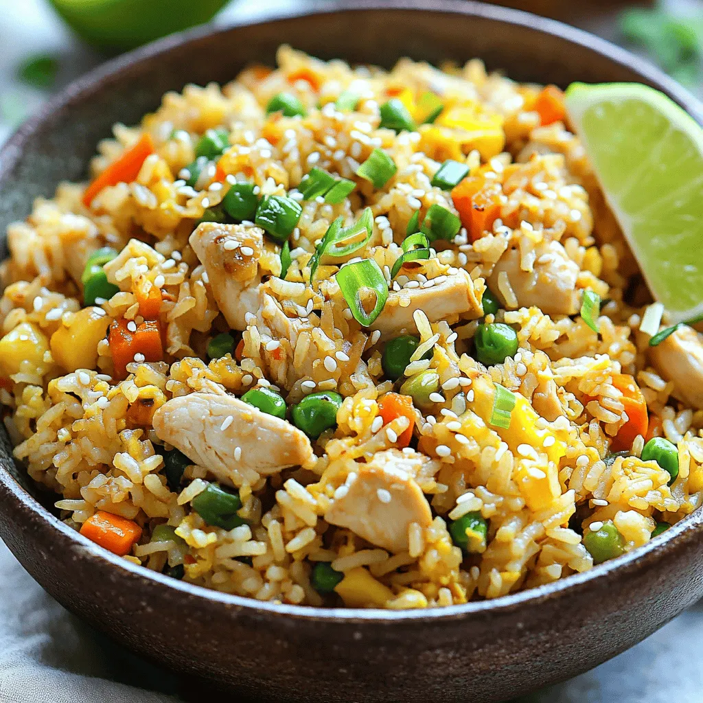- 2 cups cooked jasmine rice - 1 cup cooked chicken breast, diced - 1 cup mixed vegetables - 3 tablespoons soy sauce - 2 tablespoons sesame oil - Salt and freshly ground black pepper - 2 large beaten eggs - 3 green onions, finely chopped - Garlic Gathering the right ingredients is key to making easy chicken fried rice. Start with 2 cups of cooked jasmine rice; leftover rice works best. It helps keep the grains from sticking together. Next, you need 1 cup of cooked chicken breast, diced into small pieces. You can use rotisserie chicken for speed. Add 1 cup of mixed vegetables. Frozen peas and carrots work great. They heat up quickly and add color. For flavor, use 3 tablespoons of soy sauce. This gives the rice a savory kick. 2 tablespoons of sesame oil will add a nutty taste. Don't forget to season with salt and freshly ground black pepper to your liking. If you want to enhance the dish, consider adding 2 large beaten eggs. They add richness and protein. 3 green onions, finely chopped, add a fresh taste. Lastly, garlic can bring an aromatic depth to your fried rice. These ingredients create a simple yet tasty meal. For the full recipe, check out the link above. How to pre-cook jasmine rice To cook jasmine rice, use a 1:1.5 rice-to-water ratio. Rinse the rice first. Then, add it to boiling water. Cover and simmer for 15 minutes. Let it cool afterward. Using day-old rice gives the best texture in fried rice. How to dice chicken breast Start with a cooked chicken breast. Place it on a cutting board. Cut it in half lengthwise, then slice it into small, bite-sized pieces. Aim for even sizes to ensure even cooking. Tips for measuring vegetables When measuring mixed vegetables, use a cup. Fill it with your choice of peas, carrots, and corn. Make sure to level it off with a knife for accuracy. Fresh or frozen veggies work well, but thaw frozen ones first. Heating the skillet and oils Grab a large skillet or wok. Heat it on medium-high. Add vegetable oil until it shimmers but does not smoke. This oil helps fry the ingredients evenly. Sautéing garlic and eggs Add minced garlic to the hot oil. Stir for about 30 seconds until fragrant. Push the garlic aside. Pour in beaten eggs next. Scramble the eggs gently until fully cooked. Then, mix them with the garlic. Combining ingredients systematically Next, add the diced chicken to the skillet. Stir for about 2 minutes until heated through. Now, toss in the mixed vegetables. Stir-fry for another 2-3 minutes until tender yet crisp. Add the jasmine rice next. Break apart any clumps gently as you stir. Incorporating soy sauce and sesame oil Drizzle soy sauce and sesame oil over the rice mix. Stir well to evenly coat all ingredients. This step adds flavor and richness to the dish. Garnishing and presentation tips Add chopped green onions last. Season with salt and black pepper to taste. For a nice touch, serve in a large bowl or on plates. Garnish with more green onions and sesame seeds. Serving size and suggestions This recipe serves about four people. Pair it with lime wedges for a zesty kick. Enjoy your savory chicken fried rice! For the complete recipe, check out the [Full Recipe]. - Importance of using day-old rice: Day-old rice is drier and firmer. This helps prevent clumping when cooking. Fresh rice can be too sticky and mushy. It’s best to cook the rice a day before and store it in the fridge. - Tips for achieving perfect egg texture: Beat the eggs well before cooking. Pour them into the pan and let them sit for a second. Stir gently to form soft curds. Don’t overcook the eggs; they should be fluffy and tender. - Stir-fry techniques for even cooking: Keep the heat high and work quickly. Use a large skillet or wok to ensure space for all ingredients. Stir constantly to avoid burning. This helps everything cook evenly and stay crisp. - Adding spice: How to adjust heat levels: Start with a small amount of red pepper flakes or chili sauce. You can always add more, but you can’t take it away. Taste as you go to find your perfect heat level. - Incorporating fresh herbs: Fresh herbs like cilantro or basil can brighten the dish. Add them at the end for the best flavor. Chopped green onions also add a fresh taste and a nice crunch. - Using alternative sauces or marinades: Try adding oyster sauce or hoisin sauce for a twist. These can add a deeper flavor to your fried rice. Experiment to find what you enjoy most. - Best frying pan or wok for this recipe: A non-stick skillet or a wok works best. This helps prevent sticking and makes stirring easier. Look for one that is large enough to hold all your ingredients. - Recommended utensils for mixing: Use a sturdy spatula or wooden spoon. This will help you mix everything without damaging your pan. A thin spatula is great for scraping the sides. - Importance of a good spatula: A good spatula helps in flipping and mixing your ingredients. It should have a flat edge for easy scooping and stirring. This simple tool can make a big difference in your cooking process. Enjoy crafting your Easy Chicken Fried Rice with these tips and tricks! For the complete recipe, check out the Full Recipe section above. {{image_4}} You can easily adapt this chicken fried rice recipe to fit different diets. For a gluten-free option, replace soy sauce with tamari. This keeps the flavor but removes gluten. If you want a vegetarian version, swap chicken for tofu. Tofu absorbs flavors well, making it tasty and filling. For a low-carb choice, use cauliflower rice instead of jasmine rice. It offers a light texture while still giving you that satisfying fried rice feel. You can also change the flavor of your fried rice with simple tweaks. For an Asian twist, add hoisin sauce. This adds a sweet and savory taste that will excite your palate. If you want a Mexican flair, sprinkle in some taco seasonings. This gives the rice a spicy kick that is fun to try. For a Mediterranean touch, toss in olives and feta cheese. These ingredients bring a whole new level of taste to your dish. There are many ways to boost your chicken fried rice. You can add extra protein, like shrimp, pork, or beef. This makes the meal heartier and more satisfying. Another option is to enhance nutrition by adding more vegetables. You can include bell peppers, broccoli, or snap peas for extra crunch and color. Lastly, think about creative add-ins. Nuts, spices, or a splash of dressing can elevate the dish and make it your own. For the full recipe, check out the earlier section. To keep your chicken fried rice fresh, place it in a container with a tight lid. This helps prevent moisture loss and keeps flavors intact. Make sure the rice cools down to room temperature before sealing the container. Store it in the fridge for up to four days. Use glass or plastic containers that are microwave safe. These options make reheating easy. Avoid using metal containers as they can get too hot in the microwave. You can reheat chicken fried rice on the stovetop or in the microwave. For stovetop reheating, add a splash of water or oil in a skillet. Heat it over medium heat while stirring. This method keeps the rice from drying out. If using the microwave, place the rice in a bowl and cover it with a damp paper towel. This helps steam the rice and keeps it moist. Heat in short bursts, stirring in between, until warmed through. To freeze chicken fried rice, allow it to cool completely. Then, divide it into portions and place each in a freezer-safe bag. Remove as much air as possible before sealing. Label the bags with the date and use them within three months for best taste. For thawing, you can leave the rice in the fridge overnight. If you’re in a hurry, you can use the microwave. Just set it to defrost mode and stir frequently until thawed. How long can I store leftover fried rice? You can store fried rice in an airtight container for up to four days in the fridge. Make sure it cools down before sealing. Reheat over medium heat for best results. Can I use uncooked rice for this recipe? No, you should not use uncooked rice. Cooked rice absorbs flavors and keeps the dish from being too hard. Use day-old rice for the best texture. What if I don’t have sesame oil? If you lack sesame oil, you can use olive oil or any neutral oil instead. It won't have the same nutty taste, but it will still be good. How to make this dish vegan? To make vegan fried rice, replace chicken with tofu and skip the eggs. Use extra veggies for texture and flavor. Adjust soy sauce to taste. What vegetables work best in fried rice? Mixed vegetables like peas, carrots, and corn are great. You can also add bell peppers, broccoli, or snap peas for variety. Choose what you like best! Can I make this recipe ahead of time? Yes, you can prep the veggies and chicken ahead of time. Just store them separately in the fridge. Cook the rice fresh for the best taste. What is the best way to cook chicken for fried rice? Cook chicken breast in a skillet until golden brown. Dice it into small pieces for even cooking. Use cooked chicken for easier preparation. How do I prevent the rice from becoming mushy? To avoid mushy rice, make sure to use day-old rice. Fresh rice holds too much water. If using fresh, spread it out to cool. Why use day-old rice? Day-old rice dries out slightly, making it perfect for frying. It also helps to keep the grains separate. This ensures a better texture for your fried rice. This blog post covered how to make chicken fried rice. We looked at key ingredients, cooking steps, and helpful tips. You learned about variations to suit different diets and flavor profiles. Storing and reheating options were also explained for your convenience. In closing, chicken fried rice is simple and customizable. You can create a dish that fits your taste and needs. Enjoy making this tasty meal!