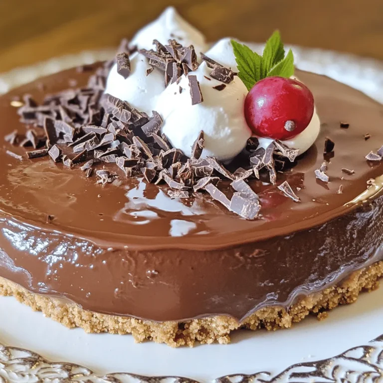 To make the no-bake chocolate cheesecake, you will need these key ingredients: - 1 ½ cups graham cracker crumbs - ½ cup unsweetened cocoa powder - ¼ cup granulated sugar - ½ cup unsalted butter, melted - 16 oz cream cheese, softened to room temperature - 1 cup powdered sugar - 1 cup heavy whipping cream - ½ cup semi-sweet chocolate chips, melted and slightly cooled - 1 teaspoon pure vanilla extract - Pinch of fine sea salt Each ingredient plays a vital role. The graham cracker crumbs create a tasty crust. Cocoa powder adds rich chocolate flavor. Granulated sugar sweetens the crust and the filling. Unsalted butter helps bind the crust together. Cream cheese forms the base of the filling, giving it a creamy texture. The powdered sugar sweetens the filling further. Heavy whipping cream makes the cheesecake light and fluffy. Semi-sweet chocolate chips contribute to the chocolate taste, while vanilla adds depth. The pinch of salt balances the sweetness and enhances the flavors. For the full recipe, you can refer to the detailed instructions. - Combine the following in a mixing bowl: - 1 ½ cups graham cracker crumbs - ½ cup unsweetened cocoa powder - ¼ cup granulated sugar - ½ cup unsalted butter, melted Mix these ingredients until it looks like damp sand. When you squeeze it, it should hold together. - Press this crumb mixture into a 9-inch springform pan. Make sure it is even and packed tightly. This helps the crust stay firm. Place the crust in the refrigerator to set while you prepare the filling. - In a new bowl, beat 16 oz of softened cream cheese. Use an electric mixer on medium speed. Mix for about 2 minutes until it’s smooth. - Gradually add 1 cup of powdered sugar. Keep mixing until it looks silky and well-blended. - Now, gently fold in: - ½ cup semi-sweet chocolate chips, melted and slightly cooled - 1 teaspoon pure vanilla extract - A pinch of fine sea salt Stir until everything is smooth and the chocolate is mixed in well. - In another bowl, whip 1 cup of heavy whipping cream on high speed. Keep going until stiff peaks form. This step makes your cheesecake light and fluffy. - Carefully fold this whipped cream into the chocolate mixture. Use a spatula to keep it fluffy. Mix until there are no streaks left. - Pour the chocolate filling over the crust. Use a spatula to spread it evenly. - Cover the cheesecake with plastic wrap or foil. Refrigerate for at least 4 hours, but overnight is best. This helps it set properly. Once it is set, you can gently remove the sides of the springform pan and move it to a serving plate. For the full recipe, check the main article. To get the best texture for your no-bake chocolate cheesecake, start with softened cream cheese. Softening the cream cheese makes it easy to mix and prevents lumps. You can leave it out at room temperature for about an hour. If you're short on time, microwave it for 10 seconds. Just don't let it melt! Next, whip your heavy cream until you see stiff peaks. This step adds air and lightness to your cheesecake. Use a chilled bowl and beaters for better results. Whip on high speed, and you’ll see the cream transform in just a few minutes. Presentation matters! Garnish your cheesecake with chocolate shavings and dollops of whipped cream. This adds elegance and a tasty touch. You can also sprinkle some fresh berries on top or around the plate. Berries give a pop of color and a fresh flavor. For extra sweetness, drizzle chocolate sauce over the top before serving. One common mistake is overmixing the filling. Mix just until combined; too much mixing can make it dense. Another mistake is not chilling the cheesecake long enough. You need at least 4 hours in the fridge, but overnight is best. This waiting time allows it to set properly and enhances the flavor. For the full recipe, check out the complete guide! {{image_4}} You can add a twist to your no-bake chocolate cheesecake by mixing in espresso or coffee. This gives the dessert a rich mocha flavor that coffee lovers will adore. Just use about one tablespoon of instant coffee or espresso powder. Mix it with the cream cheese before adding the chocolate. Feel free to experiment with different types of chocolate too. Dark chocolate adds a bold taste, while milk chocolate gives a sweeter flavor. You can even mix them for a perfect balance. Just remember to adjust the sugar if you're using sweeter chocolate. If you want a different crust option, try using Oreo cookie crumbs instead of graham crackers. This gives your cheesecake a chocolatey base that pairs well with the filling. Simply crush the cookies and mix them with melted butter, just like you would with graham crackers. For those needing gluten-free options, use gluten-free cookie crumbs. You can find many brands that offer gluten-free cookies. This way, everyone can enjoy this delicious dessert! Toppings can make your cheesecake even more exciting. Swirl some chocolate ganache on top for a glossy finish. To make ganache, melt chocolate with heavy cream until smooth. Then, let it cool and drizzle it over the cheesecake. You can also add fresh fruit or nuts for extra flavor and texture. Chopped strawberries, raspberries, or crushed nuts like almonds or walnuts work great. They not only add taste but also make your cheesecake look beautiful. For the full recipe, check out the detailed instructions above and enjoy your baking adventure! To keep your no-bake chocolate cheesecake fresh, cover it well. Use plastic wrap or aluminum foil to cover the cheesecake tightly. This helps avoid any unwanted odors from the fridge. Store it in the fridge for easy access. If you want to freeze it, cut it into slices first. Place slices in an airtight container or wrap them in plastic wrap. This way, you can enjoy a piece without thawing the whole cake. In the fridge, your cheesecake stays fresh for about 5 days. Make sure to check for any signs of spoilage. If you see a change in color or smell, it’s best to throw it out. If the cheesecake has a slimy texture, that is also a sign it is no longer good. Always trust your senses when it comes to food safety. Enjoy your cheesecake while it’s fresh for the best taste! You can find the full recipe for this delightful treat above. Yes, you can make this cheesecake ahead of time. It actually tastes better after chilling. To prepare, follow the recipe steps up to pouring the filling into the crust. Then, cover it well with plastic wrap or foil. You can store it in the fridge for up to four days before serving. Chill the cheesecake for at least four hours. For best results, refrigerate it overnight. This will help it set properly. A longer chill time enhances the flavors and texture. Remember, patience is key to a great cheesecake! Yes, you can substitute some ingredients. For a dairy-free option, use vegan cream cheese. You can also use coconut cream instead of heavy cream. If you need a gluten-free crust, choose gluten-free graham crackers or nuts. These swaps still keep your cheesecake delicious. This cheesecake is a delightful treat with easy steps. We explored key ingredients, like graham cracker crumbs and cream cheese, plus simple methods to prepare it. I shared tips for texture, serving ideas, and common mistakes to avoid. You can also try tasty variations, like adding espresso or using an Oreo crust. Finally, I discussed storage tips to keep your cheesecake fresh. Baking this dessert can bring joy and impress loved ones. Enjoy creating your own delicious cheesecake masterpiece!