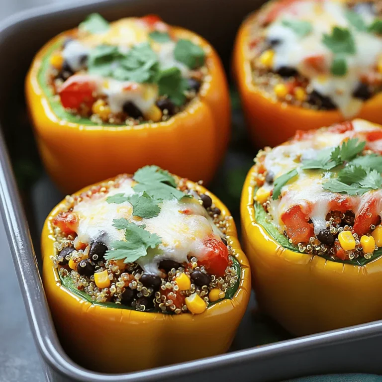 - Bell peppers: Choose bright colors like red, yellow, or orange. These colors not only look great but also add natural sweetness. Each pepper holds the filling nicely and provides a tasty bite. - Quinoa: Rinse the quinoa well under cold water. This step removes the bitter coating called saponin. Rinsing ensures your quinoa has a clean, nutty flavor that shines in the dish. - Vegetable broth: Use low-sodium broth for better control of the flavor. It enhances the taste of quinoa and adds depth to the dish. You can also try homemade broth for a fresher taste. - Ground spices: Cumin, smoked paprika, and chili powder are key. Cumin gives an earthy flavor, while paprika adds a hint of smokiness. Chili powder can amp up the heat level, making your dish exciting. - Beans and corn: Black beans add protein and fiber, making the meal hearty. Corn brings sweetness and crunch, creating a balanced texture. Both ingredients make the filling more nutritious and filling. - Cheese alternatives: Depending on your diet, choose cheddar for a classic taste or opt for a dairy-free cheese. Both melt well and enhance the flavors, giving a creamy finish to each stuffed pepper. For the full list of ingredients, check the Full Recipe. Start by preheating your oven to 375°F (190°C). This step matters because the right heat cooks the peppers evenly and makes them tender. While the oven warms up, you can prepare the bell peppers. Cut the tops off and scoop out the seeds and membranes inside. Stand the peppers upright in a baking dish. This helps them stay stable while they bake. Next, it’s time to cook the quinoa. In a medium saucepan, add 1 cup of rinsed quinoa and 2 cups of vegetable broth. Bring it to a boil, then lower the heat. Cover and let it simmer for about 15 minutes. You want the quinoa to be fluffy and all the liquid should be gone. While the quinoa cooks, you can mix the filling. In a large bowl, combine the fluffy quinoa, black beans, corn, diced tomatoes, cumin, smoked paprika, and chili powder. Add salt and pepper to taste. Make sure everything is mixed well to ensure a consistent flavor in every bite. Now comes the fun part—stuffing the peppers! Use a spoon to fill each bell pepper with your quinoa mixture. Pack it down gently to fit as much filling as possible. Once filled, sprinkle a good amount of cheese on top of each pepper. Cover the baking dish with aluminum foil and place it in the oven. Bake for 25 minutes. After that, remove the foil and bake for another 10 minutes. This helps the cheese melt and become bubbly. The peppers should be tender but still hold their shape. Once done, take the dish out and let it cool for a few minutes. Right before serving, add fresh cilantro or parsley on top for a nice touch. For the full recipe, check out the details provided earlier. To achieve fluffy quinoa, rinse it well before cooking. Rinsing removes the bitter coating called saponin. Use a fine mesh strainer for this step. Then, cook the quinoa in the right ratio of water to quinoa. I recommend 2 cups of vegetable broth for every 1 cup of quinoa. Bring it to a boil, then simmer for 15 minutes. This way, the quinoa will be light and fluffy. When baking your stuffed peppers, timing is key. Start by covering the dish with foil for the first 25 minutes. This keeps the moisture in, helping the peppers cook evenly. After that, remove the foil and bake for an extra 10 minutes. This will make the cheese melt perfectly and the peppers tender but not mushy. For presentation, serve your stuffed peppers on a large platter. Sprinkle extra herbs like cilantro or parsley around for a fresh look. A drizzle of olive oil or a squeeze of lime juice adds brightness and flavor. As for side dishes, consider a simple green salad or some roasted vegetables. These pair well with the peppers and add color to your meal. A light white wine or sparkling water complements the dish nicely, enhancing your dining experience. For the full recipe, check out [Full Recipe]. {{image_4}} What can I use instead of black beans? You can swap in other legumes like chickpeas or kidney beans. Each offers unique flavors and textures. Chickpeas add a nutty taste, while kidney beans bring a soft bite. Both boost protein and fiber, making your meal heartier. Can I add meat to my stuffed peppers? Yes! Chicken or turkey works great. Use cooked ground meat for easy mixing. This adds a savory depth to your dish. Just remember to season the meat well for the best flavor. How can I change the spices? Explore with different spices to create new flavors. Try adding oregano for a Mediterranean twist or curry powder for a bold kick. Each spice changes the overall taste, making your stuffed peppers exciting. Can I use different veggies? Absolutely! Seasonal vegetables like zucchini, spinach, or mushrooms can enhance your filling. They add more nutrients and variety. Just chop them finely and mix them in with your quinoa and beans. For the full recipe, check out the details above. After enjoying your quinoa stuffed bell peppers, store leftovers in the fridge. Place them in an airtight container. This keeps them fresh for up to four days. If you plan to eat them later, consider freezing them. To freeze, wrap each pepper in plastic wrap. Then place them in a freezer-safe bag or container. Make sure to remove as much air as possible. Properly stored, they can last for up to three months in the freezer. When it’s time to enjoy your stuffed peppers again, you can reheat them in several ways. The oven is my favorite method. Preheat it to 350°F (175°C). Place the peppers in a baking dish and cover with foil. Bake for about 20 minutes, or until heated through. You can also use the microwave for quick reheating. Simply place a pepper on a microwave-safe plate. Cover it with a paper towel to keep moisture in. Heat it for about 2-3 minutes, checking to avoid overheating. If you prefer the stovetop, heat a skillet over medium heat and add a little water. Place the peppers in the skillet and cover. Heat for about 5-7 minutes, turning occasionally. To keep the texture nice, avoid sogginess. When reheating, do not add extra moisture or cover too tightly. This will help maintain that delightful crunch of the peppers. For the full recipe, visit the [Full Recipe]. How long do quinoa stuffed peppers last in the fridge? Quinoa stuffed peppers can last about 3 to 5 days in the fridge. Store them in an airtight container to keep them fresh. If you want to enjoy them later, just heat them up in the oven or microwave. Can I make quinoa stuffed peppers ahead of time? Yes, you can prepare quinoa stuffed peppers ahead of time. Stuff the bell peppers and store them in the fridge. Bake them when you’re ready to eat. This makes meal prep easy and convenient. What can I substitute for quinoa in this recipe? If you want to swap out quinoa, try using brown rice or couscous. Both options provide a nice texture. Just remember to adjust cooking times as needed for these ingredients. Are quinoa stuffed peppers healthy? Yes, quinoa stuffed peppers are healthy. They’re packed with protein, fiber, and vitamins. Quinoa is a complete protein, making this dish a great choice for a balanced meal. Gluten-free options: Ensuring a safe meal for all Quinoa is naturally gluten-free, so this dish is safe for gluten-sensitive people. Just check your labels for any added ingredients that might contain gluten. Vegetarian vs. vegan: Key differences in ingredients Vegetarian quinoa stuffed peppers include cheese, while vegan ones use dairy-free cheese. Both versions are delicious. Choose based on your dietary needs. Quinoa stuffed bell peppers use fresh ingredients and bold flavors for a tasty meal. First, choose colorful bell peppers and rinse the quinoa for the best taste. Use ground spices and beans to boost nutrition. Follow the steps closely for perfect results, and don’t forget to try different flavors and proteins. Store leftovers well to enjoy later. Healthy and easy, this dish fits any dinner. You can impress friends and family while eating well! So, get cooking and enjoy every bite of your delicious creation.