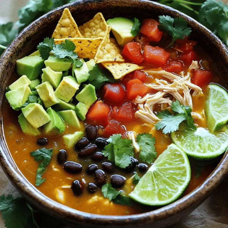 To make Easy Chicken Tortilla Soup, gather these key ingredients: - 2 tablespoons olive oil - 1 medium onion, finely diced - 2 cloves garlic, minced - 1 bell pepper (any color), finely diced - 2 medium tomatoes, diced - 4 cups low-sodium chicken broth - 1 teaspoon ground cumin - 1 teaspoon chili powder - 1 teaspoon smoked paprika - 1 pound cooked chicken breast, shredded - 1 can (15 oz) black beans, thoroughly rinsed and drained - 1 cup corn (fresh or frozen) - Salt and freshly ground black pepper, to taste These ingredients create a rich flavor base for your soup. The spices, like cumin and chili powder, add warmth. Using low-sodium broth helps control salt levels. For a delightful finish, consider adding these garnishes: - Tortilla chips, for garnish and added crunch - Fresh cilantro, roughly chopped, for garnish - 1 ripe avocado, diced, for garnish - Lime wedges, for serving These garnishes enhance the soup's look and taste. The crunch of tortilla chips contrasts nicely with the tender soup. A squeeze of lime adds a zesty touch. To prepare this soup, have these tools on hand: - A large pot - A sharp knife - A cutting board - A measuring spoon - A ladle for serving Having the right tools makes cooking easier. A large pot holds all the ingredients while they cook together. A sharp knife and cutting board help you chop veggies quickly. For the full recipe, check out the [Full Recipe]. Gather your ingredients before you start. This makes cooking easier and faster. You will need: - 2 tablespoons olive oil - 1 medium onion, finely diced - 2 cloves garlic, minced - 1 bell pepper (any color), finely diced - 2 medium tomatoes, diced - 4 cups low-sodium chicken broth - 1 teaspoon ground cumin - 1 teaspoon chili powder - 1 teaspoon smoked paprika - 1 pound cooked chicken breast, shredded - 1 can (15 oz) black beans, thoroughly rinsed and drained - 1 cup corn (fresh or frozen) - Salt and freshly ground black pepper, to taste - Tortilla chips, for garnish and added crunch - Fresh cilantro, roughly chopped, for garnish - 1 ripe avocado, diced, for garnish - Lime wedges, for serving 1. Heat the olive oil in a large pot over medium heat. 2. Add the diced onion and sauté for about 3-4 minutes until it turns soft. 3. Stir in the minced garlic and diced bell pepper. Cook these for 2 more minutes. 4. Now, add diced tomatoes, chicken broth, cumin, chili powder, smoked paprika, and shredded chicken. Mix well. 5. Raise the heat until it boils, then reduce it and let it simmer for 15 minutes. 6. After simmering, stir in the black beans and corn. Heat for another 5-7 minutes. 7. Taste and season with salt and pepper as needed. Adjust spices if you want more heat. Ladle the hot soup into bowls. Top with crumbled tortilla chips for crunch. Add diced avocado and fresh cilantro for color and flavor. Serve with lime wedges on the side. Squeeze lime juice over the soup before eating for a zesty kick! For the full recipe, check the section above. Enjoy your tasty chicken tortilla soup! To make your chicken tortilla soup taste amazing, focus on fresh ingredients. Use ripe tomatoes and fresh herbs. They add a burst of flavor. Toast your spices in the olive oil to release their aromas. This small step can boost the taste of your soup. Consider adding a splash of lime juice for brightness. It really makes a difference! If you like heat, add more chili powder or a diced jalapeño. For milder soup, use less spice. Remember to taste as you cook. You can add more spice later if needed. Also, consider serving hot sauce on the side. This way, everyone can adjust the heat to their liking. To speed up cooking, use pre-cooked chicken. Shredded rotisserie chicken works well. It saves time and adds flavor. Chop your veggies small for quicker cooking. Use a sharp knife for safety and ease. Lastly, keep your broth warm before adding it to the pot. This helps your soup come together faster. For the full recipe, check out the earlier section. {{image_4}} You can easily make a vegetarian version of chicken tortilla soup. Swap out the chicken for hearty vegetables. Use black beans for protein and fiber. Sweet corn adds a nice crunch. You can also add diced zucchini or bell peppers for more flavor. Use vegetable broth instead of chicken broth. This keeps the soup light yet filling. Top it with tortilla chips, avocado, and cilantro for the best taste. This version is perfect for a healthy meal. If you love heat, then spicy chicken tortilla soup is for you. Start with the original recipe and add more spices. Include diced jalapeños or serrano peppers for a kick. You can also add some cayenne pepper or hot sauce to the pot. Adjust the spice level to your liking. Serve it with sour cream to cool down the heat. This soup is sure to warm you up on a chilly night. For a creamy twist, turn your chicken tortilla soup into a creamy delight. After cooking the soup, stir in some heavy cream or sour cream. This gives the soup a rich and smooth texture. You can also blend a portion of the soup for extra creaminess. Just blend it in a blender and stir it back in. This version is comforting and perfect for those who enjoy a velvety finish. Don't forget to garnish with tortilla chips and avocado for a crunchy contrast. For the full recipe, check out the details above! After making Easy Chicken Tortilla Soup, allow it to cool. Use an airtight container. Store the soup in the fridge for up to three days. Make sure to keep it covered to preserve flavor. When you're ready to enjoy leftovers, pour the soup into a pot. Heat it over medium heat until warm. Stir it often to prevent sticking. You can also use the microwave. Place the soup in a bowl and cover it loosely. Heat for about 2-3 minutes, stirring halfway. Always check the temperature before eating. If you want to save some soup for later, freezing is perfect. Let the soup cool completely. Pour it into freezer-safe bags or containers. Leave some space for the soup to expand. Seal tightly and label with the date. You can freeze it for up to three months. When you want to eat it, thaw it overnight in the fridge before reheating. This method helps keep all the flavors intact. Enjoy the full recipe and indulge in this delightful dish! I recommend using cooked chicken breast for this soup. It stays tender and juicy. You can use leftover rotisserie chicken or poach chicken breasts to save time. Shredded chicken blends well with the soup flavors. Yes, you can make this soup in a slow cooker. Start by sautéing the onion and garlic in a pan. Then add all the ingredients to the slow cooker. Set it on low for 6-8 hours or high for 3-4 hours. This method lets the flavors meld nicely. Chicken Tortilla Soup stays fresh for about 3-4 days in the refrigerator. Store it in an airtight container. Make sure it cools before you put it in the fridge. If you want it to last longer, consider freezing it. You can find the Full Recipe for more details on storage. This blog post covered everything you need for easy chicken tortilla soup. We explored essential ingredients, tools, and garnishes. You learned the clear steps for prep and cooking, plus tips for flavor and spice. Variations let you customize the soup to your taste. Lastly, we discussed how to store and reheat leftovers. Now, you can enjoy this tasty meal any time. Get creative with flavors and make it your own!