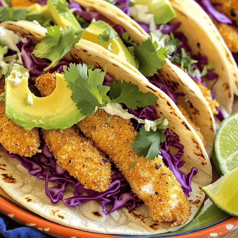 To make these crispy fish tacos, gather these key items: - 1 lb white fish fillets (cod or tilapia work great) - 1 cup all-purpose flour - 1 cup cornmeal - 1 teaspoon paprika - 1/2 teaspoon cayenne pepper - 1/2 teaspoon garlic powder - 1/2 teaspoon salt - 1/4 teaspoon black pepper - 2 large eggs, beaten - Vegetable oil, for frying - 8 small corn tortillas The toppings add flavor and texture to your tacos. Here are my favorites: - 1/2 cup red cabbage, thinly sliced - 1 avocado, sliced - Fresh cilantro leaves, for garnish - Lime wedges, for serving To round out your meal, consider these sides: - Fresh salsa for a zesty kick - A drizzle of spicy crema for creaminess - Mexican rice for a hearty addition These ingredients make crispy fish tacos a fun and tasty weeknight meal. For the full recipe, be sure to check out the details above! Start by drying the fish fillets with paper towels. This step helps the coating stick better. Cut the fish into strips that are about 1 inch wide. This size cooks evenly and fits nicely in the tacos. In a medium bowl, mix the flour, cornmeal, paprika, cayenne pepper, garlic powder, salt, and black pepper. Stir until well combined. In another bowl, beat the eggs until smooth. This egg wash will help the coating stick. Heat about 1 inch of vegetable oil in a large skillet over medium-high heat. Check if the oil is hot by dropping in a pinch of the flour mix; if it sizzles, it's ready. Dip each fish strip into the egg wash, letting excess drip off. Then coat it in the flour mixture, pressing lightly to ensure it sticks. Place the coated fish in the hot oil, frying in batches to prevent overcrowding. Cook for 3-4 minutes on each side until golden brown. Transfer the fried fish to a plate lined with paper towels to absorb extra oil. Warm each corn tortilla in a dry skillet for about 30 seconds on each side. This makes them soft and easy to fold. For each tortilla, place 2-3 pieces of crispy fish. Top with sliced red cabbage, avocado, and fresh cilantro. Don’t forget to serve the tacos with lime wedges. A squeeze of lime adds a bright, fresh flavor. For the full recipe, you can check the complete details above. To get that perfect crunch, follow these steps: - Dry the Fish: Start by patting the fish fillets with paper towels. This removes moisture and helps them get crispy. - Use Cornmeal: Mixing cornmeal with flour gives extra texture and crunch. It makes the coating thicker and crispier. - Hot Oil: Make sure the oil is hot enough before frying. If it’s too cool, the fish will absorb oil and turn soggy. - Don’t Overcrowd: Fry the fish in batches. Too many pieces at once cools the oil and affects crispiness. Here are some common mistakes you should steer clear of: - Skipping the Egg Wash: The egg wash helps the coating stick. Don’t skip this step! - Not Heating the Oil Properly: Always test the oil. If it’s not hot, you’ll end up with greasy fish. - Using Wet Fish: Wet fish won’t fry well. Always dry them before coating. - Flipping Too Soon: Let the fish cook fully on one side before flipping. This helps it stay intact and crispy. Enhance your tacos with these tasty garnishes: - Fresh Cilantro: Adds a burst of freshness and color. - Avocado: Creamy avocado pairs well with crispy fish. - Lime Wedges: A squeeze of lime brightens up the flavors. - Salsa or Crema: A drizzle of spicy crema or your favorite salsa adds flavor and moisture. For the full recipe, check out [Full Recipe]. {{image_4}} If you want to try a different protein, shrimp works great. Just peel and devein before cooking. You can also use chicken strips. They need a bit more time to cook, so adjust frying time. Another option is tofu for a different texture. Press it to remove water and cut into strips. For a vegetarian twist, use cauliflower. Cut it into small florets, coat, and fry. It gets nice and crispy. If you want a vegan option, tempeh is fantastic. Slice it thin and marinate for flavor before frying. Just make sure to use a plant-based egg wash or a mixture of flour and water. To boost flavor, add lime zest to the coating mix. It brightens each bite. For spice, increase the cayenne pepper in the coating. You can also create a spicy sauce for drizzling on top. Mix yogurt or mayo with hot sauce for a creamy kick. Fresh herbs like cilantro or parsley can add freshness too. These variations keep the dish exciting, ensuring you can enjoy crispy fish tacos in many ways! Try out the full recipe to explore these options. To keep your crispy fish tacos fresh, store leftovers in an airtight container. Place the fish in one container and the toppings in another. This keeps the fish crispy and the toppings fresh. You can also wrap the tortillas in foil for better storage. To reheat, use the oven or an air fryer for best results. Preheat your oven to 350°F (175°C). Place the fish on a baking sheet and bake for about 10 minutes. If using an air fryer, heat it to 350°F (175°C) and fry for 5 minutes. This way, the fish stays crispy. Cooked fish lasts about 2-3 days in the fridge. Fresh toppings, like cabbage and avocado, can last 1-2 days. Store each item separately. If you have leftover tortillas, they can stay fresh in a sealed bag for up to a week. Always check for signs of spoilage before using any of the ingredients. For the full recipe, check the complete list of ingredients. I recommend using white fish like cod or tilapia. These fish have a mild flavor and cook well. They stay tender inside while getting crispy on the outside. Other good options include haddock or snapper. Yes, you can prepare the fish ahead of time. Cut the fish into strips and coat them. Keep the coated fish in the fridge for up to an hour. This helps the coating stick better when you fry them. If you can't find corn tortillas, flour tortillas are a good choice. You can also use lettuce leaves for a low-carb option. They add a nice crunch and freshness to your tacos. Crispy fish tacos can be gluten-free if you use gluten-free flour. Make sure to check the labels on your ingredients. Corn tortillas are naturally gluten-free, so they work well for this dish. For the best results, use gluten-free breadcrumbs or a gluten-free flour blend for coating the fish. Crispy fish tacos are a fun dish to make at home. We discussed key ingredients, topped it with tasty options, and paired it with sides. The steps from preparing the fish to frying it were simple and clear. Use my tips for crispy results and avoid common mistakes. You can also explore variations for flavors and dietary choices. Proper storage will keep your tacos fresh. Now, enjoy making and sharing your crispy fish tacos! They’re sure to impress.