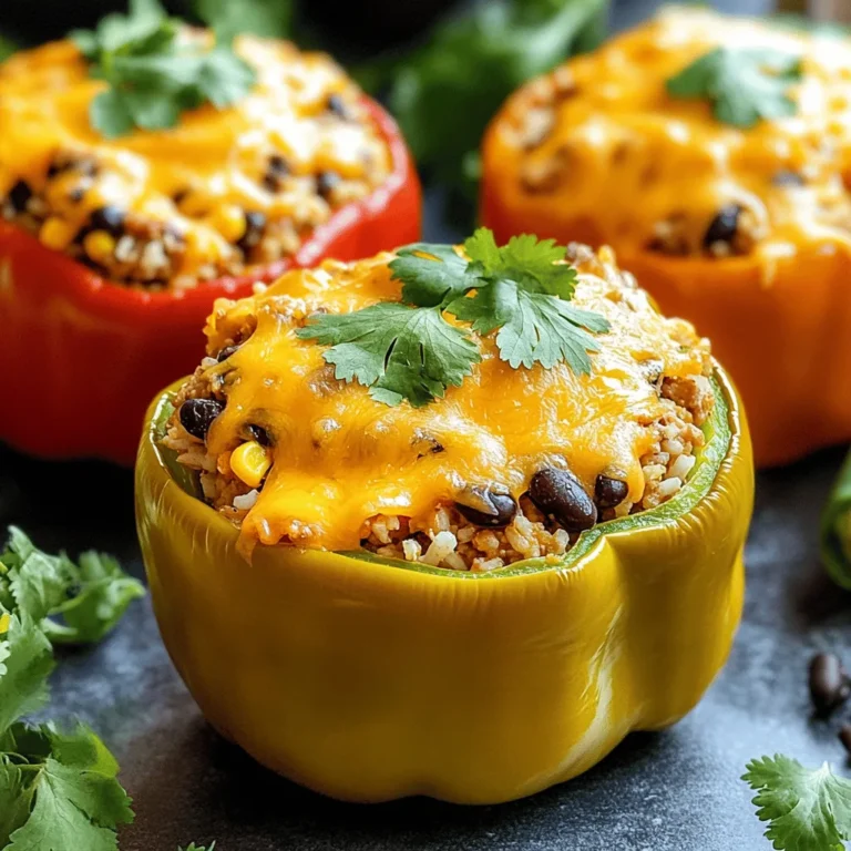 - Bell peppers and their colors: You can use four large bell peppers. Choose any color you like: red, yellow, green, or orange. Each adds its own taste and look to the dish. - Protein options: For the filling, you can select either ground turkey or beef. Both options will give you a hearty and satisfying meal. - Base ingredients: You will need one cup of cooked rice. You can use either white or brown rice. Additionally, add one cup of black beans, rinsed and drained, and one cup of corn. You can choose fresh, frozen, or canned corn. - Flavor enhancers: To boost the flavor, use one cup of salsa. You can pick your favorite brand or make it homemade. Also, add one tablespoon of taco seasoning. You can use store-bought or make your own. - Toppings: For the top of the peppers, use one cup of shredded cheddar cheese. This cheese gives a nice gooey texture. You can add extra cheese for a more decadent touch. Fresh cilantro is a great garnish, adding color and a bit of fresh flavor. You can find the full recipe in the earlier sections of this article. Happy cooking! Preheat the oven to 375°F (190°C). This helps cook the peppers evenly. While it heats, grab a baking dish. Set it aside for the stuffed peppers. Prepare the bell peppers by slicing the tops off. Remove the seeds and membranes, which can taste bitter. Brush each pepper with olive oil. This adds flavor and helps them roast nicely. Place the peppers upright in the baking dish. Cook the meat in a large skillet over medium heat. Add 1 pound of ground turkey or beef. Break it apart with a spatula as it cooks. Make sure it browns well. Once cooked, drain any excess fat. This keeps the filling lean and tasty. Next, add rice, black beans, corn, salsa, and seasoning to the skillet. Use 1 cup of cooked rice, 1 cup of rinsed black beans, and 1 cup of corn. Pour in 1 cup of salsa and 1 tablespoon of taco seasoning. Sprinkle some salt and pepper too. Mix everything well. Simmer the mixture for about 5 minutes. This lets the flavors meld together, making the filling more delicious. Stir it occasionally to avoid sticking. Now, mix in half of the shredded cheddar cheese. This makes the filling creamy and rich. Remove the skillet from heat. Stuff the peppers by spooning the mixture into each one. Press down gently to pack it in well. This ensures every bite is full of flavor. Top with more cheese by sprinkling the remaining cheddar over each filled pepper. It will melt and brown nicely while baking. Bake the peppers by covering the baking dish with aluminum foil. Place it in the oven for 25-30 minutes. In the last 10 minutes, remove the foil. This helps the cheese bubble and turn golden. Once done, cool the peppers for a few minutes before serving. The filling will be very hot. If you like, garnish with fresh cilantro for extra flavor. Enjoy your taco stuffed bell peppers! Remember, you can find the full recipe above for all the details. How to choose fresh bell peppers: Pick bell peppers that are firm and shiny. Look for smooth skin with no blemishes. A good pepper feels heavy for its size. Colors like red, yellow, and orange are sweeter. Green peppers are a bit more bitter. All colors work well in this dish. Ensuring optimal cooking temperature and timing: Set your oven to 375°F (190°C) before you start cooking. This temperature helps the peppers cook evenly. Bake them for 25-30 minutes. In the last 10 minutes, uncover the dish to let the cheese brown. Suggestions for additional spices or ingredients: Add cumin or chili powder for an extra kick. You can also mix in diced tomatoes or jalapeños for more flavor. If you love heat, try adding some hot sauce to the filling. Offering a vegetarian option: For a vegetarian version, swap the meat for lentils or extra beans. You can use quinoa instead of rice for a healthy twist. This way, everyone can enjoy taco stuffed bell peppers! Plating ideas for presentation: Serve the peppers on a colorful platter. You can place them upright for a fun look. Add a dollop of sour cream on the side. Fresh cilantro on top adds a pop of green. Recommended side dishes for a complete meal: Pair your stuffed peppers with a fresh salad or tortilla chips. A side of guacamole or salsa also works great. These sides make the meal more fun and filling. For the full details, check out the Full Recipe! {{image_4}} You can mix up the protein in taco stuffed bell peppers. If you want a meatless option, try using black beans or lentils. They add great flavor and protein. For a twist, you can also use ground chicken or pork. When it comes to cheese, feel free to get creative. While cheddar is classic, you might try Monterey Jack or pepper jack for extra spice. You can also use cream cheese for a creamier filling. For salsa, any kind works! Chunky salsa adds texture, while smooth salsa blends in. You can even make your own with fresh tomatoes, onions, and peppers. Grilling adds a smoky flavor. Wrap the stuffed peppers in foil and place them on the grill. Cook for about 15 to 20 minutes until tender. You can also use a slow cooker. Place the stuffed peppers in the slow cooker with a bit of sauce. Cook on low for 4 to 6 hours for a hands-off approach. If you need a quick meal, the microwave is your friend. Just place the stuffed peppers in a microwave-safe dish. Cover with a lid or plastic wrap. Heat for about 5 to 7 minutes, checking for doneness. Using seasonal veggies makes your dish brighter. In summer, add fresh zucchini or corn. In fall, consider adding diced sweet potatoes or pumpkin. These add flavor and nutrition. For holidays, you can theme your peppers. For Halloween, use orange peppers and stuff them with spicy fillings. For Christmas, use red and green peppers and add festive spices. It’s a fun way to celebrate! For the full recipe, check out [Full Recipe]. To store leftovers, place the stuffed peppers in an airtight container. This keeps them fresh and tasty. You can keep them in the fridge for up to three days. Make sure they cool down first to avoid steam build-up. If you want to save some for later, freezing is a great option. Wrap each stuffed pepper tightly in plastic wrap. Then, place them in a freezer-safe bag. They can last for up to three months in the freezer. When you’re ready to eat, thaw them overnight in the fridge. To reheat, bake at 350°F (175°C) for about 25 minutes, or until heated through. For easy meal prep, you can cook a big batch in advance. Make the filling and stuff the peppers ahead of time. Store them in the fridge for two days before baking. This way, you can have a quick meal ready on busy nights. You can also use different colors of bell peppers for fun and variety. What can I substitute for rice in the recipe? You can use quinoa or cauliflower rice instead of regular rice. Quinoa adds protein and fiber. Cauliflower rice keeps it low-carb. Both options work well and keep the dish tasty. How do I know when the peppers are fully cooked? The peppers should be tender but not mushy. You can poke them with a fork. If they give easily but hold their shape, they are ready. The cheese should be melted and bubbly on top too! Caloric content and portion sizes Each stuffed pepper is about 300 calories. This includes the filling and toppings. If you use ground turkey, it may be lower in calories. Adjust the portion size based on your hunger. Health benefits of ingredients used Bell peppers are rich in vitamins A and C. They help boost your immune system. Black beans provide protein and fiber, promoting good digestion. Corn adds vitamins and a sweet crunch. What drinks pair well with taco stuffed bell peppers? A refreshing drink like lemonade or iced tea works great. For adults, a light beer or margarita adds fun. Choose drinks that balance the spice of the peppers. Can taco stuffed bell peppers be made in advance for gatherings? Yes! You can prepare the stuffed peppers ahead of time. Just store them in the fridge. Bake them when your guests arrive. They will taste fresh and hot from the oven! For the full recipe, check the earlier section. Taco stuffed bell peppers are fun and easy to make. We covered the key ingredients, steps, and helpful tips for a great dish. You learned how to mix flavors and pack ingredients for maximum yum. With ideas for storage and meal prep, you’re ready to enjoy these peppers anytime. Get creative with variations to keep things fresh. Whether for a family dinner or a gathering, these peppers can impress. Happy cooking!