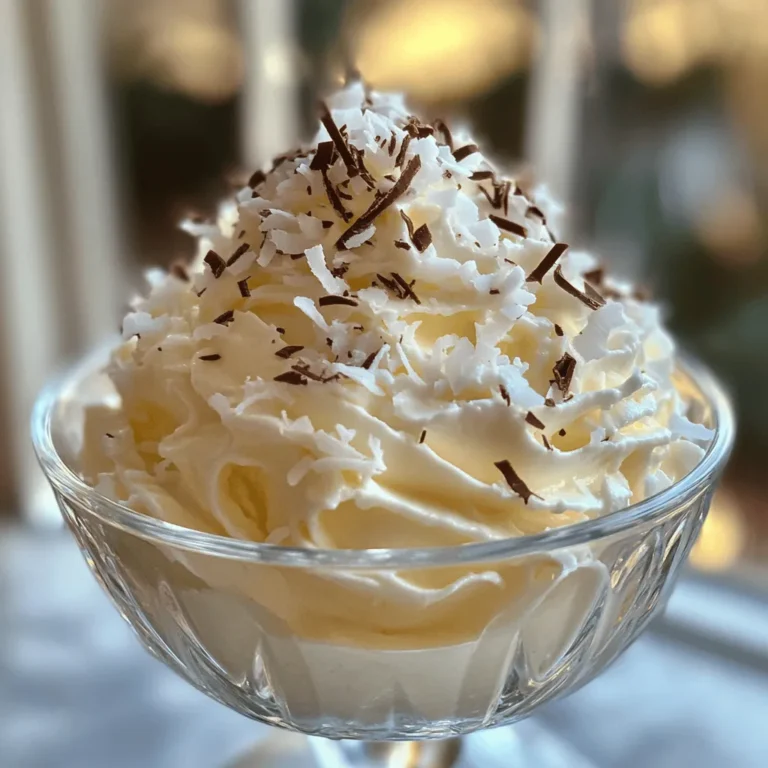 - 1 can (13.5 oz) full-fat coconut milk, chilled overnight - 2 tablespoons powdered sugar - 1 teaspoon pure vanilla extract - Pinch of sea salt - Mixing bowl - Electric mixer - Measuring spoons - Airtight container Coconut whipped cream shines in many desserts. You only need a few key items to make it. First, the coconut milk has to be full-fat. This gives the cream a rich and creamy texture. Chilling the can overnight makes a big difference. The chilled coconut milk separates into a thick cream and a watery layer. Use just the cream for the best results. Add powdered sugar to sweeten it. The vanilla extract brings out the flavor, while a pinch of sea salt balances it. To prepare your kitchen, grab your mixing bowl and electric mixer. Chill them in the freezer for ten minutes. This helps the cream whip better and makes it fluffy. Don’t forget to measure your ingredients accurately. This ensures the right taste and texture for your coconut whipped cream. This recipe is both simple and rewarding. You can find the full recipe in the article to guide you step by step. - Chill mixing bowl and beaters. - Gather all ingredients. Start by placing your mixing bowl and beaters in the freezer for about 10 minutes. This helps the coconut cream whip up light and fluffy. While they chill, get all your ingredients ready. You will need full-fat coconut milk, powdered sugar, vanilla extract, and sea salt. Having everything in one place makes the process smooth. - Open the can of coconut milk. - Scoop out the solidified cream. Carefully open the can of coconut milk after chilling. You will see that the cream rises to the top. Scoop out only the solidified cream, leaving the coconut water in the can. Don’t throw the water away! You can use it in smoothies or other recipes. - Combine ingredients in the mixing bowl. - Whip until soft peaks form. In your chilled mixing bowl, mix together the scooped coconut cream, powdered sugar, vanilla extract, and sea salt. Start whipping the mixture with your electric mixer on medium-high speed. Do this for about 2 to 4 minutes. Keep going until soft peaks form. This means your cream is light and fluffy, ready to enjoy. If you want a sweeter cream, slowly add more powdered sugar. Mix well after each addition until it tastes just right. You can serve it right away or store it in an airtight container in the fridge for up to 5 days. If it thickens, just re-whip it before serving. For the full recipe, refer to the Coconut Dream Whipped Cream section. Enjoy your delicious creation! Chilling your bowl and beaters is key. This step helps the coconut cream whip better. I chill them for about 10 minutes. If you skip this, the cream won’t whip as well. Avoid over-whipping. It can turn your cream grainy instead of fluffy. Stop whipping when you see soft peaks. This gives you a light and airy texture. To adjust sweetness, use powdered sugar. Start with two tablespoons. Taste the cream and add more if needed. This way, you can make it just right for you. You can also add spices or extracts. A dash of cinnamon or nutmeg can make it special. Try adding almond or coconut extract for extra flavor. If your coconut whipped cream is grainy, don't worry. Whipping too long can cause this. Just re-whip it gently until it smooths out. For taste adjustments, feel free to tweak the sweetness. Add more sugar if it’s not sweet enough. Mix well after each addition until you reach the flavor you love. Enjoy creating your delicious coconut whipped cream! For the full recipe, check out the Coconut Dream Whipped Cream recipe. {{image_4}} You can make your coconut whipped cream even more fun! Here are two easy ideas: - Adding cocoa powder for chocolate flavor: Just mix in 1 to 2 tablespoons of cocoa powder. This gives your whipped cream a rich chocolate taste. It’s great on cakes, pies, or even just by itself! - Incorporating fruit purees: Adding fruit purees like strawberry or mango can brighten your whipped cream. Use about 1 to 2 tablespoons of puree. This adds color and flavor, making it perfect for summer desserts. You can change the flavors based on the season. Here are some tasty ideas: - Pumpkin spice for a fall twist: Mix in 1 teaspoon of pumpkin spice. This gives a warm, cozy flavor that is perfect for autumn treats like pies and coffee. - Peppermint extract for holiday flair: Just add ½ teaspoon of peppermint extract. This makes your whipped cream fresh and minty, great for holiday desserts or hot cocoa! You can swap out powdered sugar for other sweeteners if you want. Here are two options: - Using maple syrup or honey: These natural sweeteners give a unique taste. Start with 1 to 2 tablespoons and adjust to your liking. - Sugar-free options for health-conscious recipes: You can use sugar substitutes like stevia or erythritol. This keeps your whipped cream tasty without the sugar! Feel free to experiment with these ideas! Your coconut whipped cream will always be a delight. For a full recipe, check out the Coconut Dream Whipped Cream. Store your coconut whipped cream in an airtight container. Glass jars work well for this. Make sure the lid seals tightly to keep out air. This helps the cream stay fresh longer. In the refrigerator, you can keep it for up to five days. Remember to label your container with the date for easy tracking. If your whipped cream thickens in the fridge, you can re-whip it easily. Just take it out and allow it to sit for a few minutes. Then, use your electric mixer on low speed. This will help restore its light and fluffy texture. If it still feels too thick, add a tiny bit of coconut milk or cream to loosen it up. For longer shelf life, always store it in an airtight container and avoid letting it sit out at room temperature. You can freeze coconut whipped cream for later use. To do this, scoop the whipped cream into an airtight container or freezer-safe bag. Make sure to leave some space at the top for expansion. It can last up to three months in the freezer. When you’re ready to use it, thaw it in the fridge overnight. After thawing, re-whip it to get back that delightful texture. You can use light coconut milk, but it won't whip well. Light coconut milk has less fat. The fat is key for a fluffy texture. Full-fat coconut milk gives the best results. Yes, this recipe is vegan-friendly. It uses only coconut milk and plant-based ingredients. There are no animal products in this recipe. You can enjoy it without worries. To make coconut whipped cream without a mixer, use a whisk. Start by chilling your bowl and coconut milk. Scoop out the solid cream into the bowl. Whisk it vigorously until it becomes fluffy. It takes more time, but it works! Coconut whipped cream is great on many treats. Use it on cakes, pies, or fruit. It adds a creamy touch to coffee or hot chocolate. You can also use it in smoothies or as a dip for snacks. You can find pre-made coconut whipped cream in health food stores. Many grocery stores now carry it too. Look in the dairy-free or plant-based section. Check the label to ensure it's made with coconut. You now know how to make delicious coconut whipped cream. We covered the key ingredients, tools, and step-by-step methods to create it perfectly. Remember to chill your bowls and be mindful of over-whipping for the best texture. You can even add fun flavors to match any season or occasion. Store it well in an airtight container, and you can enjoy it later. This treat works great as a topping or a dessert on its own. Enjoy your creamy delight and get creative with your flavors!