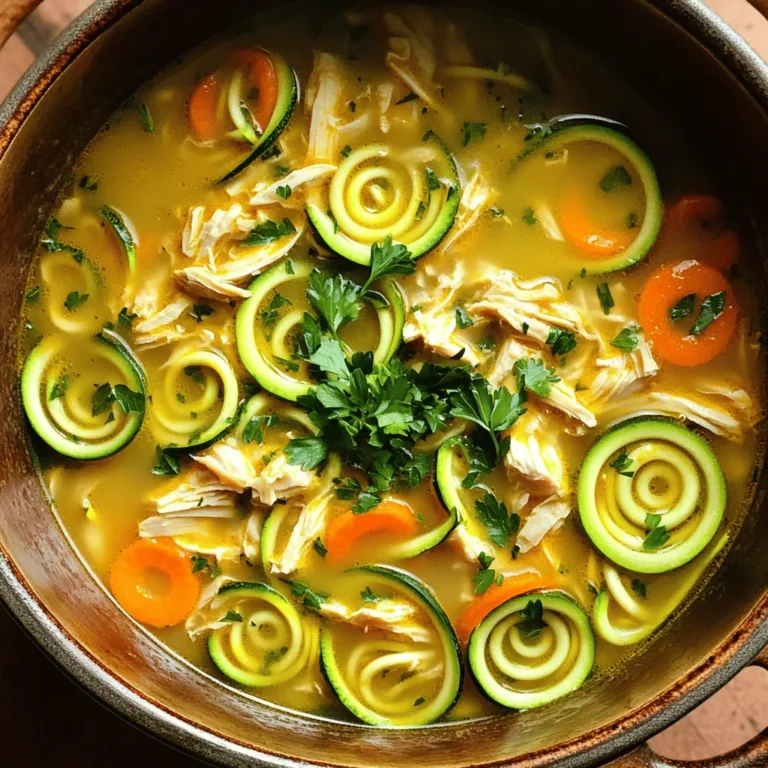To make a tasty Chicken Zoodle Soup, gather these fresh ingredients: - 2 medium zucchinis, spiralized into noodles (zoodles) - 1 pound boneless, skinless chicken breast, diced into bite-sized pieces - 4 cups low-sodium chicken broth - 1 medium onion, finely chopped - 2 cloves garlic, minced - 2 medium carrots, peeled and sliced into thin rounds - 1 celery stalk, diced into small pieces - 1 teaspoon dried thyme - 1 teaspoon dried oregano - 1 tablespoon extra virgin olive oil - Salt and freshly ground black pepper to taste - Fresh parsley, finely chopped (for garnish) You can also add optional toppings like grated cheese or a squeeze of lemon for extra flavor. Using fresh herbs adds a bright touch to your bowl. Each ingredient plays a role, from the chicken's protein to the zoodles' crunch. For the full recipe, check out the detailed steps to create this comforting dish. To make Chicken Zoodle Soup, start by preparing your zoodles. You can use a spiralizer to turn the zucchinis into long, thin noodles. If you don’t have a spiralizer, a vegetable peeler works too. Just slice the zucchini into thin strips. Next, chop your vegetables. Finely chop the onion and mince the garlic. Peel the carrots and slice them into thin rounds. Finally, dice the celery into small pieces. This will help the veggies cook evenly. Now, it’s time to cook the chicken and vegetables. In a large pot, heat one tablespoon of extra virgin olive oil over medium heat. When hot, add the chopped onion and minced garlic. Stir for about 2 minutes until they smell great. Then, add the sliced carrots and diced celery. Cook for 5 to 7 minutes until they soften. After the veggies soften, add the diced chicken to the pot. Sprinkle in one teaspoon each of dried thyme and oregano, along with salt and pepper to taste. Cook for another 5 to 7 minutes until the chicken is no longer pink. Then, pour in the low-sodium chicken broth. Turn the heat up to bring it to a boil. Once it boils, lower the heat and let it simmer for about 10 minutes. This allows all the flavors to blend well. Now comes the fun part! When your soup has simmered, it’s time to add the zoodles. Stir them into the broth and cook for an additional 3 to 5 minutes. You want them tender but still a bit firm, so check them often. After cooking, taste the soup. If it needs more flavor, add more salt or pepper to your liking. Finally, ladle the hot soup into bowls. Use fresh parsley to garnish each bowl for a pop of color. This step adds a fresh touch to your comforting meal. For the full recipe, make sure to check out the complete instructions. Enjoy your delicious Chicken Zoodle Soup! - How to make the best zoodles Start with firm zucchinis. Use a spiralizer to cut them into thin noodles. This gives the best texture. Avoid wet zucchinis; they can turn soggy. If needed, salt the zoodles and let them sit for 15 minutes to draw out moisture. Rinse and pat them dry before cooking. - Perfecting the soup flavor Use low-sodium chicken broth for a balanced taste. Fresh herbs like thyme and oregano add depth. Sauté your onions and garlic well to build a strong base flavor. Taste the soup as it cooks, adjusting salt and pepper for the perfect bite. - Avoiding mushy zucchini noodles Add zoodles towards the end of cooking. They only need 3 to 5 minutes to soften. Overcooking makes them mushy and less appealing. Keep them slightly firm for the best texture in your soup. - Ideal serving dishes Use warm, deep bowls to enhance the cozy feel of your soup. The depth keeps the soup hot longer. If you like, serve with a side of crusty bread or a light salad. - Accompaniments like bread or salad Crusty bread pairs well with this soup. It’s perfect for dipping. A fresh side salad can add crunch and flavor to your meal. Choose greens like spinach or arugula for a nice contrast. - Garnishing techniques for presentation Finish your soup with a sprinkle of fresh parsley. This adds color and freshness. A slice of lemon on the side can brighten the flavors, too. For a fun twist, add a few chili flakes for heat. For the complete method, check out the Full Recipe. {{image_4}} You can switch up the chicken for many options. Try turkey, tofu, or chickpeas for a plant-based meal. Each brings its own taste and texture to the soup. For those who want low-carb or dairy-free options, use vegetable broth instead of chicken broth. You can also replace the chicken with cauliflower or mushrooms. These choices keep the soup hearty and tasty. Want to add more veggies? Toss in spinach, bell peppers, or green beans. They add color and crunch to your bowl. To add spice and kick, consider cayenne pepper or red pepper flakes. Just a pinch can warm up your soup without being too hot. Herbs can change the flavor based on the season. In winter, use rosemary or sage. In summer, fresh basil and cilantro brighten the dish. You can also incorporate noodles or pasta for a different twist. Whole wheat pasta or rice noodles work well. They make the soup even more filling. For the full recipe, check out the details above. Enjoy experimenting with your Chicken Zoodle Soup! To keep your Chicken Zoodle Soup fresh, store it in the fridge. Use an airtight container. Make sure the soup cools first. This helps prevent condensation. You can freeze the soup if you want to store it longer. Use freezer-safe bags or containers. Leave some space at the top for expansion. To reheat, warm it on the stove over low heat. Stir often to avoid burning. You can also use the microwave. Heat in short bursts, stirring in between. In the fridge, your soup lasts about three to four days. If you freeze it, it can last up to three months. Just remember to label the containers with the date. Look for signs of spoilage. If the soup smells sour or has mold, it’s time to toss it. Always trust your senses; they guide you well. What are zoodles and how can they be made? Zoodles are zucchini noodles. You can make them by spiralizing zucchinis. Use a spiralizer or a peeler for thin strips. They are a great, low-carb alternative to pasta. Can I make Chicken Zoodle Soup ahead of time? Yes, you can make the soup ahead. Store it in the fridge for up to three days. Just add the zoodles when you're ready to eat. This keeps them fresh and firm. How do I prevent zoodles from becoming soggy? To keep zoodles from getting soggy, add them at the end of cooking. Only cook them for a few minutes. This way, they stay crisp and tasty. Can I use rotisserie chicken for this recipe? Absolutely! Rotisserie chicken saves time. Just shred or cube the chicken and add it to the soup. It adds a nice flavor boost, too. Is it possible to make this in a slow cooker? Yes, you can use a slow cooker. Cook the chicken and veggies on low for 4-6 hours. Add zoodles in the last 15 minutes to keep them tender. How do I make the soup gluten-free? To make the soup gluten-free, use gluten-free chicken broth. Ensure all added spices are also gluten-free. This way, everyone can enjoy your delicious Chicken Zoodle Soup. For a full recipe, check out the [Full Recipe]. You now have a clear guide to making Chicken Zoodle Soup. We covered the key ingredients, preparation steps, and cooking instructions. I shared useful tips to keep your zoodles from turning mushy and ways to enhance the flavor. Remember, you can customize your soup with ingredient swaps to fit your needs. Store leftovers properly to enjoy later. Cooking doesn’t have to be complicated. Experiment and have fun with this recipe. Your kitchen can be a place of creativity and health. Enjoy your tasty, homemade soup!