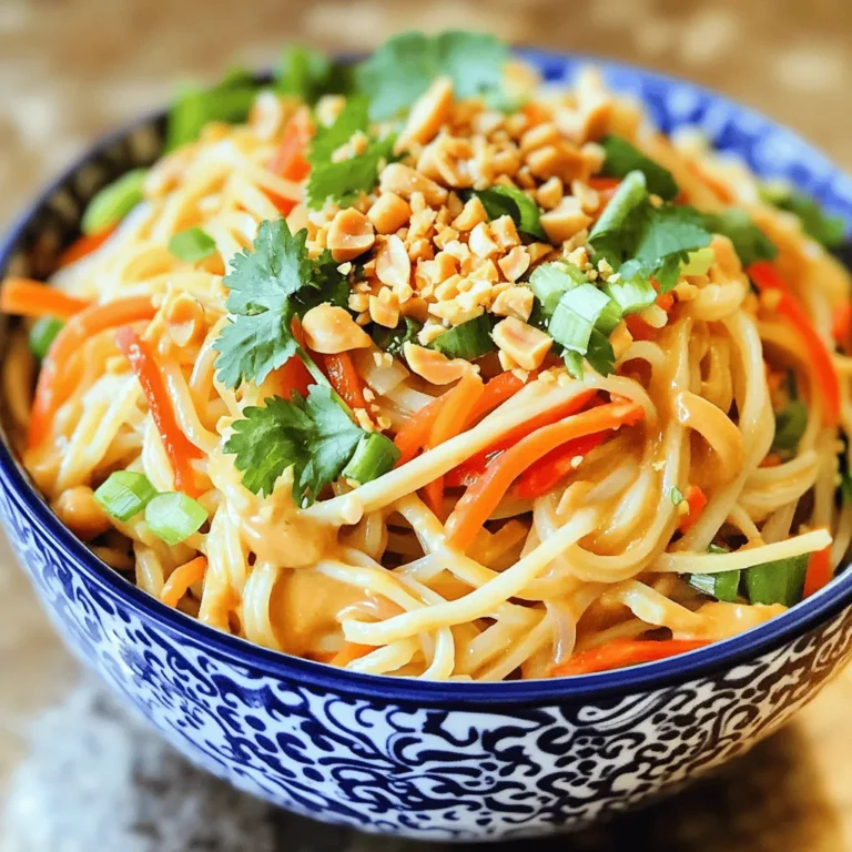 - 8 oz rice noodles - 1/2 cup creamy peanut butter - 1/4 cup soy sauce - 2 tablespoons freshly squeezed lime juice - 2 tablespoons honey or agave syrup - 1 tablespoon sesame oil - 2 cloves garlic, finely minced - 1 teaspoon freshly grated ginger - 1 cup shredded carrots - 1 red bell pepper, thinly sliced - 1/4 cup green onions, chopped (plus extra for garnish) - 1/4 cup crushed peanuts (for garnish) - Fresh cilantro leaves (for garnish) These ingredients form the heart of Easy Thai Peanut Noodles. Each one adds a unique flavor. The rice noodles serve as a soft base. Creamy peanut butter gives richness. Soy sauce adds saltiness. Lime juice brightens the dish. Honey or agave syrup adds a touch of sweetness. You can also add more taste with garlic and ginger. Shredded carrots and bell peppers add crunch and color. The green onions and peanuts provide a nice finish. Don't forget the fresh cilantro for a pop of freshness! - Protein options: chicken, shrimp, or tofu - Vegetables: snap peas, broccoli, or bell peppers Feel free to mix it up! Adding chicken, shrimp, or tofu boosts the protein. You can toss in snap peas or broccoli for extra greens. Explore different flavors based on what you enjoy! For the complete guide to making Easy Thai Peanut Noodles, refer to the full recipe above. - Boil a pot of water and add 8 oz of rice noodles. - Cook the noodles as per the package instructions, about 4-6 minutes. - Once they are tender, drain and rinse the noodles under cold water. This stops cooking and helps prevent sticking. - In a medium bowl, combine 1/2 cup creamy peanut butter, 1/4 cup soy sauce, 2 tablespoons lime juice, 2 tablespoons honey, 1 tablespoon sesame oil, 2 minced garlic cloves, and 1 teaspoon grated ginger. - Whisk the mixture until it is smooth and well mixed. If the sauce is thick, add warm water a little at a time until you reach the right consistency. - In a large bowl, add the cooled, drained rice noodles, 1 cup shredded carrots, and 1 thinly sliced red bell pepper. - Use tongs or forks to gently mix the noodles and veggies until they are well combined. - Pour the peanut sauce over the noodles and veggies. Toss everything together to coat each piece in the rich sauce. Now you have a vibrant, tasty dish ready to enjoy! For the full recipe, check the section above. To make your sauce just right, start by tasting it. You can adjust the sweetness by adding more honey or syrup. If you want it saltier, add a touch more soy sauce. If you like heat, try adding chili flakes or sriracha. Just a little can change the game! Cooking noodles well is key. When boiling, set a timer for 4-6 minutes, based on the package. Once done, rinse them under cold water. This stops the cooking and helps reduce stickiness. Trust me; it makes a big difference! How you serve your noodles matters. I love placing them on fresh lettuce leaves. It adds color and crunch! You can also garnish with lime wedges or extra cilantro. These small touches make your dish look fabulous! {{image_4}} You can easily make this dish vegetarian. Here are a couple of ideas: - Use vegetable broth instead of chicken broth. This change keeps the flavor rich and full. - Explore different vegetable combinations, like zucchini, bell peppers, or snap peas. Feel free to mix and match what you like. Want to switch things up? Here are some fun options: - Incorporate different nut butters, like almond or cashew butter. Each nut brings a unique taste. - Try adding sesame seeds for crunch. They add texture and a nutty flavor that pops! You can also modify the dish for different diets: - For a gluten-free version, use rice noodles or bean noodles. These options work great and taste amazing. - If you want low-calorie options, reduce the peanut butter or honey. You still get a great taste without the extra calories. Feel free to experiment with these variations to make this dish your own! For the complete guide, check out the Full Recipe above. To keep your Easy Thai Peanut Noodles fresh, place them in an airtight container. Store the container in the refrigerator. These noodles taste best when eaten within 3-4 days. After that, their quality may drop. Always check for any signs of spoilage before serving leftovers. If you want to save some for later, freezing is a great option. To keep the texture nice, freeze the noodles without any garnishes. When you're ready to enjoy them, simply reheat and add fresh ingredients. This way, you get that great taste again! Yes, feel free to substitute with other noodles like soba or udon. Each type brings its own taste. Soba noodles are nutty, while udon is chewy and thick. You can choose based on your preference. Add red pepper flakes or sriracha for heat. Start with a little, then taste. You can always add more spice if needed. This will give your dish a nice kick. Yes, it can be made in advance for quick meals throughout the week. Store it in an airtight container. This way, you can grab it for lunch or dinner. Pair with spring rolls or a light salad for a complete meal. Both sides add crunch and freshness. You can also serve it with steamed veggies for a balanced plate. Substitute soy sauce with tamari or coconut aminos for a gluten-free option. Both choices work well in the sauce. This keeps the flavor but removes the gluten. For the complete guide to making Easy Thai Peanut Noodles, refer to the full recipe above. This blog post outlined the key ingredients, step-by-step instructions, and helpful tips for making Easy Thai Peanut Noodles. We explored variations, storage info, and answered common questions. With your newfound knowledge, you can customize this dish to fit your tastes and dietary needs. Don’t hesitate to experiment and make it your own. Enjoy creating a tasty meal that suits you!