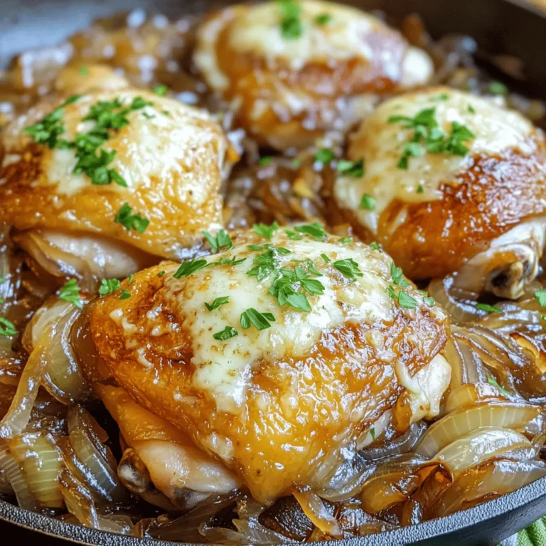 To make a delicious French Onion Chicken Skillet, gather the following ingredients: - 4 boneless, skinless chicken thighs - 2 large onions, thinly sliced - 2 cloves garlic, minced - 1 teaspoon dried thyme - 1 teaspoon balsamic vinegar - 1 cup low-sodium chicken broth - 1 cup shredded Gruyère cheese - 2 tablespoons olive oil - Salt and pepper to taste - Fresh parsley, chopped for garnish These ingredients create a rich and savory dish. The chicken thighs are juicy and tender, while the onions add sweetness. Gruyère cheese melts beautifully, giving a creamy texture. The garlic and thyme bring depth, and a splash of balsamic vinegar adds a nice tang. This combination makes each bite a delight. You can find the full recipe in the next section. Enjoy cooking! First, gather all your ingredients. This makes cooking easier and faster. You will need: - 4 boneless, skinless chicken thighs - 2 large onions, thinly sliced - 2 cloves garlic, minced - 1 teaspoon dried thyme - 1 teaspoon balsamic vinegar - 1 cup low-sodium chicken broth - 1 cup shredded Gruyère cheese - 2 tablespoons olive oil - Salt and pepper to taste - Fresh parsley, chopped for garnish Choosing the right skillet is key. I recommend a large, heavy skillet. This helps cook the chicken evenly. A non-stick skillet works well too, as it prevents sticking. Start by heating the olive oil over medium heat. Season your chicken thighs with salt and pepper on both sides. Once the oil shimmers, add the chicken. Sear each side for about 5-7 minutes. Look for a nice golden brown color. Once cooked, move the chicken to a plate. In the same skillet, toss in the thinly sliced onions. Sauté them for around 10 minutes. Stir often to avoid burning. You want them tender and caramelized, turning a deep golden-brown. Next, add the minced garlic and dried thyme. Stir for one more minute. This brings out the flavors. After that, pour in the chicken broth and balsamic vinegar. Use a wooden spoon to scrape the browned bits from the skillet. This adds depth to your dish. Now, gently return the chicken to the skillet. Nestle it into the onion mixture. Let everything simmer for about 5 minutes. This allows the flavors to mix well. Sprinkle the shredded Gruyère cheese evenly over the chicken and onions. Cover the skillet with a lid. Cook for another 3-5 minutes until the cheese is melted and bubbly. Remove the skillet from heat. Garnish with chopped parsley for a pop of color. For serving, I suggest bringing the skillet to the table. It looks rustic and inviting. Pair it with crusty bread to soak up the tasty juices. Enjoy your delicious French Onion Chicken Skillet! For the full recipe, check the earlier section. - To sear chicken perfectly, start with a hot skillet. - Use olive oil to coat the pan. - Season the chicken well with salt and pepper. - Sear each side for about 5-7 minutes. - Look for a golden color to know it's ready. - For onions, slice them thinly for even cooking. - Cook them low and slow to caramelize. - Stir often to prevent burning. - Aim for a deep golden-brown color. - Fresh thyme pairs well, adding a bright note. - A pinch of smoked paprika gives depth. - Try a bit of rosemary for a woodsy flavor. - You can also add a splash of white wine for richness. - Pair this dish with crusty bread for dipping. - A fresh green salad brings a nice contrast. - Mashed potatoes or rice can soak up the sauce well. - Serve the dish right from the skillet for a rustic feel. - Use a large spoon to scoop out portions. - Add a sprinkle of parsley on top for color. - For a cozy touch, place a loaf of bread on the table. - Use a wooden board for a charming display. - A side of cheese can elevate the meal further. This dish is a heartwarming blend of flavors, and these tips will help you shine in the kitchen. Check out the Full Recipe to get started! {{image_4}} You can easily switch up the cheese in this dish. Gruyère is rich and nutty, but you might try Swiss or mozzarella. Both give a nice melt. They will alter the taste slightly, but they will still be delicious. For chicken, you don't have to stick to thighs. You can use boneless breasts or even tenders. Just remember, cooking times will change. Breasts may cook faster, so keep an eye on them to avoid dryness. If you need a gluten-free option, this recipe is easy to modify. Make sure your chicken broth is gluten-free. All other ingredients are naturally gluten-free. For vegetarian versions, replace the chicken with hearty vegetables. Try using mushrooms or eggplant for a satisfying bite. You can also use firm tofu, which takes on flavors well. The cooking times may vary, so adjust as needed. Want to add more veggies? Bell peppers and spinach work great in this dish. They add color and nutrition. Just sauté them along with the onions for a tasty mix. You can also adjust the spice level. Add red pepper flakes for heat or fresh herbs for a fresh taste. Thyme is great, but rosemary or basil can add a new twist. Play around with what you like best! To keep your French Onion Chicken Skillet fresh, store it in the fridge. Place the dish in an airtight container. This keeps the flavors intact and prevents spoilage. You can store it for up to four days. When reheating, use the stovetop or microwave. If using the stovetop, add a splash of chicken broth to keep the dish moist while warming. For long-term storage, freezing is your best option. Allow the dish to cool completely first. Then, transfer it to a freezer-safe container or bag. This dish can be frozen for up to three months. When you're ready to enjoy it, thaw it in the fridge overnight. To reheat, place it in a skillet over low heat until warmed through. Stir occasionally to ensure even heating. Leftovers in the fridge last about four days. Always check for signs of spoilage. If you see any mold or off smells, it’s best to toss it. If the chicken looks dry or discolored, that’s also a sign it’s past its prime. Always trust your senses. Keeping your food safe is key to enjoying your delicious meal! How to make French Onion Chicken Skillet at home? To make French Onion Chicken Skillet, gather the ingredients first. You need chicken thighs, onions, garlic, thyme, balsamic vinegar, chicken broth, Gruyère cheese, olive oil, salt, and pepper. Heat olive oil in a skillet. Season the chicken with salt and pepper, then sear it until golden brown. Cook the onions until caramelized. Add garlic and thyme, then stir in broth and vinegar. Return chicken to the skillet, cover with cheese, and let it melt. For the full recipe, check the earlier section. What can I serve with French Onion Chicken Skillet? This dish pairs well with crusty bread. The bread soaks up the tasty juices. You can also serve it with a fresh salad. A green salad with light dressing complements the rich flavors. Roasted vegetables can add color and texture to your meal. Can I use boneless chicken breasts instead of thighs? Yes, you can use boneless chicken breasts. They will cook faster than thighs. Thighs have more flavor and stay juicy, but breasts can work too. Just make sure to adjust the cooking time. What’s the best way to caramelize onions? To caramelize onions, slice them thinly and heat olive oil in a skillet. Add the onions and a pinch of salt. Stir often and cook on medium heat. Let them cook for about 10-15 minutes. Patience is key! The onions will turn a nice golden brown. This brings out their natural sweetness. How do I know when the chicken is fully cooked? The chicken is fully cooked when it reaches an internal temperature of 165°F (75°C). You can check this with a meat thermometer. The juices should run clear, not pink. If you cut into it, the meat should be opaque. What types of cheese work best for this recipe? Gruyère cheese is the star of this dish. It melts beautifully and adds a rich flavor. You can also try Swiss cheese for a milder taste. Mozzarella can work if you prefer a stretchier cheese. Can I use fresh herbs instead of dried thyme? Yes, you can use fresh herbs instead of dried thyme. Fresh thyme has a brighter flavor. Use about three times the amount of fresh herbs. This means use three teaspoons of fresh thyme for every teaspoon of dried. This blog post provided a clear guide for making a tasty French Onion Chicken Skillet. We discussed the key ingredients, cooking steps, and helpful tips. I shared some great variations to suit your taste. You can easily store leftovers for later use. Remember, cooking is about experimenting and enjoying the process. You now have the tools to make this dish your own. Happy cooking, and enjoy every bite!